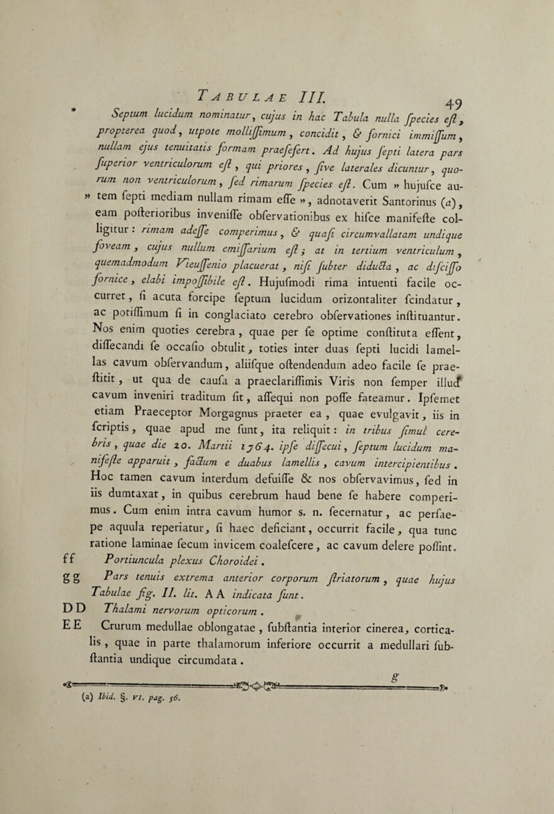 49 SePtum l“Tidum nominatur, cujus in hac Tabula nulla fpecies eft, propterea quod, utpote mollijjimum , concidit, & fornici immijfum , nuUam ejus tenuitatis formam praefefert. Ad hujus fepti latera pars fuperior ventriculorum eft , qui priores , five laterales dicuntur, quo- rum non ventriculorum, /*/ /ww/wn fpecies eft. Cum » hujufce au- » tem fepti mediam nullam rimam efte », adnotaverit Santorinus (a), eam pofterioribus invenifle obfervationibus ex hifce manifefte col¬ ligitur . rimam adejfe comperimus, luafi circumvallatam undique foveam , cujus nullum emiffarium eft; at in tertium ventriculum , quemadmodum Vieujfenio placuerat , nift fubter diducla , ac difcijfo fornice, elabi impojjibile eft. Hujufmodi rima intuenti facile oc¬ curret , fi acuta forcipe fepturn lucidum orizontaliter fcindatur , ac potiffimum fi in conglaciato cerebro obfervationes inflituantur. Nos enim quoties cerebra, quae per fe optime conftituta effent, diffecandi fe occafio obtulit, toties inter duas fepti lucidi lamel¬ las cavum obfervandum, aliifque offendendum adeo facile fe prae¬ iit , ut qua de caufa a praeclariffimis Viris non femper illucf cavum inveniri traditum fit, affequi non poffe fateamur. Ipfemet etiam Praeceptor Morgagnus praeter ea, quae evulgavit, iis in fcriptis, quae apud me funt, ita reliquit: in tribus ftmul cere¬ bris) quae die zo. Martii ij64. ipfe dijfecui, fepturn lucidum ma- nifefie apparuit , facium e duabus lamellis, cavum intercipientibus. Hoc tamen cavum interdum defuiffe & nos obfervavimus, fed in iis dumtaxat, in quibus cerebrum haud bene fe habere comperi¬ mus . Cum enim intra cavum humor s. n. fecernatur, ac perfae- pe aquula reperiatur, fi haec deficiant, occurrit facile, qua tunc ratione laminae fecum invicem coalefcere , ac cavum delere poflint. f f Portiuncula plexus Choroidei . gg Pars tenuis extrema anterior corporum ftriatorum , quae hujus Tabulae ftg. II. Ut. A A indicata funt. D D Thalami nervorum opticorum . E E Crurum medullae oblongatae, fubftantia interior cinerea, cortica¬ lis , quae in parte thalamorum inferiore occurrit a medullari fub¬ ftantia undique circumdata . „_ _ _ S