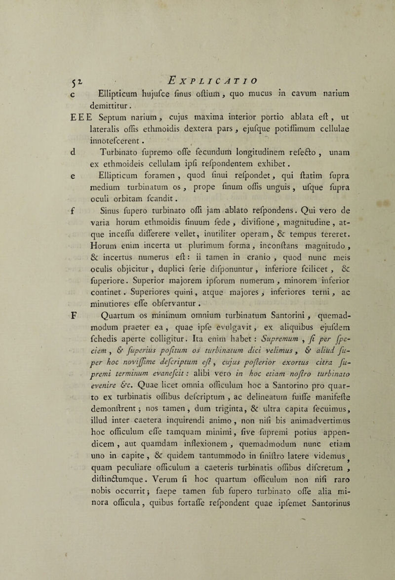 51 Explicatio c Ellipticum hujufce linus odium, quo mucus in cavum narium demittitur. E E E Septum narium , cujus maxima interior portio ablata eft , ut lateralis offis ethmoidis dextera pars, ejufque potiffimum cellulae innotefcerent . d Turbinato fupremo offe fecundum longitudinem refe&o , unam ex ethmoideis cellulam ipfi refpondentem exhibet. e Ellipticum foramen, quod iinui refpondet, qui ftatim fupra medium turbinatum os , prope finum offis unguis, ufque fupra oculi orbitam fcandit. f Sinus fupero turbinato offi jam ablato refpondens. Qui vero de varia horum ethmoidis linuum fede , divilione , magnitudine , at¬ que inceffu diffierere vellet, inutiliter operam, & tempus tereret. Horum enim incerta ut plurimum forma, inconftans magnitudo , & incertus numerus eft: ii tamen in cranio , quod nunc meis oculis objicitur , duplici ferie difponuntur , inferiore fcilicet , & fuperiore. Superior majorem ipforum numerum, minorem inferior continet. Superiores quini, atque majores, inferiores terni, ac minutiores effe obfervantur . F Quartum os minimum omnium turbinatum Santorini , quemad¬ modum praeter ea , quae ipfe evulgavit, ex aliquibus ejufdem fchedis aperte colligitur. Ita enim habet: Supremum , Ji per fpe- ciem , & fuperius pojitum os turbinatum dici velimus , & aliud fu- per hoc novijfime defcripium efl, cujus pojlerior exortus citra fu- premi terminum evanefcit: alibi vero in hoc edam noflro turbinato evenire &c. Quae licet omnia officulum hoc a Santorino pro quar¬ to ex turbinatis offibus defcriptum , ac delineatum fuiffe manifefle demonlfrent j nos tamen, dum triginta, & ultra capita fecuimus, illud inter caetera inquirendi animo , non nili bis animadvertimus hoc officulum effe tamquam minimi, live fupremi potius appen¬ dicem , aut quamdam inflexionem , quemadmodum nunc etiam uno in capite , & quidem tantummodo in liniffro latere videmus quam peculiare officulum a caeteris turbinatis offibus difcretum , diftin£himque. Verum li hoc quartum officulum non nili raro nobis occurrit faepe tamen fub fupero turbinato offe alia mi¬ nora officula, quibus fortaffe refpondent quae ipfemet Santorinus