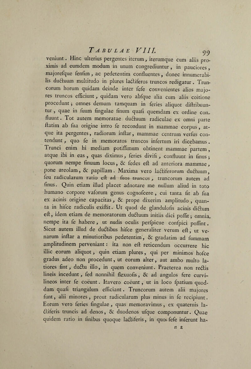 veniunt. Hinc ulterius pergentes iterum, iterumque cum aliis pro¬ ximis ad eumdem modum in unum congrediuntur, in pauciores , majorefque fenfim , ac pedetentim confluentes, donec innumerabi¬ lis du&uum multitudo in plures ladliferos truncos redigatur. Trun¬ corum horum quidam deinde inter fefe convenientes alios majo¬ res truncos efficiunt, quidam vero abfque alia cum aliis coitione procedunt j omnes demum tamquam in feries aliquot diflribuun- tur , quae in fuum lingulae finum quafi quemdam ex ordine con¬ fluunt. Tot autem memoratae du&uurn radiculae ex omni parte liatim ab fua origine intro fe recondunt in mammae corpus , at¬ que ita pergentes, radiorum inflar, mammae centrum verfus con¬ tendunt , quo fe in memoratos truncos infertum iri dicebamus. Trunci enim hi mediam potiffimum obtinent mammae partem, atque ibi in eas , quas diximus, feries divifi, confluunt in finus; quorum nempe finuum locus, & fedes efl ad anteriora mammae, pone areolam, & papillam. Maxima vero la£liferorum dudluum, feu radicularum ratio efl ad fuos truncos , truncorum autem ad finus. Quin etiam illud placet adnotare me nullum aliud in toto humano corpore vaforum genus cognofcere , cui tanta fit ab fua ex acinis origine capacitas, & prope dixerim amplitudo , quan¬ ta in hifce radiculis exiflit. Ut quod de glandulofis acinis di£lum efl, idem etiam de memoratorum du£luum initiis dici poffit; omniar nempe ita fe habere, ut nudis oculis perfpicue confpici poffint. Sicut autem illud de dudlibus hifce generaliter verum efl, ut ve¬ narum inflar a minutioribus pedetentim , & gradatim ad fummam amplitudinem perveniant: ita non efl reticendum occurrere hic illic eorum aliquot, quin etiam plures, qui per minimos hofce gradus adeo non procedunt, ut eorum alter, aut ambo multo la¬ tiores fint, du£lu illo, in quem conveniunt. Praeterea non re<51is lineis incedunt, fed nonnihil flexuofis, & ad angulos fere curvi- lineos inter fe coeunt. Itavero coeunt, ut in loco fpatiuin quod¬ dam quafi triangulum efficiant. Truncorum autem alii majores funt, alii minores , prout radicularum plus minus in fe recipiunt. Eorum vero feries lingulae, quas memoravimus, ex quaternis la- 6liferis truncis ad denos, & duodenos ufque componuntur. Quae quidem ratio in finibus quoque ladiferis, in quos fefe inferunt ha- n z