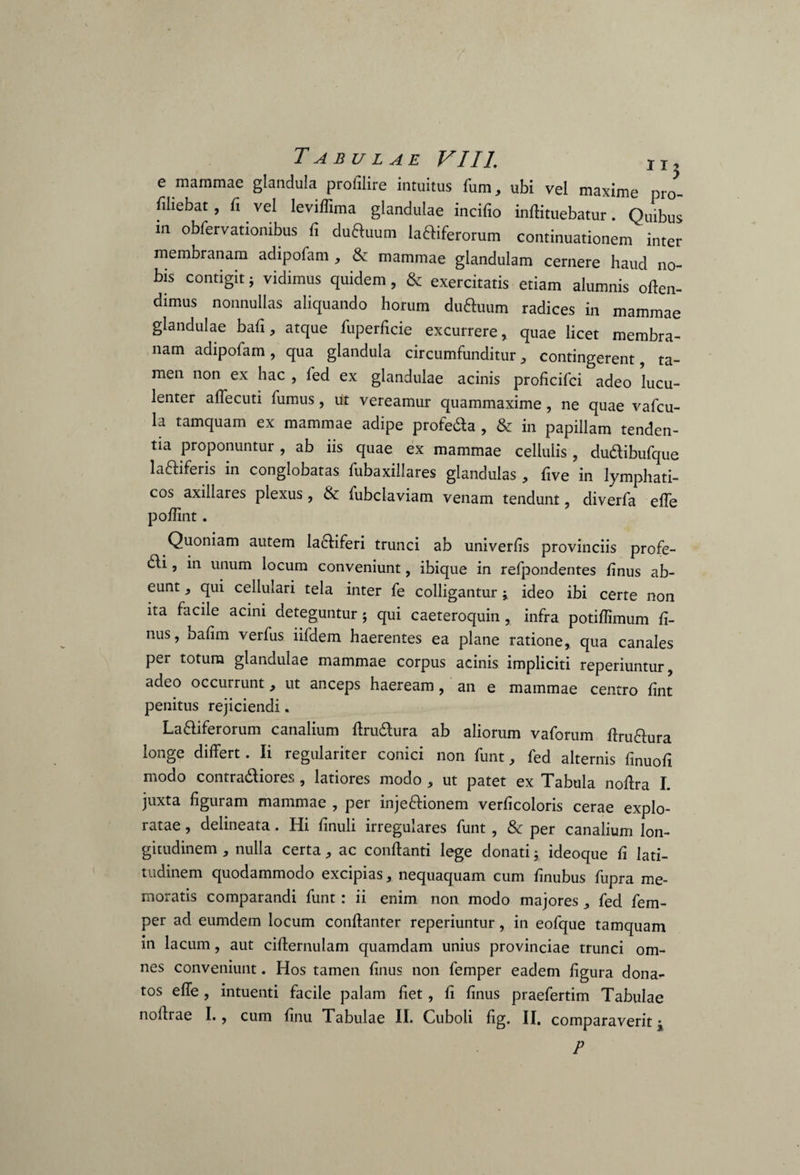 e mammae glandula prolilire intuitus fum, ubi vel maxime pro- filiebat , fi vel leviffima glandulae incifio inftituebatur. Quibus in obfervationibus fi duftuum lacerorum continuationem inter membranam adipofam , tk mammae glandulam cernere haud no¬ bis contigit i vidimus quidem, & exercitatis etiam alumnis offen¬ dimus nonnullas aliquando horum daHuum radices in mammae glandulae bafi, atque fuperficie excurrere, quae licet membra¬ nam adipofam, qua glandula circumfunditur, contingerent, ta¬ men non ex hac , fed ex glandulae acinis proficifci adeo lucu¬ lenter affecuti fumus, ut vereamur quammaxime, ne quae vafcu- la tamquam ex mammae adipe profe&a , & in papillam tenden¬ tia proponuntur , ab iis quae ex mammae cellulis , dudibufque laftiferis in conglobatas fubaxillares glandulas , five in lymphati¬ cos axillares plexus, & fubclaviam venam tendunt, diverfa effe poffint. Quoniam autem lactiferi trunci ab univerfis provinciis profe- 6U , in unum locum conveniunt, ibique in refpondentes finus ab¬ eunt , qui cellulari tela inter fe colligantur; ideo ibi certe non ita facile acini deteguntur; qui caeteroquin, infra potiflimum fi¬ nus, oafim verfus iifdem haerentes ea plane ratione, qua canales per totum glandulae mammae corpus acinis impliciti reperiuntur, adeo occurrunt, ut anceps haeream, an e mammae centro fint penitus rejiciendi. Laaiferorum canalium ffru&ura ab aliorum vaforum ftru&ura longe differt. Ii regulariter conici non funt, fed alternis finuofi modo contractiores , latiores modo , ut patet ex Tabula noffra I. juxta figuram mammae , per injectionem verficoloris cerae explo¬ ratae , delineata. Hi finuli irregulares funt , 8c per canalium lon¬ gitudinem , nulla certa, ac conflanti lege donati j ideoque fi lati¬ tudinem quodammodo excipias, nequaquam cum finubus fupra me¬ moratis comparandi funt : ii enim non modo majores , fed fem- per ad eumdem locum conffanter reperiuntur, in eofque tamquam in lacum, aut ciflernulam quamdam unius provinciae trunci om¬ nes conveniunt. Hos tamen finus non femper eadem figura dona¬ tos effe, intuenti facile palam fiet, fi finus praefertim Tabulae noilrae I., cum finu Tabulae II. Cuboli fig. II, comparaverit • P