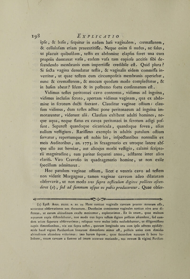 ipfe , & bafis, fequitur in eadem bafi vaginalem , cremafterem , & cellulofam etiam praeextitifle. Neque enim fi nudus, ac folus, ut placuit quibufdam , teftis ex abdomine elapfus foret una cum propriis dumtaxat vafis , eadem vafa tam copiofe accitis fibi de- fcendendo membranis eum impertiiflfe credibile eft. Quid plura? Si fe<5ta vagina denudatur teftis, & vaginalis eidem commifta in¬ vertitur , ut quae teftem cum circumpofitis membranis operiebat, nunc & cremafterem, & mucum quodam modo complectatur, in bafim abeat ? Idem & in poftremo foetu confirmatum eft. Vidimus teftes peritonaei cavo contentos, vidimus ad inguina, vidimus inclufos fcroto , apertam vidimus vaginam , qua ex abdo¬ mine in fcrotum duCti fuerant. Clauditur vaginae oftium: clau- fum vidimus * dum teftes adhuc pone peritonaeum ad inguina im¬ morarentur , viderunt alii. Claufum exhibent adulti homines , ne¬ que aqua, neque flatus ex cavea peritonaei in fcrotum adigi pof- funt. Supereft quandoque cicatricula, quandoque fovea , alias nullum veftigium. Rariflimo exemplo in adultis patulum oftium fervatur ; repertumque eft nobis bis , infpe&antibus nonnullis ex meis Auditoribus, an. 1773. in fexagenario ex utroque latere abf- que ullo aut herniae, aut alicujus morbi veftigio, calami fcripto- rii magnitudine; tum pariter fequenti anno, adftante inter alios clarifs. Viro Cravofio in quadragenario homine, ut non exile fpecillum admitteret. Hoc patulum vaginae oftium, licet e ventris cavo ad teftem non viderit Morgagnus, tamen vaginae caveam adeo dilatatam obfervavit, ut non modo tres fupra tefliculum digitos pollices afcen- deret (a) , fed ad fummum ufjue os pubis produceretur. Quae obfer- «t—t . ■■■ .s» (a) Epift. Anat. xliii. n. 22. 25. Hanc tunicae vaginalis caveam praeter naturam eft*e , accuratae obfervationes nos docuerunt. Duodecim continenter vaginales tunicas aere arte di- ftentas , ut earum altitudinem exafte metiremur, exploravimus . Ex iis unam , quae multum aquarum copia diftendebatur, non modo tres fupra teftem digitos pollices afcendere, fed eam- dem etiam fuperare obfervavimus ; reliquae vero multo infra occludebantur, ut diligentiftime captis dimenfionibus , vix eas fupra teftes , quorum longitudo una cum ipfis adnexa epididy¬ mide haud viginti Parifienfium linearum dimenftone minor eft, pollicis unius cum dimidio altitudinem afcendere viderimus ; imo harum feptem , quae fecundum naturam fe bene ha¬ bebant , totam caveam a fumtno ad imum accurate metiendo , nec novem & viginti Parifien-