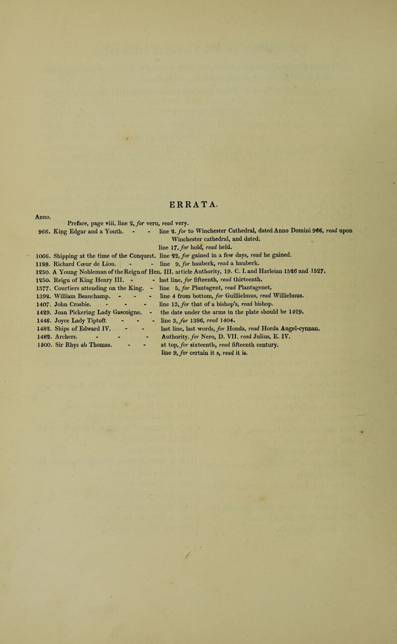ERRATA. Anno. Preface, page yiii. line 2,/or veru, read very. 966. King Edgar and a Youth. - - line 2. for to Winchester Cathedral, dated Anno Domini 966, read upon Winchester cathedral, and dated, line 17, for hold, read held. 1066. Shipping at the time of the Conquest, line 22, for gained in a few days, read he gained. 1189. Richard Coeur de Lion. - - line 9, for hauberk, read a hauberk. 1250. A Young Nobleman of the Reign of Hen. III. article Authority, 19. C. Land Hai’leian 1526 and 1527* 1250. Reign of King Henry III. - 1877. Courtiers attending on the King. 1392. William Beauchamp. 1407- John Crosbie. 1429. Joan Pickering Lady Gascoigne. 1446. Joyce Lady Tiptoft 1482. Ships of Edward IV. 1482. Archers. 1500. Sir Rhys ab Thomas. last line, for fifteenth, read thirteenth. line 5, for Plantagent, read Plantagenet. line 4 from bottom, for Guillielmus, read Willielmus. line 13, for that of a bishop's, read bishop. the date under the arms in the plate should be 1429. line 3, for 1386, read 1404. last line, last words, for Honda, read Horda Angel-cynpan. Authority, for Nero, D. VII. read Julius, E. IV. at top, for sixteenth, read fifteenth century, line 9, for certain it s, read it is.