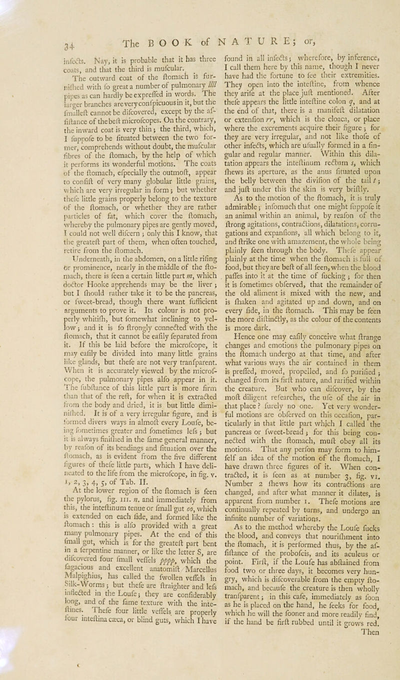 infects. Nay, it is probable that it has three coats, and that the third is mufcular. The outward coat of the ftomach is fur- nifihed with fo great a number of pulmonary //// pipes as can hardly be expreffed in words. The larger branches are very confpicuousin it, but the fmalleft cannot be difeovered, except by the aft fiftance of the beft microfcopes. On the contrary, the inward coat is very thin; the third, which, I fuppofe to be fituated between the two for¬ mer, comprehends without doubt, the mufcular fibres of the ftomach, by the help of which it performs its wonderful motions. The coats of the ftomach, efpecially the outmoft, appear to confift of very many globular little grains, which are very irregular in form; but whether thefe little grains properly belong to the texture of the ftomach, or whether they are rather particles of fat, which cover the ftomach, whereby the pulmonary pipes are gently moved, I could not well difeern ; only this I know, that the greateft part of them, when often touched, retire from the ftomach. Underneath, in the abdomen, on a little riling ör prominence, nearly in the middle of the fto¬ mach, there is feen a certain little part m, which doftor Hooke apprehends may be the liver ; but I fhould rather take it to be the pancreas, or fweet-bread, though there want fufficient arguments to prove it. Its colour is not pro¬ perly whitifh, but fomewhat inclining to yel¬ low ; and it is fo ftrongly connected with the ftomach, that it cannot be eafily feparated from it. If this be laid before the microfcope, it may eafily be divided into many little grains like glands, but thefe are not very tranfparent. When it is accurately viewed by the microf¬ cope, the pulmonary pipes alfo appear in it. The fubftance of this little part is more firm than that of the reft, for when it is extracted from the body and dried, it is but little dimi- niihed, It is of a very irregular figure, and is formed divers ways in almoft every Loufe, be¬ ing fometimes greater and fometimes lefs; but it is always finiftied in the fame general manner, by reafon of its bendings and fituation over the ftomach, as is evident from the five different figures of thele little parts, which I have deli¬ neated to the life from the microfcope, in fig. v. U 2, 3, 4, 5, of Tab. II. At the lower region of the ftomach is feen the pylorus, fig. hi. n. and immediately from this, the inteftinum tenue or fmall gut 00, which is extended on each fide, and formed like the ftomach : this is alfo provided with a great many pulmonary pipes. At the end of this fmall gut, which is for the greateft part bent in a ferpentine manner, or like the letter S, are diicoveied four fmall veffels pppp&gt; which the fagacious and excellent anatomift Marcellus Malpighius, has called the fwollen veffels in Silk-Worms j but thefe are ftraighter and lefs infleded in the Loufe j they are confiderably long, and of the fame texture with the inte- ftines. Thefe four little veffels are properly ioui inteftina ca?ca, or blind guts, which I have found in all infeCts j wherefore, by inference, I call them here by this name, though I never have had the fortune to fee their extremities. They open into the inteftine, from whence they arife at the place juft mentioned. After thefe appears the little inteftine colon y, and at the énd of that, there is a manifeft dilatation or extenfion rr, which is the cloaca, or place where the. excrements acquire their figure ; for they are very irregular, and not like thofe of other infeCts, which are ulually formed in a lin¬ gular and regular manner. Within this dila¬ tation appears the inteftinum redum s, which fhews its aperture, as the anus fituated upon the belly between the divifion of the tail t; and juft under this the skin is very briftly. As to the motion of the ftomach, it is truly admirable; infomuch that one might fuppofe it an animal within an animal, by reafon of the ftrong agitations, contradions, dilatations, corru¬ gations and expanfions, all which belong to it, and ftrike one with amazement, the whole being plainly feen through the body. Thefe appear plainly at the time when the ftomach is full of food, but they are beft of all feen, when the blood paffes into it at the time of fucking j for then it is fometimes obferved, that the remainder of the old aliment is mixed with the new, and is fhaken and agitated up and down, and on every fide, in the ftomach. This may be feen the more diftindly, as the colour of the contents is more dark. Hence one may eafily conceive what ftrange changes and emotions the pulmonary pipes on the ftomach undergo at that time, and after what various ways the air contained in them is preffed, moved, propelled, and fo purified } changed from its firft nature, and rat ified within the creature. But who can difeover, by the moft diligent refearches, the ufe of the air in that place? furely no one. Yet very wonder¬ ful motions are obferved on this occafion, par¬ ticularly in that little part which I called the pancreas or fweet-bread $ for this being con¬ nected with the ftomach, muft obey all its motions. That any perfon may form to him- felf an idea of the motion of the ftomach, I have drawn three figures of it. When con¬ tracted, it is feen as at number 3, fig. vi. Number 2 thews how its contractions are changed, and after what manner it dilates, is apparent from number 1. Thefe motions are continually repeated by turns, and undergo an infinite number of variations. As to the method whereby the Loufe fucks the blood, and conveys that nourifhment into the ftomach, it is performed thus, by the af- fiftance of the probofeis, and its aculeus or point. Firft, if the Loufe has abftained from food two or three days, it becomes very hun¬ gry, which is difcoverable from the empty fto¬ mach, and becaufe the creature is then wholly tranfparent; in this cafe, immediately as foon as he is placed on the hand, he feeks for food, which he will the fooner and more readily find, if the hand be firft rubbed until it grows red. Then