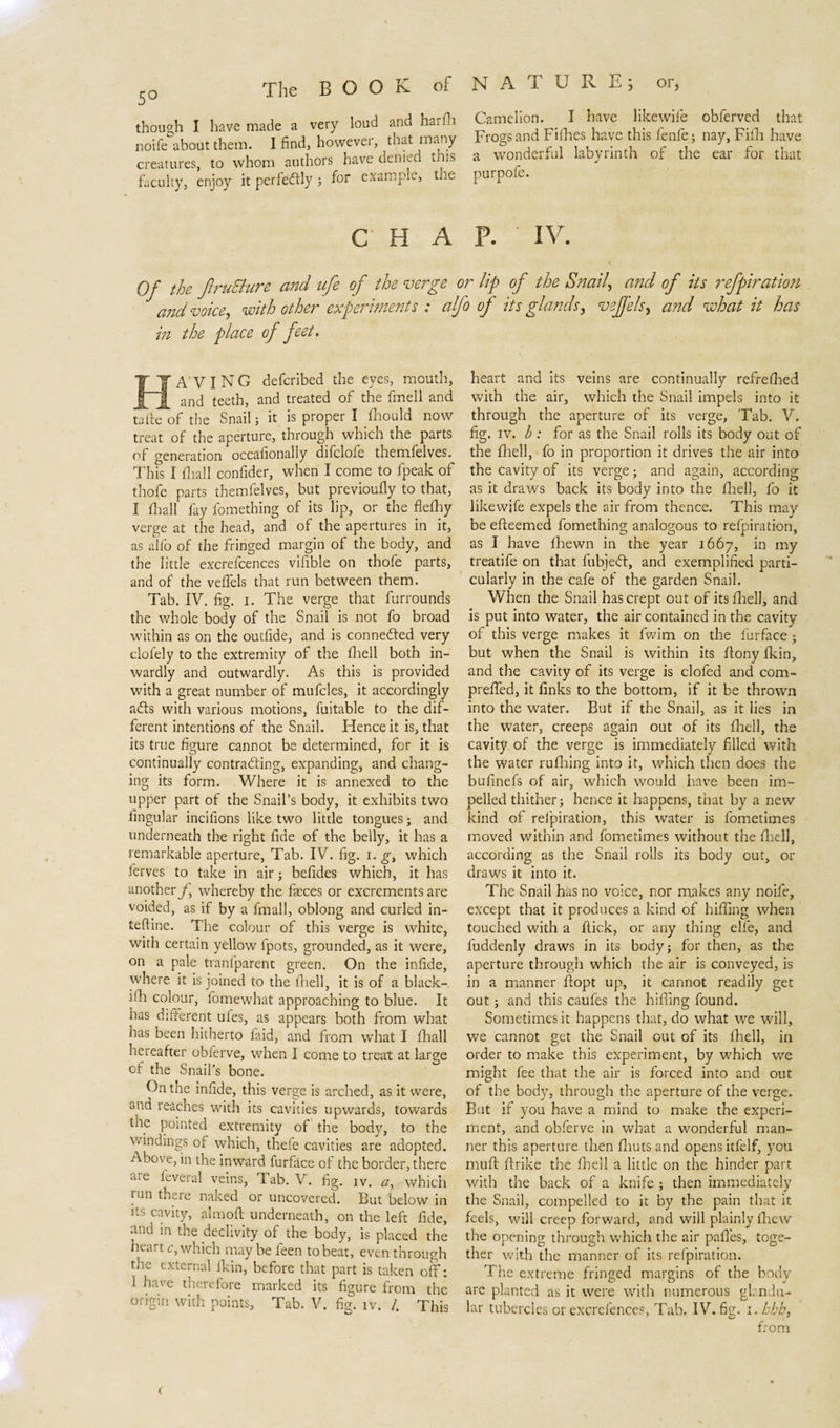 though I have made a very loud and harfh noife about them. I find, however, that many creatures, to whom authors have denied this faculty, enjoy it perfectly ; for example, the NATURE; or, Camelion. I have likewile obferved that Frogs and Fifhes have this fenfe; nay, Fifh have a wonderful labyrinth of the ear for that purpofe. CHAP.' IV. 0f the JlruSlure and life of the verge or lip of the Snail, and of its refpiration and voice with other experiments : alfo of its glands, veffels, and what it has in the place of feet. HAVING defcribed the eyes, mouth, and teeth, and treated of the fmell and take of the Snail; it is proper I fhould now treat of the aperture, through which the parts of generation occafionally difclole themfelves. This I fhall confider, when I come to fpeak of thofe parts themfelves, but previoufly to that, I fhall fay fomething of its lip, or the flefhy verge at the head, and of the apertures in it, as alfo of the fringed margin of the body, and the little excrefcences vifible on thofe parts, and of the vedels that run between them. Tab. IV. fig. I. The verge that furrounds the whole body of the Snail is not fo broad within as on the outfide, and is connected very clofely to the extremity of the fihell both in¬ wardly and outwardly. As this is provided with a great number of mufcles, it accordingly adls with various motions, fuitable to the dif¬ ferent intentions of the Snail. Hence it is, that its true figure cannot be determined, for it is continually contracting, expanding, and chang¬ ing its form. Where it is annexed to the upper part of the Snail’s body, it exhibits two lingular incilions like two little tongues; and underneath the right fide of the belly, it has a remarkable aperture. Tab. IV. fig. i. g, which ferves to take in air; befides which, it has another ƒ, whereby the fasces or excrements are voided, as if by a fmall, oblong and curled in- teftine. The colour of this verge is white, with certain yellow fpots, grounded, as it were, on a pale tranfparent green. On the infide, where it is joined to the fihell, it is of a black- ifh colour, fomewhat approaching to blue. It has diderent ules, as appears both from what has been hitherto faid, and from what I fhall hereafter obferve, when I come to treat at large of the Snail’s bone. On the infide, this verge is arched, as it were, and reaches with its cavities upwards, towards tne pointed extremity of the body, to the windings of which, thefe cavities are adopted. Above, in the inward furface of the border, there aie leveral veins, Tab. V. fig. iv. a, which run there naked or uncovered. But below in its cavity, aknoft underneath, on the left fide, and in the declivity of the body, is placed the heart c, which may be feen to beat, even through the external fkin, before that part is taken off: I have therefore marked its figure from the origin with points. Tab. V. fig. iv. /. This heart and its veins are continually refreshed with the air, which the Snail impels into it through the aperture of its verge, Tab. V. fig. iv. b : for as the Snail rolls its body out of the filiell, fo in proportion it drives the air into the cavity of its verge; and again, according as it draws back its body into the fihell, fo it likewife expels the air from thence. This may be efleemed fomething analogous to refpiration, as I have fhewn in the year 1667, in my treatife on that fubjedl, and exemplified parti¬ cularly in the cafe of the garden Snail. When the Snail has crept out of its filiell, and is put into water, the air contained in the cavity of this verge makes it fwim on the furface ; but when the Snail is within its flony fkin, and the cavity of its verge is clofed and com- preffed, it finks to the bottom, if it be thrown into the water. But if the Snail, as it lies in the water, creeps again out of its fhell, the cavity of the verge is immediately filled with the water rufhlng into it, which then does the bufinefs of air, which would have been im¬ pelled thither 3 hence it happens, that by a new kind of refpiration, this water is fometimes moved within and fometimes without the fihell, according as the Snail rolls its body out, or draws it into it. The Snail has no voice, nor makes any noife, except that it produces a kind of biffing when touched with a flick, or any thing elfie, and fuddenly draws in its body; for then, as the aperture through which the air is conveyed, is in a manner flopt up, it cannot readily get out; and this caufes the luffing found. Sometimes it happens that, do what we will, we cannot get the Snail out of its fhell, in order to make this experiment, by which we might fee that the air is forced into and out of the body, through the aperture of the verge. But if you have a mind to make the experi¬ ment, and obferve in what a wonderful man¬ ner this aperture then fhuts and opens itfelf, you muff flrike the fhell a little on the hinder part with the back of a knife ; then immediately the Snail, compelled to it by the pain that it feels, will creep forward, and will plainly flicw the opening through which the air paffes, toge¬ ther with the manner of its refpiration. The extreme fringed margins of the body are planted as it were with numerous glandu¬ lar tubercles or excrefences, Tab. IV.fig. i.hbh, from &lt;