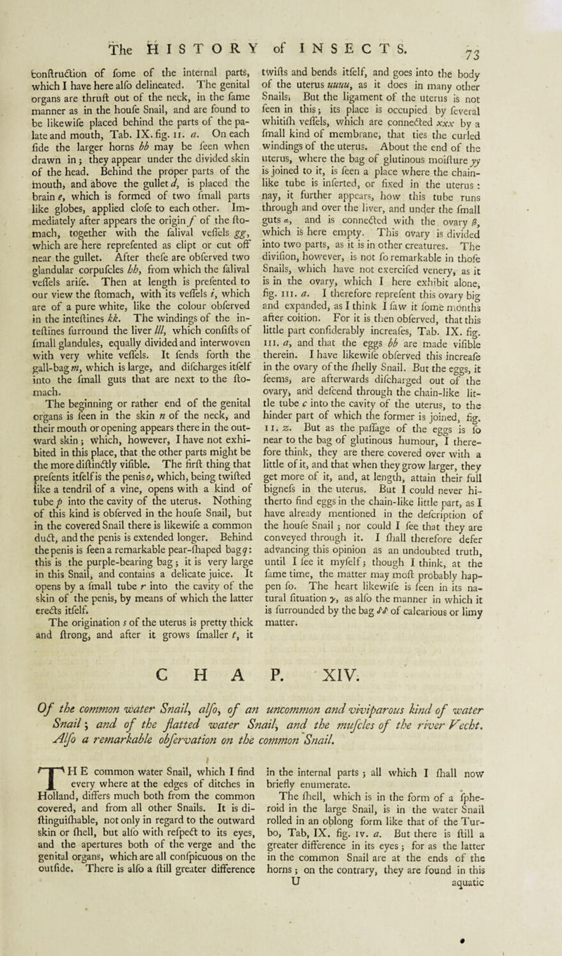 fconftrutftion of fome of the internal parts, which I have here alfo delineated. i he genital organs are thruft out of the neck, in the fame manner as in the houfe Snail, and are found to be likewife placed behind the parts of the pa¬ late and mouth, Tab.IX.fig.n. a. On each fide the larger horns bb may be feen when drawn in ; they appear under the divided skin of the head. Behind the proper parts of the mouth, and above the gullet d, is placed the brain e> which is formed of two fmall parts like globes, applied clofe to each other. Im¬ mediately after appears the origin f of the fto- mach, together with the falival vedels gg, which are here reprefented as dipt or cut off near the gullet. After thefe are obferved two glandular corpufcles hh, from which the falival veffels arife. Then at length is prefented to our view the ftomach, with its vedels i, which are of a pure white, like the colour obferved in the inteftines kk. The windings of the in¬ teftines furround the liver III, which confifts of fmall glandules, equally divided and interwoven with very white vedels. It fends forth the gall-bag m, which is large, and difcharges itfclf into the fmall guts that are next to the fto- mach. The beginning or rather end of the genital organs is feen in the skin n of the neck, and their mouth or opening appears there in the out¬ ward skin j wfliich, however, I have not exhi¬ bited in this place, that the other parts might be the more diftindly vifible. The fird thing that prefents itfelfis the penis o, which, being twided like a tendril of a vine, opens with a kind of tube p into the cavity of the uterus. Nothing of this kind is obferved in the houfe Snail, but in the covered Snail there is likewife a common du<ft, and the penis is extended longer. Behind the penis is feen a remarkable pear-fhaped bag <7: this is the purple-bearing bag ; it is very large in this Snail, and contains a delicate juice. It opens by a fmall tube r into the cavity of the skin of the penis, by means of which the latter eredts itfelf. The origination s of the uterus is pretty thick and drong, and after it grows fmaller it C H A 73 twifts and bends itfelf, and goes into the body of the uterus uuuu, as it does in many other Snails* But the ligament of the uterus is not feen in this; its place is occupied by feveral whitifh veifels, which are connected xxx by a fmall kind of membrane, that ties the curled windings of the uterus. About the end of the uterus, where the bag of glutinous moidure yy is joined to it, is feen a place where the chain¬ like tube is inferted, or fixed in the uterus : nay, it further appears, how this tube runs through and over the liver, and under the fmall guts«, and is connected with the ovary /3, which is here empty. This ovary is divided into two parts, as it is in other creatures. The divifion, however, is not fo remarkable in thofe Snails, which have not exercifed venery, as it is in the ovary, which I here exhibit alone, fig. ni. a. I therefore reprefent this ovary big and expanded, as I think I faw it fomè months after coition. For it is then obferved, that this little part confiderably increafes, Tab. IX. fig. in. *, and that the eggs bb are made vifible therein. I have likewife obferved this increafe in the ovary of the fhelly Snail. But the eggs, it feems, are afterwards difcharged out of the ovaryj and defcend through the chain-like lit¬ tle tube c into the cavity of the uterus, to the hinder part of which the former is joined, fig, 11. z. But as the palfage of the eggs is fo near to the bag of glutinous humour, I there¬ fore think, they are there covered over with a little of it, and that when they grow larger, they get more of it, and, at length, attain their full bignefs in the uterus. But I could never hi¬ therto find eggs in the chain-like little part, as I have already mentioned in the defcription of the houfe Snail ; nor could I fee that they are conveyed through it. I fiiall therefore defer advancing this opinion as an undoubted truth, until I fee it myfelf; though I think, at the fame time, the matter may moll probably hap¬ pen fo. The heart likewife is feen in its na¬ tural fituation y, as alfo the manner in which it is furrounded by the bag AT of calcarious or limy matter. P. XIV. Of the common water Snail, alfo, of an uncommon and viviparous hind of water Snail \ and of the flatted water Snail, and the mufcles of the river Vecht. Alfo a remarkable obferuation o?i the common Snail. \ H E common water Snail, which I find every where at the edges of ditches in Holland, differs much both from the common covered, and from all other Snails. It is di- ftinguifhable, not only in regard to the outward skin or (hell, but alfo with refped: to its eyes, and the apertures both of the verge and the genital organs, which are all confpicuous on the outfide. There is alfo a ftill greater difference in the internal parts ; all which I fhall now briefly enumerate. The fhell, which is in the form of a fphe- roid in the large Snail, is in the water Snail rolled in an oblong form like that of the Tur¬ bo, Tab, IX. fig. iv. a. But there is ftill a greater difference in its eyes; for as the latter in the common Snail are at the ends of the horns ; on the contrary, they are found in this U aquatic