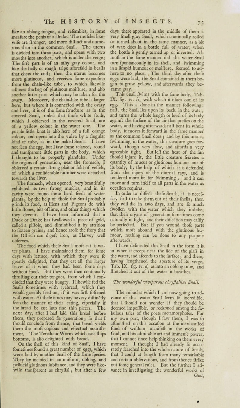 like an oblong tongue, and refembles, in fome meafure the penis of a Drake. The mufcles like- wile are dronger, and more didinft and nume¬ rous than in the common Snail. The uterus is divided into three parts, and opens with two mouths into another, which is under the verge; The fird part is of an alhy gray colour, and like the belly or rough tripe aforefaid in beads that chew the cud; then the uterus becomes more glutinous, and receives fome expanfion from the chain-like tube; to which likewife adheres the bag of glutinous moidure, and alio another little part which may be taken for the ovary. Moreover, the chain-like tube is larger here, but where it is connected with the ovary and liver, it is of the fame dru&amp;ure as in the covered Snail, unlefs that thofe white duds, which I obferved in the covered Snail, are of a yellow colour in the water one. The purple little knot is alfo here of a full orange colour, and opens into the vulva by a fingular kind of tube, as in the naked Snails. I have not feen the egg, but I faw fome relaxed, round and tranfparent little parts in the body, which I thought to be properly glandules. Under the organs of generation, near the domach, I obferved a certain drong plait or fold of vedels, of which a condderable number were detached towards the liver. The domach, when opened, very beautifully exhibited its two drong mufcles, and in its cavity were found fome hard feeds of water plants; by the help of thofe the Snail probably grinds its food, as Hens and Pigeons do with little dones, bits of lime, and other things which they devour. I have been informed that a Duck or Drake has fwallowed a piece of gold, called a pidole, and diminifhed it by attrition to fixteen grains; and hence arofe the dory that the Odrich can diged iron, as Harvey well obferves. The food which thefe Snails mod eat is wa¬ ter plants. I have maintained them for fome days with lettuce, with which they were fo greatly delighted, that they eat all the larger leaves of it when they had been fome days without food. But they were then continually thruding out their tongues, from which I con¬ cluded that they were hungry. I likewife fed the Snails fometimes with ryebread, which they would greedily feed on, if it was fird foftened with water. At thefe times may be very didindtly feen the manner of their eating, elpecially if the bread be cut into fine thin pieces. The next day, after I had laid this bread before them, they prepared for generation; fo that I fhould conclude from thence, that bread yields them the mod copious and effectual nourish¬ ment. The Teredo or Worm which eats dfips bottoms, is alfo delighted with bread. On the Shell of this kind of Snail, I have fometimes found a great number of eggs, which were laid by another Snail of the fame fpecies. They lay inclofed in an uniform, oblong, and pellucid glutinous fubdance, and they were like¬ wife tranfparent as chrydal; but after a few 75 days there appeared in the middle of them a very fmall gray Snail, which continually rolled or turned about in the fame manner, as a bit of wax does in a bottle full of water, when the bottle is gently turned up or inverted. Al- mod in the fame manner did this water Snail turn fpontaneoufly in its Shell, and fwimming in a limpid humour or moidure, feemed to ad¬ here to no place. The third day after thefe eggs were laid, the Snail contained in them be¬ gan to grow yellow, and afterwards they be¬ came gray. This Snail fwims with the fame body, Tab. IX. fig. iv. //, with which it ifiues out of its egg. This is done in the manner following: firSt, the Snail lies upon its back in the water, and turns the whole length or level of its body againd the furface of the air that prelfes on the water, and having afterwards fird bent its whole body, it moves it forward in the fame manner as the common Snail does; and by this means, fwimming in the water, this creature goes for¬ ward, though very Slow, and affords a very agreeable fight. But led the heat of the fun Should injure it, the little creature fecretes a quantity of mucus or glutinous humour out of its body, by the help of which it is defended from the injury of the diurnal rays, and is rendered more fit for fwimming ; and it can move and turn itfelf to all parts in the water as occafion requires. In order to diffedt thefe Snails, it is necef- fary fird to take them out of their Shells; then they will die in two days, and are fo much fwollen with the water which they imbibe, that their organs of generation fometimes come naturally in fight, and their diffedtion may eafily be perfected. But if you wound thofe parts which mod abound with the glutinous hu¬ mour, nothing can be done to any purpofe afterwards. I have delineated this Snail in the form it is, in when it creeps near the fide of the glafs in the water, and afcends to the furface; and there, having lengthened the aperture of its verge. Tab. IX. fig. iv. d, as into an oblong tube, and dretched it out of the water it breathes. The wonderful viviparous chryft alline Snail. The miracles which I am now going to ad¬ vance of this water Snail feem fo incredible, that I Should not wonder if they Should be deemed impofiible, or reckoned among the fa¬ bulous tales of the poets metamorphoSes. For my own part, though I faw them, I was fo adonifhed on this occafion at the inexhauded fund of wifdom manifed in the works of God, and his admirable art and immenfe power, that I cannot Since help thinking on them every moment. I thought I had already fo accu¬ rately fearched into the whole nature of Snails, that I coulcj at length form many remarkable and certain obfervations, and from thence drike out fome general rules. But the further I ad¬ vance in invedigating the wonderful works of God,