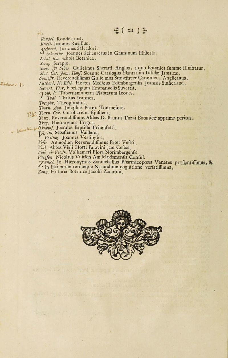 • » •e ( «ii ) 3- •di. Rondel. RondeletiuS. Ritell• Joannes Ruellius. tpA/vad. Joannes Salvadori. ^ Scheuchz. Joannes Scheuzerus in Graminum Hifloria. Scbol. Bot. Schola Botanica. Serap. Serapio. Sber. &amp;• Stber. Gulielmus Sherard Anglus, a quo Botanica fumme illuflxatur. S/on. Cat. Jam. Hanf. SIoanne Catalogus Plantarum Infulse Jamaicse. Stoneftr. Reverendillimus Gulielmus Stoneftreet Canonicus Anglicanus. Sutberl. H. Edib. Hortus Medicus Edimburgenfis Joannis Sutherland. Suvert. Flor. Florilegium Emmanuelis Suvertii. '~T/lb. Ic. Tabernamontani Plantarum Icones. J- Tbal. Thalius Joannes. 7beopbr. Theophraftus. Tourn• App. Jofephus Pitton Tournefort. TJjU T°urn. Cor. Corollarium Ejufdem. Tozz. Reverendillimus Abbas D. Brunus Tozzi Botanicae apprime peritiis* Trag. Hieronymus Tragus. Joannes Baptifta Triumfetti. ' U 7yiAill. Sebaftianus Vaillant. y Vssling. Joannes Veslingius. Vefir. Admodum Reverendillimus Pater Veftri. Vial. Abbas Viali Horti Patavini jam Cuftos. Vo/k. &amp; VVolk. Volkameri Flora Norimbergenfis. Vuitjen. Nicolaus Vuitfen Amftelaedamenfis Conful. yAnicb. Jo. Hieronymus Zannichelius Pharmacopoeus Venetus praeftantiflimus, &amp; ^ in Plantarum rerumque Naturalium cognitione verfatiflimuS, Zann. Hilloria Botanica Jacobi Zannoni.