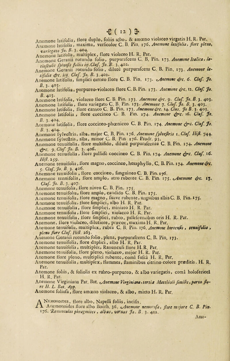 *£( i*) 3* Anemone latifolia, flore duplo, foliis albo, &amp; amoeno violaceo virgatis H.R. Par. Anemone latifolia, maxima, verficolor C. B. Piu. 176. Anemone latifolia, flore pleno, variegato Jo. B. 3.404. p Anemone latifolia, multiplex, flore violaceo H. R. rar. Anemone Geranii rotundo folio, purpuralcens C. B. Pin. 173. Anemone Italica, la- tiufculis fpinofis foliis iij.Cluf. Jo. B. 3.402. Anemone Geranii rotundo folio , dilute purpuralcens G. 13. Pin. 173. Anemone la¬ tifolia \&amp;c. iiij. Cluf. Jo. B. 3.402. Anemone latifolia, fimplici carneo flore C. B. Pin. 173. cAnemone &amp;c. 6. Cluf Jo. B. 3. 403- Anemone latifolia, purpureo-violaceo flore C. B. Pin. 173. Anemone &amp;c. 12. Cluf Jo. B. 403. Anemone latifolia, violaceo flore C- B. Pin. 173. Anemone &amp;c. 9. Cluf. Jo. B. 3. 403. Anemone latifolia, flore variegato C. B. Pin. 173. Anemone 7. Cluf Jo. B. 3. 403. Anemone latifolia, flore carneo C. B. Pin. 173. Anemone&amp;c. 14. Cius. Jo B. 3. 403. Anemone latifolia , flore coccineo C. B. Pin. 174. Anemone &amp;c. 16. Cluf. Jo. B. 3.404. Anemone latifolia, flore coccineo-phoeniceo C. B. Pin. 174. Anemone &amp;c. Cluf. Jo. B. 3. 404. Anemone lylveftris, alba, major C. B. Pin. 176. Anemone fylveflris 1. Cluf. Hifl. 74$. Anemone fylveftris, alba, minor C. B. Pin 176. Prodr. 93. Anemone tenuifolia, flore multifido, dilute purpurafcente C. B. Pin. 174. Anemone &amp;c. 9. Cluf Jo. B. 3. 406. Anemone tenuifolia, flore pallide coccineo C. B. Pin. 174. Anemone &amp;c. Cluf. 16. Hifl. 159. Anemone tenuifolia, flore magno, coccineo, hexaphylio. C. B. Pin. 174. Anemone&amp;c. 5. Cluf. Jo. B. 3.406. Anemone tenuifolia , flore coccineo, fanguineo C. B. Pin. 176. Anemone tenuifolia, flore amplo, atro rubente C. B. Pin. 173. cAnemone &amp;c. 17. Cluf. Jo. B. 3. 4°7* Anemone tenuifolia, flore niveo C. B. Pin. 175. Anemone tenuifolia, flore amplo, candido C. B. Pin. 175. Anemone tenuifolia, flore magno, fuave rubente, unguibus albis C. B. Pin. 175. Anemone tenuifolia, flore fimplici, albo H. R. Par. Anemone tenuifolia, flore fimplici, miniato H. R Par. Anemone tenuifolia, flore fimplici, violaceo H. R. Par. Anemone tenuifolia, flore fimplici, rubro, pallefcemibus oris H. R. Par. Anemone, flore violaceo, dilutiore, praecox, maxima H. R. Par. Anemone tenuifolia, multiplex, rubra C. B. Pin. 176. Anemone hortenfis , tenuifolia , pleno flore Cluf. Hifl. 263. Anemone Geranii rotundo folio, plena, purpurafcens C. B. Pin. 173. Anemone tenuifolia, flore duplici, albo H. R. Par. Anemone tenuifolia , multiplex, Ranunculi flore H.R. Par. Anemone tenuifolia, flore pleno, violaceo, major H. R. Par. Anemone flore pleno, multiplici rubente, coma fuica H. R. Par. Anemone tenuifolia, multiplex, flammea, flaminibus citrino colore praeditis. H. R. Par. Anemone foliis, &amp; foliolis ex rubro-purpureo, &amp; albo variegatis, coma holofericeU H. R. Par. Anemone Virginiana Par. Bat. cAnemone Virgini ana it er tije Mattbioli fimilis, parvo flo¬ re H. L. Bat. App. Anemone foliofa, flore amoeno violaceo, &amp; albo, mixto H. R. Par. ANemonoides, flore albo, Napelli foliis, incifis. Anemonoides flore albo Boerh. 36. cAnemone ncmorofa, flore majore C. B. Pin• 176. ‘Ranunculus phragmites, albus, vermis Jo. B. 3. 412.