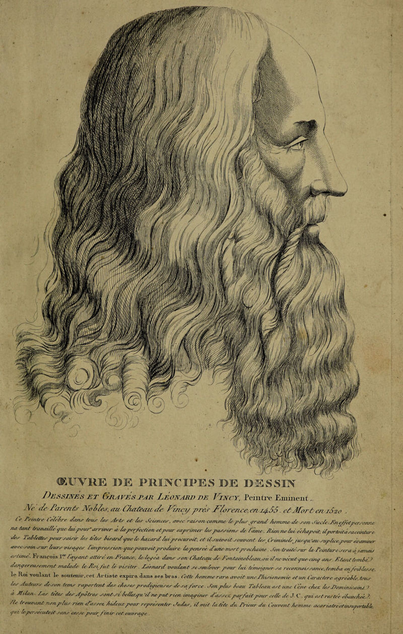 ŒUVRE DE PRINCIPES DE BESSIN Des&amp;INES ET GdlAvÉsEAR LÉONARD DE VlNCY, Peintre Eminent:. JVe d&amp;Larervùr JVolT&amp;r, tarOuzlêtzzù Prticy prèir J^/oreru'e.en^SS. el 3for CetuSto (<> Temûe télélre dans tous les Arts et les Jcienees, avec raison. comme te plus prand hvmnied’.son Jfade.En.e/fetpersomie na ta,U travaillé pue, hdpoudatriver <i laperfeçtùnvetpour exprimer les >passions de /âme. Tienne lui e'c/uipoit, ilportoitôsaeeaiturc J&amp;r TaMe&amp;eo'pour saisir far téter but or* Jpue fa hazarJ faiprocurait, et ilsuivoit souvent les, (Yânmefa^juspii'au,suplûe;p0iir examiner avcc souv sur huas visapeo- la,pression;pueywuvoitproduire Irpemreê d'une mortprochaine. Jondraitésur IrTemiurecsera d/amaù estime. François Ier / ai/<z,it attiré eiv Enonce-, les topes- dans son Chatecùr JeEontamelleau,ou ilra vécut pue càp ans. Etant terni éd dangereusement malade le Eoijiit le visiter. Zeonard voulant se soulevér pour lui témoigner sa reconnaissance, tomba en faiblesse. le lloi voulant le soutenir, cet Artiste expira clans ses Tira s. Cette homme rare, avait une f/isionomie et un Caractère agréai le. tous les Auteurs Jeson tenue reportent des doser prodigieuses de sa fores, don plus beau Tableau est une Cène chez les JiommicumSJ a Milan, Tes têtes des Apôtres o'ontsi iedet.pu il reput rien imapiner dassez parfait pour celle de J. C . pzd est restée ébaueheéé 7le trouvant non plus rien d’assez hideux pour représenter Judas, il mit la tête du Trieur du Couvent homme acaruitreetmsuporbille. puz faperseeutoit sans cesse punir finir cet ouvrage .