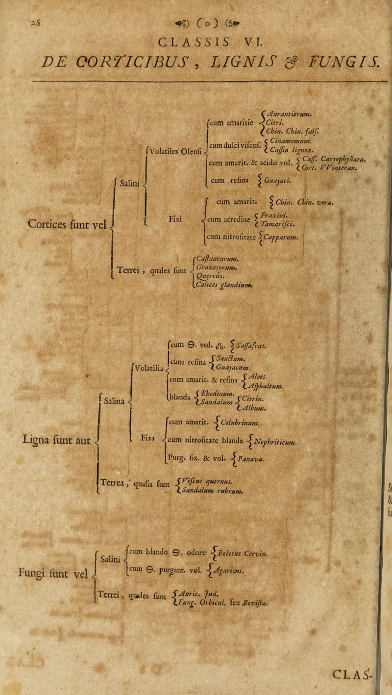 CLASSIS VI. VE CORTICIBUS , LIGNIS £? FUNGIS. (Volatiles Oleoli&lt;| r Aurantiorum. 'cum amaritie &lt; Citri. ( Chin. Chin. falf. , , . ,r ~ c Cinamomum. cum dulci vilcoi. 3 LajJia lignea. f Salini Cortices funt vel i Fixi cum amarit. &amp; acido vol, \ CaryophyHata. C Lort. r r inter an. cum relina ^ Guajaci. f cum amarit. | Chin. Chin. vera. C Fraxini. a cum acredine ,r . C Jamanjci. cum nitrolitate \Capparum. cCaflanearum. Terrei , quales funt J Granatorum. , i ipuercus. \,Calices glandium. ‘cum ©. vol. (p0. Sajfafras. (Volatilia cum relina Salina &lt; { SanElum. Guajacum. cum amarit. &amp; relina 5^loes- LAjphaltum, i Ligna funt aut j . Fixa ■blanda C Album. cum amarit. { Colubrinum. eum mtrolitate Flanda ^^Nephriticum Purg. fix. &amp; vol. -f PanavA. Terrea / qualia funt SrifCHS 1™rnus. LSandalum rubrum. Fungi funt vel &lt; fcum blando Q. odore -FBoletus Cervin, Salini &lt; &lt;• [cum ©. purgant, vol. Agaricus. Terrei, quales funt 5Auric' ^ LFung. Orbieul, feu Eovifia. jJT, V, # S®®2 a &amp; fu CLAS- »