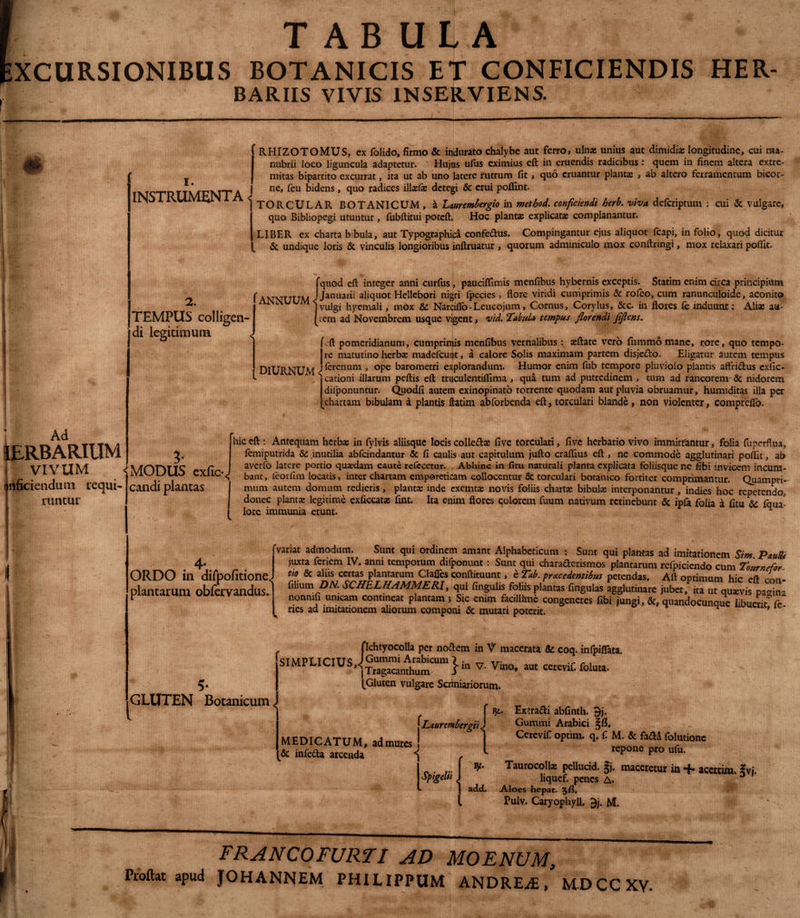 TABU|A‘ XCURSIONIBUS BOTANICIS ET CONFICIENDIS HER- BARIIS VIVIS INSERVIENS. I. INSTRUMENTA i 2. TEMPUS colligen¬ di di legitimum Ad HERBARIUM VIVUM RHIZOTOMUS, cx folido, firmo &amp; indurato chalybe aut ferro, ulna: unius aut dimidia: longitudine, cui ma¬ nubrii loco liguncula adaptetur. Hujus ufiis eximius eft in eruendis radicibus : quem in finem altera extre¬ mitas bipartito excurrat, ita ut ab uno latere rutrum fit, quo eruantur planta: , ab altero ferramentum bicor¬ ne, feu bidens, quo radices illxfae detegi &amp; erui poflint. TORCULAR BOTANICUM , a Laurembergio in method. conficiendi herb. viva, deferiptum ; cui &amp; vulgare, quo Bibliopegi utuntur , fubftitui poteft. Hoc planta: explicata: complanantur. LIBER ex charta b;bula, aut Typographica confedus. Compingantur ejus aliquot fcapi, in folio, quod dicitur &amp; undique loris &amp; vinculis longioribus inftruatur , quorum adminiculo mox conftringi, mox relaxari pofiit. fquod eft integer anni curfus, pauciflimis menfibus hybernis exceptis. Statim enim circa principium ANNUUM jjanuarii aliquot Hellcbori nigri fpecies , flore viridi cumprimis &amp; rofeo, cum ranunculoide, aconito 1 |vulgi hyemali, mox &amp; Narciflo-Leucojum, Cornus, Corylus, &amp;c. in flores fe induunt: Alia: au- [ccm ad Novembrem usque vigent, vid. ‘Tabula tempus florendi fiflens. eft pomeridianum, cumprimis menfibus vernalibus : xftate vero fummo mane, rore, quo tempo¬ re matutino herba: madefeunt, a calore Solis maximam partem disjedo. Eligatur autem tempus ierenum , ope barometri explorandum. Humor enim fub tempore pluviolo plantis affridus exfic- cationi illarum peftis eft truculentiflima , qua tum ad putredinem , tum ad rancorem &amp; nidorem difponuntur. Quodfi autem exinopinato torrente quodam aut pluvia obruamur, humiditas illa per chartam bibulam a plantis ftatim abforbenda eft, torculari blande , non violenter, comprefio. DIURNUM inficiendum requi¬ runtur 3- i MODUS exfic- candi plantas hic eft : Antequam herba: in fylvis aliisque locis colledae five torculari, five herbario vivo immittantur, folia fuperflua, femiputrida &amp;c .inutilia abfeindantur &amp; fi caulis aut capitulum jufto craflius eft , ne commode agglutinari poilk, ab averfo latere portio quaedam caute refecetur. Abhinc in fitu naturali planta explicata foliisque ne fibi invicem incum¬ bant , feorfira locatis, inter chartam emporeticam collocentur &amp; torculari botanico fortiter comprimantur. Quampri¬ mum autem domum redieris, plantae inde exemtx novis foliis charta: bibula: interponantur, indies hoc repetendo, donec plantae legitime exficcatae fint. Ita enim flores colorem fuum nativum retinebunt &amp; ipfa folia i fitu &amp; fqua- lore immunia erunt. ^ ORDO in dirpofitione, plancarum obfervandus. variat admodum. Sunt qui ordinem amant Alphabeticum ; Sunt qui plantas ad imitationem Sim Paulli juxta feriem IV, anni temporum difponunt : Sunt qui charaderismos plantarum refpiciendo cum Tournefor~ tio &amp; aliis certas plantarum Clafies conftituunt, e Tab. procedentibus petendas, Aft optimum hic eft- rr»n- fiHum SCHEL HAMMERl, qui fingatis foliis plantas fingulas agglutinare jubet,1ka uTqnSfcwS, nonmfi umeam contineat plantam ; Sic enim facillime congeneres fibi jungi, &amp;, quandocunque libuerit^fe ries ad imitationem aliorum componi &amp; mutari poterit. * ' GLUTEN Botanicum flchtyocolla per nodem in V macerata &amp; coq. infpiflata. SIMPLICIUS.] A^cum}in v. vino, aut cercyif. &amp;lua. (Gluten vulgare Scriniariorum. MEDICATUM, ad mures &amp; infeda arcenda Laurembergii I* fy- Ex tradi abfinth. 9j. Gummi Arabici Cetevifi optim. q. f M. &amp; fadi folutionc repone pro ufu. Spigelii V- Taurocollx pellucid. §j. maceretur in + accrrim. Ivi. liquef. penes A. . add. Aloes hepat- jfl. Pulv. Caryophyll, 3j. M. FRANCOFURTI AD MOENUM Proflat apud JOHANNEM PHILIPPUM ANDREA, MDCCXV.