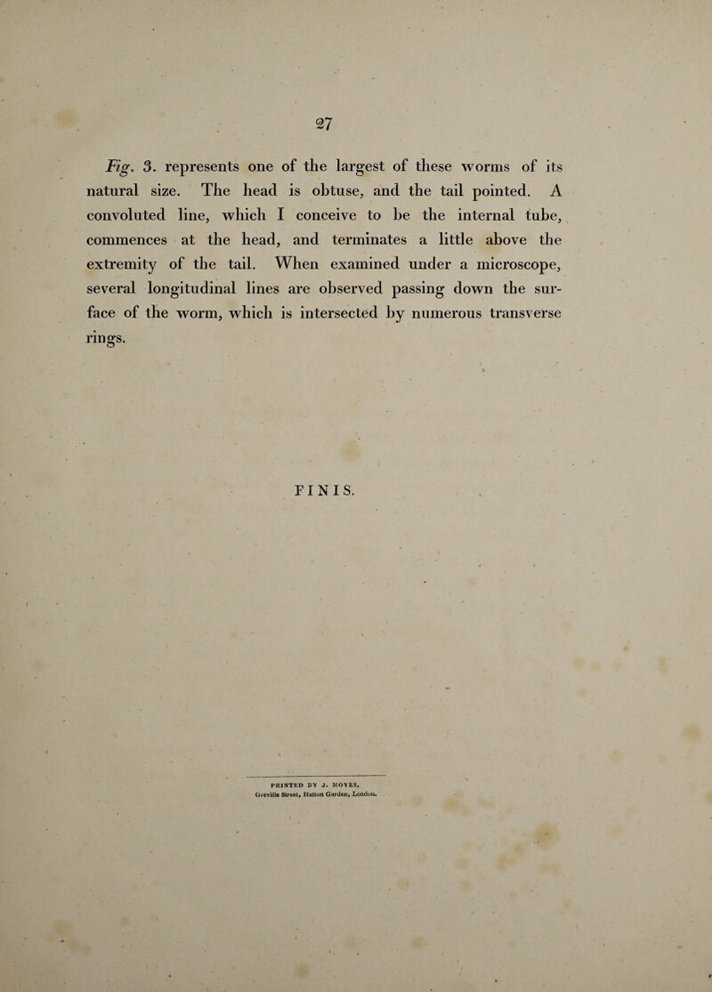 Fig. 3. represents one of the largest of these worms of its natural size. The head is obtuse, and the tail pointed. A convoluted line, which I conceive to be the internal tube, commences at the head, and terminates a little above the extremity of the tail. When examined under a microscope, several longitudinal lines are observed passing down the sur¬ face of the worm, which is intersected by numerous transverse rings. FINIS. PRINTED BY J. MOVES, Gieville Street, Hatton Garden, London.