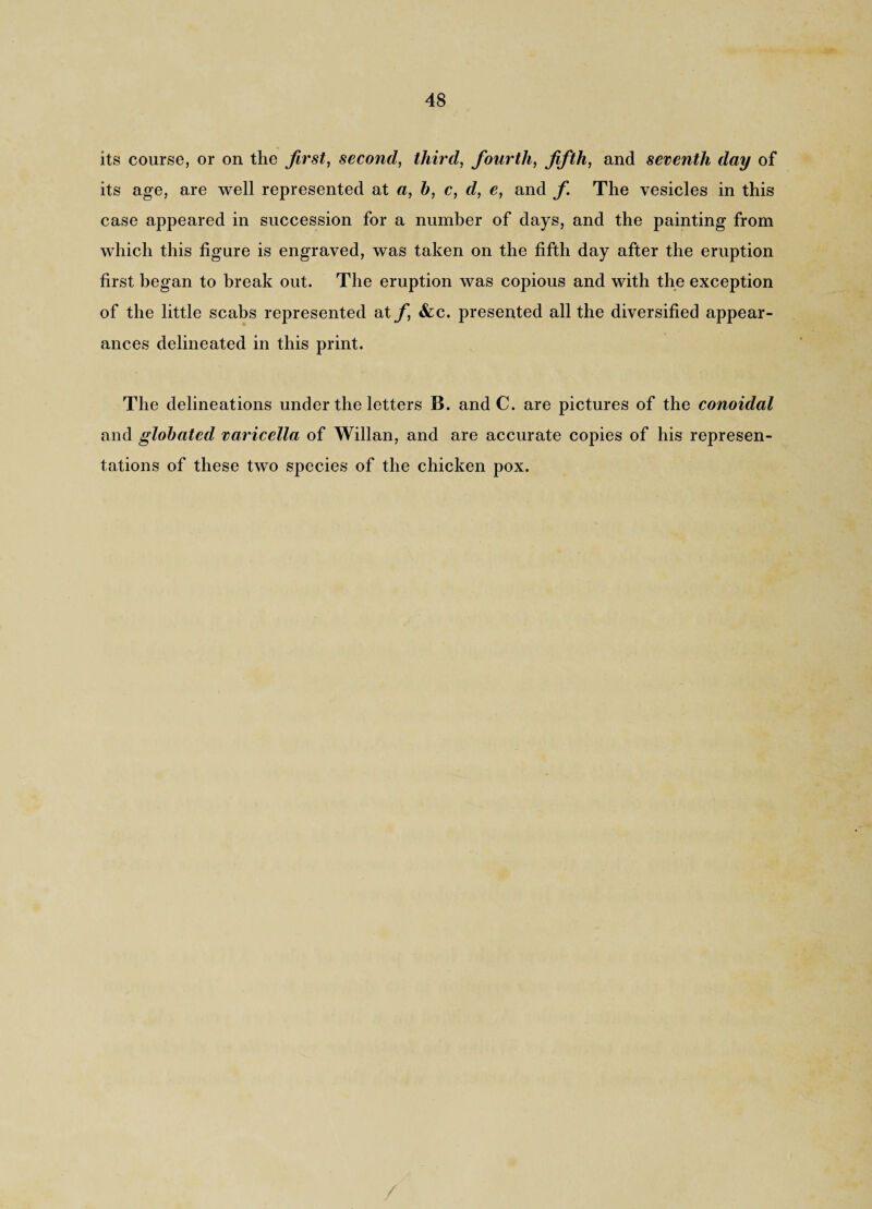 its course, or on the first, second, third, fourth, fifth, and seventh day of its age, are well represented at a, h, c, d, e, and f The vesicles in this case appeared in succession for a number of days, and the painting from which this figure is engraved, was taken on the fifth day after the eruption first began to break out. The eruption was copious and with the exception of the little scabs represented at f &c. presented all the diversified appear¬ ances delineated in this print. The delineations under the letters B. and C. are pictures of the conoidal and globated varicella of Willan, and are accurate copies of his represen¬ tations of these two species of the chicken pox.