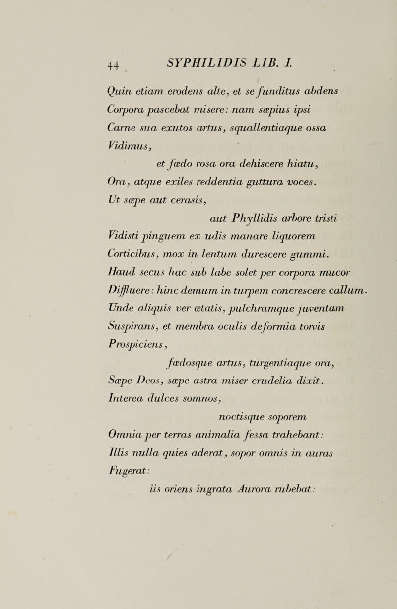 Quin etiam erodens alte, et se funditus abdens Corpora pascebat misere : nam scepius ipsi Carne sua exutos artus, squallentiaque ossa Vidimus, et foedo rosa ora dehiscere hiatu, Ora, atque exiles reddentia guttura voces. Ut soepe aut cerasis, aut Phyllidis arbore tristi Vidisti pinguem ex udis manare liquorem Corticibus, mox in lentum durescere gummi. Haud secus hac sub labe solet per corpora mucor Diffluere : hinc demum in turpem concrescere callum. Unde aliquis ver aetatis, pulchramque juventam Suspirans, et membra oculis deformia torvis Prospiciens, foedosque artus, turgentiaque ora, Saepe Deos, saepe astra miser crudelia, dixit. Interea dulces somnos, noctisque soporem Omnia per terras animalia fessa frahebant: Illis nulla quies aderat, sopor omnis in auras Fugerat: iis oriens ingrata Aurora rubebat :