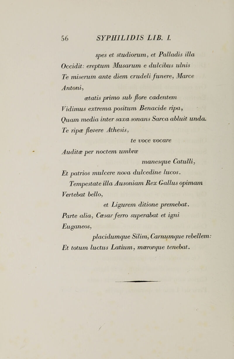 spes et studiorum, et Palladis illa Occidit: ereptum Musarum e dulcibus ulnis Te miserum ante diem crudeli funere, Marce Antoni, cetatis primo sub flore cadentem Vidimus extrema positum Benacide ripa, Quam media inter saxa sonans Sarca abluit unda. Te ripce flevere Athesis, te voce vocare Audit ce per noctem umbrce manesque Catulli, Et patrios mulcere nova dulcedine lucos. Tempestate illa Ausoniam Rex Gallus opimam Vertebat bello, et Ligurem ditione premebat. Parte alia, Cessar ferro superabat et igni Euganeos, placidumque Silim, Carnumque rebellem: Et totum luctus Latium, mcerorque tenebat.