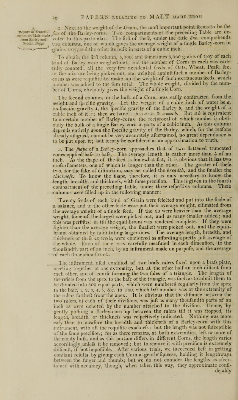 t 2. 2. Next to the weight of the-Grain, the mod important point lcemsto be the R<pon of Expen- the Barley-corns. Two compartments of the preceding Table are de- nVrom°Bariey and 2 \mted to this particular. The fir ft of thefe, under the title Jize, comprehends scotch Bigg. two columns, one of which gives the average weight of a (ingle Barley-corn in J •grains tro)r, and the other its bulk in parts of a cubic inch. To obtain the fir ft column, 5,ooo, and'fometimes 3,000 grains of troy of each kind of Barley were weighed out, and the number of Corns in each was care¬ fully counted; all the very few accidental feeds of Oats, Wheat, Peafe, &c. .in the mixture being picked out, and weighed againlt fucli a number of Barley¬ corns as were requifite' to make up the weight of Inch extraneous feeds, which number was added to the fum total. The whole weight, divided by the num¬ ber of Corns, obvioufly gives the weight of a Tingle Corn. The fecond column, or the bulk of a Corn, was eafdy coriftru&ed from the weight anil fpecific gravity. Let the weight of a cubic inch of water be a, its fpecific gravity l, the fpecific gravity of the Barley b, and the weight of a cubic inch of it x-, then we have l : b :: a : x, & x—a b. But a b is equivalent to a certain number of Barley-corns, the reciprocal of which number is obvi¬ oufly the bulk of a Angle Barley-corn in parts of a cubic inch. As this column depends entirely upon the fpecific gravity of the Barley, which, for the reafons already aftigned, cannot be very accurately afeertained, no great dependance is to be put upon it ; but it may be confidered as an approximation to truth. 3. The fhape of a Barley-corn approaches that of two flattened truncated cones applied bate to bafe. The average length is rather more than 4- of an inch. As the fhape of the feed is fomewhat flat, it is obvious that it has two crofs diameters, one of which is longer than the other. The greater of thefe two, for the fake of diftindtion, may be called the breadth, and the lmaller the thicknefs. To know the lliape, therefore, it is only neceffary to know the length, breadth, and thicknefs, with fome precifion. This is given in the fourth compartment of the preceding Table, under three refpective columns. Thefe columns were filled up in the following manner: Twenty feeds of each kind of Grain were feledted and put into the fcale of a balance, and in the other fcale were put their average weight, eftimated from the average weight of a Angle feed. If the 20 were heavier than the average weight, lbine of the Jargeft were picked out, and as many fmaller added ; and this was perfrfted in till the equilibrium was rendered complete. If they were lighter than the average weight, the fmallefl were picked out, and the equili¬ brium obtained by fubftitilting larger ones. The average length, breadth, and thicknefs of thefe 20 feeds, were confidered as affording a pretty juft average ot the whole. Each of them was carefully meafured in each dimenfion, to the thoufandth part of an inch., by an inftrument made on purpofc, and the average of each dimenfion itruck. The inftrument ufed confiftcrl of two brafs rulers fixed upon a brafs plate, meeting together at one extremity, but at the other halt an inch cliftant from each other, and of courfe forming the two (ides of a triangle. The length of the riders from the apex to the bafe of the triangle, was fuch as to admit them to he divided into 500 equal parts, which were numbered regularly from the apex to the bafe, l, 2, 3, 4, 5, &c. to 500, which laft number was at the extremity of the rulers fartheft fronrthe apex. It is obvious that the diftanee between the two rulers, at each of thefe divifions, was juft as many thoufandth parts of an inch as were denoted by the number attached to the divifion. Hence, by gently pufiiing a Barley-corn up between the rulers till it was ftopped, its length, breadth, or thicknefs was refpe&ively indicated. Nothing was more eafy than to meafure the breadth and thicknefs of a Barley-corn with this inftrument, with all the requifite exactnefs : but the length was not fufceptible of the fame precifion ; for as there remains, at both extremities, lefs or more of the empty hulk, and as this portion differs in different Corns, the length varies accordingly unlefs it be removed ; but to remove it with precifion is extremely difficult, tf not impoffible. After various trials, we fucceeded bed in getting conftant refults by giving each Corn a gentle'fqueeze, holding it lengthways between the finger and thumb.; but we do not confider the lengths as afeer¬ tained with accuracy, though, when taken this way, they approximate confi- clerably