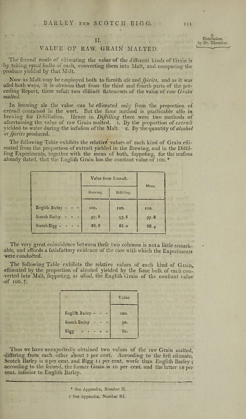 tt Gonclufion', * • • • • by Dr. Thomfon.' VALUE OF RAW. GRAIN MALTED. ^--- The fecond mode of eftimating the value of the different kinds of Grain is by--taking equal bulks of each, converting them into Malt, and comparing the produce yielded by that Malt. Now as Malt may be employed both to furnilh ale and fpirits, and as it was ufed both ways, it is obvious that from the third and fourth parts of the pre¬ ceding Report, there refult two diftin£t flatements of the value of raw Grain malted. In brewing ale the value can be edimated only from the proportion of extract contained in the wort. But the fame method is practicable alfo in brewing for Diftillation. Hence in DiJHlling there were two methods of afeertaining the value of raw Grain malted, i. By the proportion of extract yielded to water during the infufion of the Malt. 2. By the quantity of alcohol or fpirits produced. The following Table exhibits the relative values of each kind of Grain edi- mated from the proportion of extraCt yielded in the Brewing, and in the Didd¬ ling Experiments, together with the mean of both, fuppofing, for the reafons already dated, that the Englifh Grain has the condaut value of 100. * Value from Extract. Mean. Brewing. Diftilling. Englifh Barley - - - IOO. IOO. IOO. Scotch Barley - 97- 8 97.8 97.8 Scotch Bigg - 8S.8 88. 0 88. 4 • • t The very great coincidence between thefe two columns is not a little remark¬ able, and affords a fatisfaClory evidence of the care with which the Experiments were conduced. The following Table exhibits the relative values of each kind of Grain, edimated by the proportion of alcohol yielded by the fame bulk of each con¬ verted into Malt, fuppofing, as ufual, the Englifh ‘Grain of the condant value ■of 100. f. Value. Englifh Barley - - - IOO. Scotch Barley - 90. a a 1 1 1 bJD bo 5 ■8a. Thus we have unexpectedly obtained two values of the raw Grain malted, differing from each other about 7 per cent. According to the fil’d edimate, Scotch Barley is 2 per cent, and Bigg 11 per cent, worfe than Englifh Barley ; according to the fecond, the former Grain is io per cent, and the latter is per cent, inferior to Englifh Bariev. o */ * See Appendix, Number II. t See Appendix, Number HI,