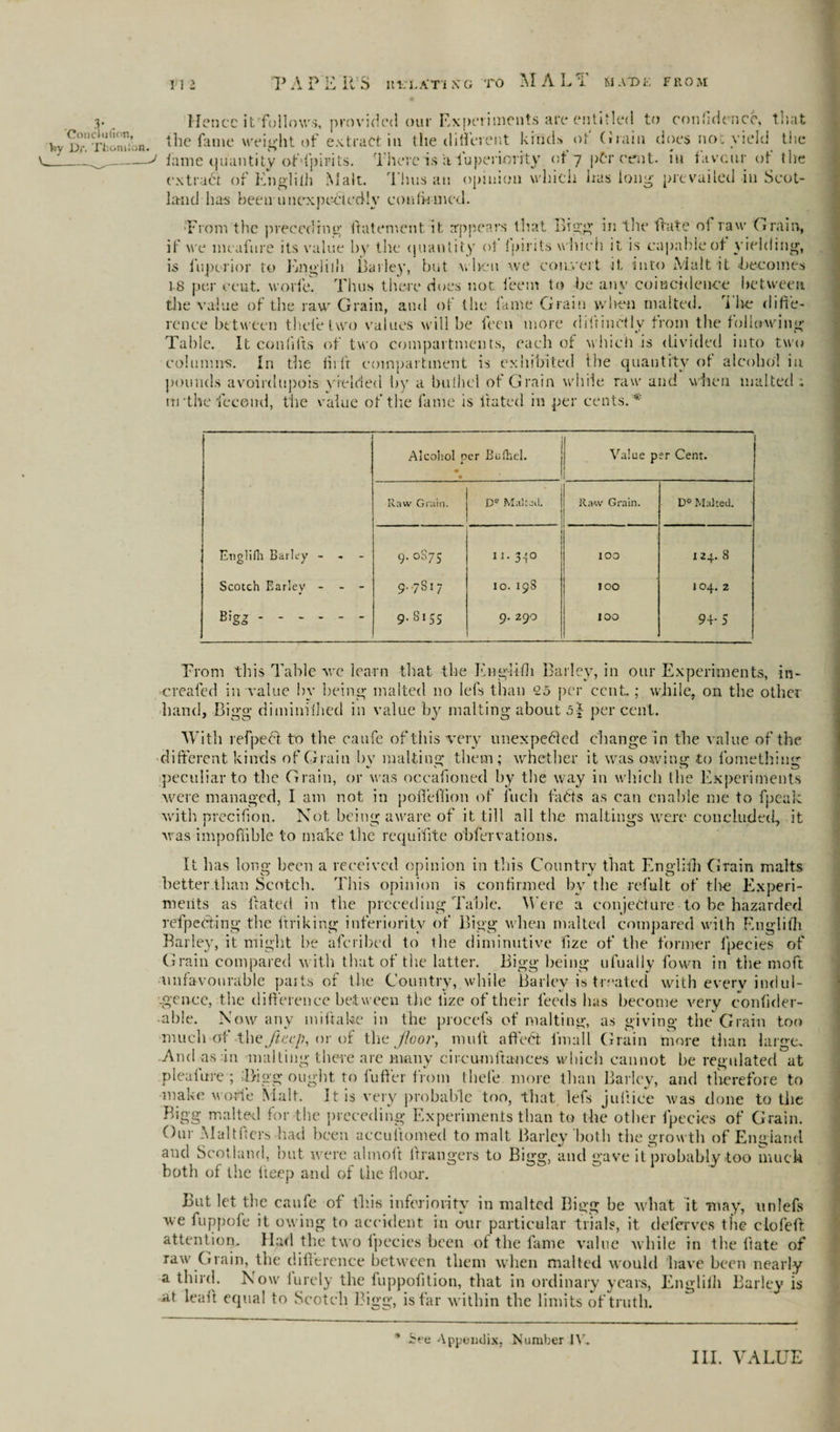 C_ 3* . Vsy Dr. Thoniion. PA P E It'S ui;lA'Ti xg to AT A L 1 made from Hence it follows, provided our Experiments are entitled to confidence, that lame quantity of-fpirits. There is aiuperi-ority of 7 percent, in favour of the extract of Englifh Malt. Thus an opinion which has long prevailed iu Scot¬ land has been unexpectedly confirmed. •From the preceding ftatement it appears that Bigg in the date of raw Grain, if we meafure its value by the quantity of fpirits which it is capable of yielding, is fupuior to Engliih Barley, but when we concert it into rVialt it becomes 18 per cent, worie! Thus there does not feem to be any coincidence between the value of the raw Grain, and of the fame Grain when malted, i he diffe¬ rence between theie two values will be feen more diftinetly from the following Table. It confifts of two compartments, each of which is divided into two column's. In the hrft compartment is exhibited the quantity of alcohol in pounds avoirdupois yielded by a bufhel of Grain while raw and when malted; m'the fecend, the value of the fame is lrated in per cents. * Alcohol per Bufhel. • • J Value per Cent. Raw Grain. De Malted. Raw Grain. D° Malted. Englifh Barley - . - 9.0875 II. 350 100 I 24. 8 Scotch Earley - - - 9.7S17 IO.198 IOO 104. 2 Bigg- 9.8155 9. 290 IOO 94-5 From this Table we learn that the Engliffi Barley, in our Experiments, in- created in value by being malted no lefs than 25 per cent; while, on the other hand, Bigg diminilhed in value by malting about 5f per cent. With refpeCt to the caufe of this very unexpeCled change in the value of the. different kinds of Grain bv malting them: whether it was owing to lbmething # V ~ 7 to o peculiar to the Gram, or was occafioned by the way in which the Experiments ■were managed, I am not in pofiefiion of fuch faCfs as can enable me to fpeak with precifion. Not being aware of it till all the mailings were concluded, it was impoffible to make the requifite obfer vat ions. It has long been a received opinion in this Country that Englifh Grain malts better than Scotch. This opinion is confirmed by the refult of the Experi¬ ments as dated in the preceding Table. Were a conjecture to be hazarded reflecting the ftriking inferiority of Bigg when malted compared with Englifh Barley, it might be aferibed to the diminutive ffze of the former fpecies of Grain compared with that of the latter. Bigg being ufually fown in the moft unfavourable parts of the Country, while Barley is fretted with every indul- .gence, the difference between the lize of their feeds has become very confider- • able. Now any miitake in the procefs of malting, as giving the Grain too much of the Jiecp, or of the floor, mu ft affeCt iinall Grain more than large. And as:in malting there are many circum dances which cannot be regulated at pleafure ; Bigg ought to luffer from thefe more than Barley, and therefore to make worie Malt. It is very probable too, that lefs juftice was done to the Bigg malted for the preceding Experiments than to the other fpecies of Grain. Our Maltfters had been accuftomed to malt Barley both the growth of England and Scotland, out were ahnoft It rangers to Bigg, and gave it probably too muck both of the deep and of the floor. But let the caufe of this inferiority in malted Bigg be what it may, unlefs we fuppofe it owing to accident in our particular trials, it deferves the clofeft attention. Had the two fpecies been of the fame value while in the date of raw Grain, the difference between them when malted would have been nearly a third. Now iurely the fuppofition, that in ordinary years, Englifh Bailey is at leaft equal to Scotch Bigg, is far within the limits of truth. * See Appendix, Number II'.