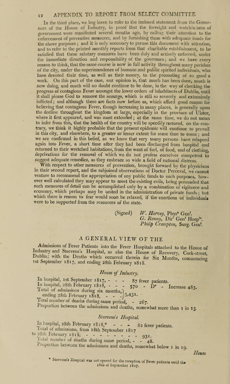 In the third place, we beg leave to refer to the inclosed statement from the Gover¬ nors of the House of Industry, in proof that the foresight and watchlu ness of government were manifested several months ago, by calling their attention to the enforcement of preventive measures, and by furnishing them with adequate funds for the above purposes ; and it is only necessary to peruse this document with attention, and to refer to the printed monthly reports from that charitable establishment, to be satisfied that these salutary measures have been duly and actively enforced, under the immediate direction and responsibility of the governors; and we have every reason to think, that the same course is now in full activity throughout many parishes of the city, under the superintendence of humane and public spirited individuals, who have devoted their time, as well as their money, to the promoting of so good a work. On this part of the case, our opinion is, that much has been done, much is now doing, and much will no doubt continue to be done, in the way of checking the progress of contagious Fever amongst the lower orders of inhabitants of Dublin, until it shall please God to remove the scourge, which is still so severely and extensivelv inflicted; and although there are facts now before us, which afford good reason for believing that contagious Fever, though increasing in many places, is generally upon the decline throughout the kingdom at large, especially in the province of Ulster, where it first appeared, and was most extended; at the same time, we do not mean to infer from this, that the health of the country will be speedily restored, on the con¬ trary, we think it highly probable that the present epidemic will continue to prevail in this city, and elsewhere, to a greater or lesser extent for some time to come; and we are confirmed in this belief, as we know that very many persons have relapsed again into Fever, a short time after they had been discharged from hospital and returned to their wTetched habitations, from the want of fuel, of food, and of clothing, deprivations for the removal of which we do not profess ourselves competent to suggest adequate remedies, as they embrace so wide a field of national distress. With respect to other measures of prevention, brought forward by the physicians in their second report, and the subjoined observations of Doctor Perceval, we cannot venture to recommend the appropriation of any public funds to such purposes, how¬ ever well calculated they may appear to meet the existing evils, being persuaded that such measures of detail can be accomplished only by a combination of vigilance and economy, w'hich perhaps may be united in the administration of private funds; but which there is reason to fear would soon be relaxed, if the exertions of individuals were to be supported from the resources of the state. (Signed) JV. Harvey, Phys Gen1. G. Renny, Dirr Gen1 Hosp1’. Philip Crampton, Surg. Gen1. A GENERAL VIEW OF THE Admissions of Fever Patients into the Fever Hospitals attached to the House of Industry and Steevenss Hospital, as also the House of Recovery, Cork-street Dublin; with the Deaths which occurred therein for Six Months, commencing ist September 1817, and ending 28th February 1.-818. & House of Industry. In hospital, 1st September 1817, - - - 87 fever patients. In hospital 28th February 1818, - - - 570 - 0 - Increase 483. lotal of admissions during six months,'] ending 28th February 1818, - - -j3>431* Total number of deaths during same period, - 267. Proportion between the admissions and deaths, somewhat more than 1 in 13. Steevenss Hospital. In hospital 28th February 1818* - - - 82 fever patients, i t/tal ot admissions, trom 18th September 1817 to 28th February 1818, lUril number of deaths during same period, - - 48. Proportion between the admissions and deaths, somewhat below 1 in 19. House * Ste evens’* Hospital was not opened for the reception of Fever patients until th« l8tli ui bepteiuber 1817.