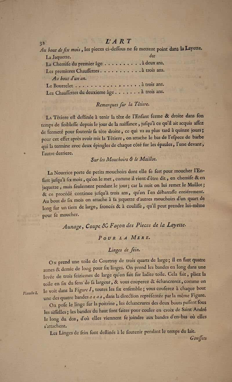 Planche X. Au bout defix mois, les pièces ci-deffous ne fe mettent point dans la Layette. La Jaquette. ote La Chemife du premier âge.à deux ans. Les premières Chauiïettes.a trois ans. \ Au bout d'un an. Le Bourrelet..a trois ans* Les Chauiïettes du deuxieme âge.à trois ans. Remarques Jiir la Têtiere, La Têtiere eft deflinée à tenir la tête de 1 Enfant ferme & droite dans fon temps de foiblelle depuis le jour de la naiiïànce , jufqu a ce qu il ait acquis allez de fermeté pour foutenir fa tête droite, ce qui va au plus tard à quinze jours ; pour cet effet après avoir mis la Têtiere, on attache le bas de 1 elpece de barbe qui la termine avec deux épingles de chaque côté fur les épaulés, 1 une devant, l’autre derrière. Sur les Mouchoirs & le Maillot. La Nourrice porte de petits mouchoirs dont elle fe fert pour moucher 1 En¬ fant jufqu à fix mois, qu on le met, comme il vient d'être dit, en chemife & en jaquette, mais feulement pendant le jour; car la nuit on lui remet le Maillot; 8c ce procédé continue jufqu'à trois ans, quon 1 en débarraffe entièrement. Au bout de fix mois on attache à la jaquette d'autres mouchoirs dun quart de lonp- fur un tiers de large, froncés 8c à couliffe , quil peut prendre lui-même Aunage, Coupe SC Façon des Pièces de la Layette* Pour la Mer e> Linges de fein, O n prend une toile de Courtray de trois quarts de large, il en faut quatre aunes & demie de long pour fix linges. On prend les bandes en long dans une levée de trois feiziemes de large qu on fait fur ladite toile. Cela fait, pliez la toile en fix du fens’de fa largeur, & vous couperez & échangerez, comme on le voit dans la Figure /, toutes les fix enfemble ; vous couferez à chaque bout une des quatre bandes aaaa, dans la direction repréfentée par la même Figure. On pofe le linge fur la poitrine , les échancrures des deux bouts partent fous les aiffelles ; les bandes du haut font faites pour couler en croix de Saint André le long du dos, d'où elles viennent fe joindre aux bandes d’en-bas où elles s'attachent. Les Linges de fein font deflinés à le foutenir pendant le temps du lait. Goujfets »