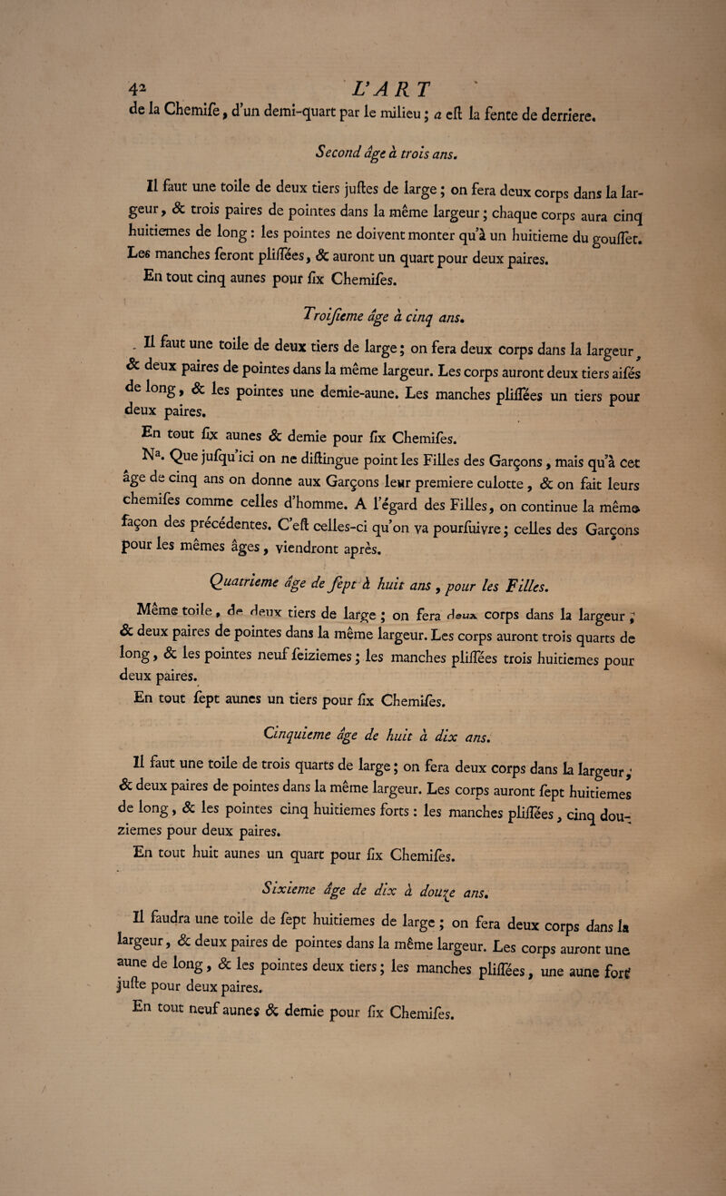 de la Chemife, d’un demi-quart par le milieu ; a eft la fente de derrière. Second âge a trois ans. Il faut une toile de deux tiers juftes de large ; on fera deux corps dans la lar¬ geur , & trois paires de pointes dans la même largeur ; chaque corps aura cinq huitièmes de long : les pointes ne doivent monter qu a un huitième du gouiTet. Les manches feront pliiTées, & auront un quart pour deux paires. En tout cinq aunes pour fix Chemifes. Troijieme âge cl cinq ans• - ^ ^aut une t0^e deux tiers de large ; on fera deux corps dans la largeur 9 & deux paires de pointes dans la même largeur. Les corps auront deux tiers aifés de long, & les pointes une demie-aune. Les manches plillees un tiers pour deux paires. En tout fîx aunes & demie pour fix Chemifes. Na. Que julqu ici on ne diflingue point les Filles des Garçons , mais qu’à cet âge de cinq ans on donne aux Garçons leur première culotte , & on fait leurs chemifes comme celles d’homme. A l’égard des Filles, on continue la mêm© façon des précédentes. C’eft celles-ci qu’on va pourfuivre ; celles des Garçons pour les memes âges, viendront après. Quatrième âge de feptà huit ans , pour les Filles. Meme toile 9 deux tiers de large \ on fera deux corps dans la largeur J & deux paires de pointes dans la même largeur. Les corps auront trois quarts de long, & les pointes neuffeiziemes; les manches pliiTées trois huitièmes pour deux paires. En tout fept aunes un tiers pour fix Chemifes. Cinquième âge de huit ci dix ans. Il faut une toile de trois quarts de large ; on fera deux corps dans k largeur; & deux paires de pointes dans la même largeur. Les corps auront fept huitièmes de long, & les pointes cinq huitièmes forts : les manches pliiTées, cinq dou¬ zièmes pour deux paires. En tout huit aunes un quart pour fix Chemifes. Sixième âge de dix a. douye ans. U faudra une toile de fept huitièmes de large ; on fera deux corps dans la largeur, & deux paires de pointes dans la même largeur. Les corps auront une aune de long, & les pointes deux tiers ; les manches plillees, une aune ford jufte pour deux paires. En tout neuf aunes Sç demie pour fix Chemifes.