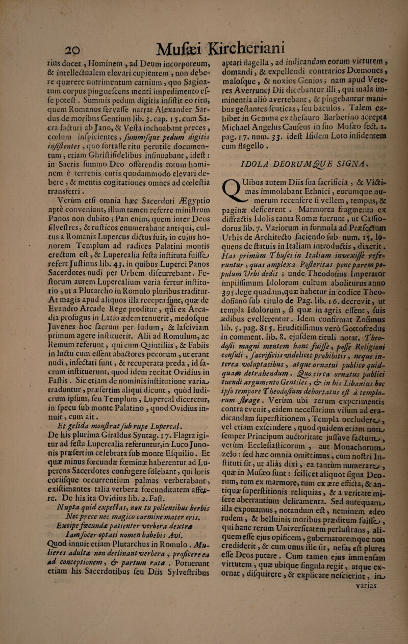 rius docet , Hominem , ad Deum incorporeum, & intelledualem elevari cupientem , non debe¬ re querere nutrimentum carnium , quo Sagina¬ tum corpus pinguefeens menti impedimento ef- fe potefi:. Summis pedum digitis infiftit eo ritu, quem Romanos fervaffe narrat Alexander Sar¬ dus de moribus Gentium lib. 3. cap. 1 5,cum Sa¬ cra faduri abjano, & Vefla inchoabant preces , coelum infpicientes , fummif'que pedum digitis infifi entes , quo fbrtafle ritu perutile documen¬ tum , etiam Ghriftifidelibus infinuabant, ideft : in Sacris fummo Deo offerendis totum homi¬ nem e terrenis curis quodammodo elevari de¬ bere 3 & mentis cogitationes omnes ad coeleflia transferri. Veriim etfi omnia haec Sacerdoti ZEgyptio apte conveniant, illum tamen referre miniflrum Panos non dubito ; Pan enim, quem inter Deos filveftres, Scrufticos enumerabant antiqui, cul¬ tus a Romanis Lupercus diftusfuit, in cujus ho¬ norem Templum ad radices Palatini montis eredum efl , & Lupercalia fefla inftituta fuiflo refert Juftinus lib. 43. in quibus Luperci Panos Sacerdotes nudi per Urbem difeurrebant. Fe- ftorum aurem Lupercalium varia fertur inftitu- tio , ut a Plutarcho in Romulo pluribus traditur. At magis apud aliquos illa recepta funt, qua? de Evandro Arcade Rege proditur, qui ex Arca¬ dia profugus in Latio aedem tenuerit, medofque Juvenes hoc facrum per ludum, & lafciviam primum agere inflituerit, Alii ad Romulum, ac Remum referunt, qui cum Quintiliis, & Fabiis in ludu cum effent abadores pecorum , ut erant nudi, infedati funt, & recuperata preda , id fa¬ crum inftituerunt, quod idem recitat Ovidius in Fallis . Sic etiam de nominisinftitutione variae traduntur, pra?fercim aliqui dicunt, quod ludi¬ crum ipfum, feu Templum , Lupercal diceretur, in fpecu fub monte Palatino , quod Ovidius in¬ nuit, cum ait. Et gelida, monfiratfub rupe Lupercal, De his plurima Giraldus Syntag. 17. Flagra igi¬ tur ad fefla Lupercalia referuntur,in Luco Juno¬ nis praefertim celebrata fub monte Efquilio. Et qua? minus foecunda? foemina? haberentur ad Lu- percos Sacerdotes confugere fdlebant, qui loris coriifque occurrentium palmas verberabant, exiftimantes talia verbera fcecunditatem affer¬ re. De his ita Ovidius lib. 2. FafL Nupta quid expeffas-, non tu pollentibus herbis Nec prece nec magico carmine mater eris. Excipe foecunda patienter verbera dextra lamfocer optati nomen habebis Avi. Quod innuit etiam Plutarchus in Romulo . Mu¬ lieres adulta non declinant verbera , proficere ea ad conceptionem, partum rata . Potuerunt etiam his Sacerdotibus feu Diis Sylveftribus aptari flagella, ad indicandam eorum virtutem , domandi, & expellendi contrarios Doemones, malofque, & noxios Genios; nam apud Vete- res Averruncj Dii dicebantur illi, qui mala im¬ minentia alio avertebant, & pingebantur mani¬ bus geftantes fcuticas , feu baculos . Talem ex¬ hibet in Gemma ex thefauro Barberino accepta Michael Angelus Caufeus infuo Mu fico fefit. 1. pag. 17. num. 33. ideft Ifidem Loto in fidente» cum flagello . IDOLA DEORUM£)UE SIGNA. QUibus autem Diisfua facriflcia , & Vici¬ nias immolabant Ethnici, eorumque nu- i-' merum rccenfere fi vellem, tempus, & pagina deficerent . Marmorea fragmenta ex diffra&is Idolis tanta Roma? fuerunt, ut Caflio- dorus lib. 7. Variorum in formula ad Pra?feCum Urbis de ArchiteCo faciendo fub num. 15, lo- quens deftatuis in Italiam introduCis , dixerit. Has primum Thufciin Italiam mvexiffe refe¬ runtur , quas amplexa Pofieritas pene parem po¬ pulum Vrbi dedit j unde Theodofius Imperator impiiflimum Idolorum cultum aboliturus anno 395 .lege quadam,qua? habetur in codice Theo- dofianofub titulo de Pag. lib. 1 6. decrevit, ut templa Idolorum, fi qua? in agris effent, fuis a?dibus evellerentur. Idem confirmat Zofitnus lib. 3. pag. 815. Eruditiflimus vero Gottofredus in comment. lib. 8. ejufdem tituli notat, fheo- dofii magni mentem hanc fuijfe, poffe Religioni confuli, facrificiis videlicet prohibitis, neque in¬ terea voluptatibus , atque ornatui publico quid¬ quam detrahendum . Quo circa ornatus publici tuendi argumento Gentiles, & in his Lihanius hoc ipfo tempore Theodofium dehortatus efl d templo¬ rum flvage. Verum ubi rerum experimentis contra evenit, eidem neceffarium vifum ad era¬ dicandam fuperft itionem , Templa occludero , vel etiam exfeindere , quod quidem etiam noru femper Principum audoritate juffiive fadutio, veriim Ecclefiafticorum , aut Monachorum^ zelo : fed ha?c omnia omittimus, cum noftri In- flituti fit, ut alias dixi, ea tantum numeraro , qu^ in Mu&o funt: fcilicet aliquot figna Deo¬ rum, tum ex marmore, tum ex sere effida, & an¬ tiqua: fuperftitionis reliquias, & a veritate mi- fere aberrantium deliramenta. Sed antequam^ illa exponamus, notandum efl:, neminem adeo rudem , & belluinis moribus pra?ditum fuiffo , qui hanc rerum Univerfitatem perluftrans, ali¬ quem cfle ejus opificem, gubernatoremque non crediderit, & cum unus ille fit, nefas eft plurcs efle Deos putare . Cum tamen ejus itnmenfam virtutem , qua? ubique fingula regit, atque ex¬ ornat , difquirerc, & explicare nefeierint, iru varias