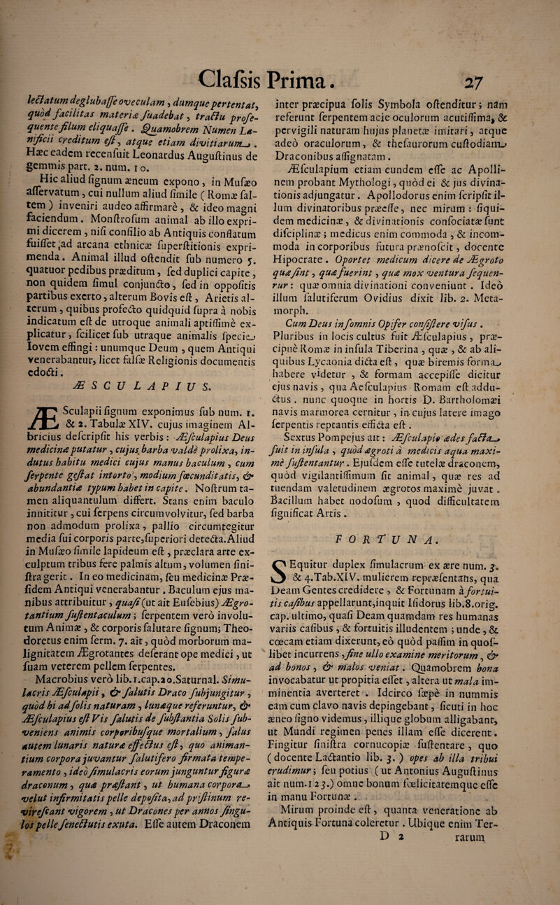 le&atum deglubajfe oveculam , dumquepertentat, quod facilitas materia fuadehat, traftu profe- quente filum eliqu affle . Quamobrem Numen La¬ nificii creditum efl , atque etiam divitiarum—> . Haec eadem recenfuit Leonardus Auguftinus de gemmis part. 2. num. 1 o. Hic aliud fignum a?neum expono, in Mufteo affervatum , cui nullum aliud limile ( Roma? fal- tem) inveniri audeo affirmare , & ideo magni faciendum. Monftrofum animal ab illo expri¬ mi dicerem , nifi confilio ab Antiquis conflatum fuiffet $ad arcana ethnica fuperftitionis expri¬ menda. Animal illud oftendit fub numero 5. quatuor pedibus proditum , fed duplici capite , non quidem fimul conjuneflo , fed in oppofltis partibus exerto , alterum Bovis eft, Arietis al¬ terum , quibus profecto quidquid fupra a nobis indicatum eft de utroque animali aptiflime ex¬ plicatur , fcilicet fub utraque animalis fpecio Iovem effingi: unumque Deum , quem Antiqui venerabantur, licet falfa? Religionis documentis cdo&i. AS S C U L A P I U S. Sculapii fignum exponimus fub num. r. & 2. Tabula? XIV. cujus imaginem Al- bricius defcripfit his verbis : ASfculapius Deus medicina putatur, cujus^ barba valde prolixa, in¬ dutus habitu medici cujus manus baculum , cum ferpente geflat intorto, modium facunditatis^ & abundantia typum habet in capite. Noftrum ta¬ men aliquantulum differt. Stans enim baculo innititur , cui ferpens circumvolvitur, fed barba non admodum prolixa, pallio circumtegitur media fui corporis parte,fuperiori deteCta. Aliud in Mufxo fimile lapideum efl , praeclara arte ex- culptum tribus fere palmis altum, volumen fini- ffra gerit. In eo medicinam, feu medicina Pra?- fidem Antiqui venerabantur . Baculum ejus ma¬ nibus attribuitur, quafi(ut ait Eufebius) JEgro- t antium fuflentaculum ; ferpentem vero involu¬ tum Anima?, & corporis falutare fignum; Theo- doretus enim ferm. 7. ait, quod morborum ma¬ lignitatem iEgrotantes deferant ope medici, ut fuam veterem pellem ferpentes. Macrobius vero lib.i.cap.io.Saturnal. Simu¬ lacris JEfculapii, & /alutis Draco /abjungitur , quod hi adfolis naturam, luna que referuntur, JE/culapius efl Vis /alutis de /ub/lantia Solis fub- veniens animis corporibu/que mortalium, /alus autem lunaris natura effetius efi, quo animan¬ tium corpora juvantur falutifero firmata tempe¬ ramento , ideo fimul acris eorum junguntur figuro draconum, qua proflant, ut humana corpora-» velut infirmitatis pelle depofita^ad pr fimum re- virefiant vigorem , ut Dracones per annos fingu- los pelle feneElutis exuta. Elfe autem Draconem inter praecipua folis Symbola offenditur; nam referunt ferpentem acie oculorum acutiffima, & pervigili naturam hujus planetae imitari, atque adeo oraculorum, & thefaurorum cuffodiam-* Draconibus affignatam. Aifculapium etiam eundem effe ac Apolli¬ nem probant Mythologi, quod ei & jus divina¬ tionis adjungatur. Apollodorus enim fcripfit il¬ lum divinatoribus pra?cffe, nec mirum: fiqui- dem medicina, & divinationis confociata?funt difciplina? ; medicus enim commoda , & incom¬ moda in corporibus futura pnrnofcit, docente Hipocrate . Oportet medicum dicere de JEgroto quofint, quo fuerint, quo mox ventura fequen- rur: qua? omnia divinationi conveniunt . Ideo illum falutiferum Ovidius dixit Jib. 2. Meta- morph. Cum Deus in/omnis Opifer confiftere vi/us . Pluribus iti locis cultus fuit ififculapius , prae¬ cipue Roma? in infula Tiberina , qua?, & ab ali¬ quibus Lycaonia diCta efl , qua? biremis forma.-» habere videtur , & formam accepilfe dicitur ejus navis , qua Aefculapius Romam efl addu¬ ctus . nunc quoque in hortis D. Bartholoma?i navis marmorea cernitur, in-cujus latere imago ferpentis reptantis efficta efl . Sextus Pompejus ait: JE/culapio odesfa£la-> fuit in infula , quod ogroti d medicis aqua maxi¬ me fuflentantur. Ejufdem effe tutela draconem*, quod vigilantiffimum fit animal, qua? res ad tuendam valetudinem aegrotos maxime juvat . Bacillum habet nodofum , quod difficultatem fignificat Artis. FORTUNA. S Equitur duplex fimulacrum ex aere num. & 4.Tab.XIV. mulierem repra?fentans, qua DeamGentescredidere , & Fortunam & fortui¬ tis cafibus appellarunt,inquit Ifidorus iib.8.orig. cap. ultimo, quafi Deam quamdam res humanas variis cafibus, & fortuitis illudentem ; unde , & coecam etiam dixerunt, eo quod paffim in quof- libet incurrens,fine ullo examine meritorum, & ad bonos, & malos veniat. Quamobrem bona invocabatur ut propitia effet, altera ut mala im¬ minentia averteret . Idcirco fiepe in nummis eam cum clavo navis depingebant, ficuti in hoc ameo figno videmus, illique globum alligabant, ut Mundi regimen penes illam effe dicerent. Fingitur finiftra cornucopia? fuffentare , quo ( docente La&antio lib. 3. ) opes ab illa tribui erudimur; feu potius ( ut Antonius Auguftinus ait num.i 2 5.) omne bonum foelicitatemque effe in manu Fortuna?. Mirum proinde efl, quanta veneratione ab AntiquisFortunacolcretur. Ubique enim Ter-