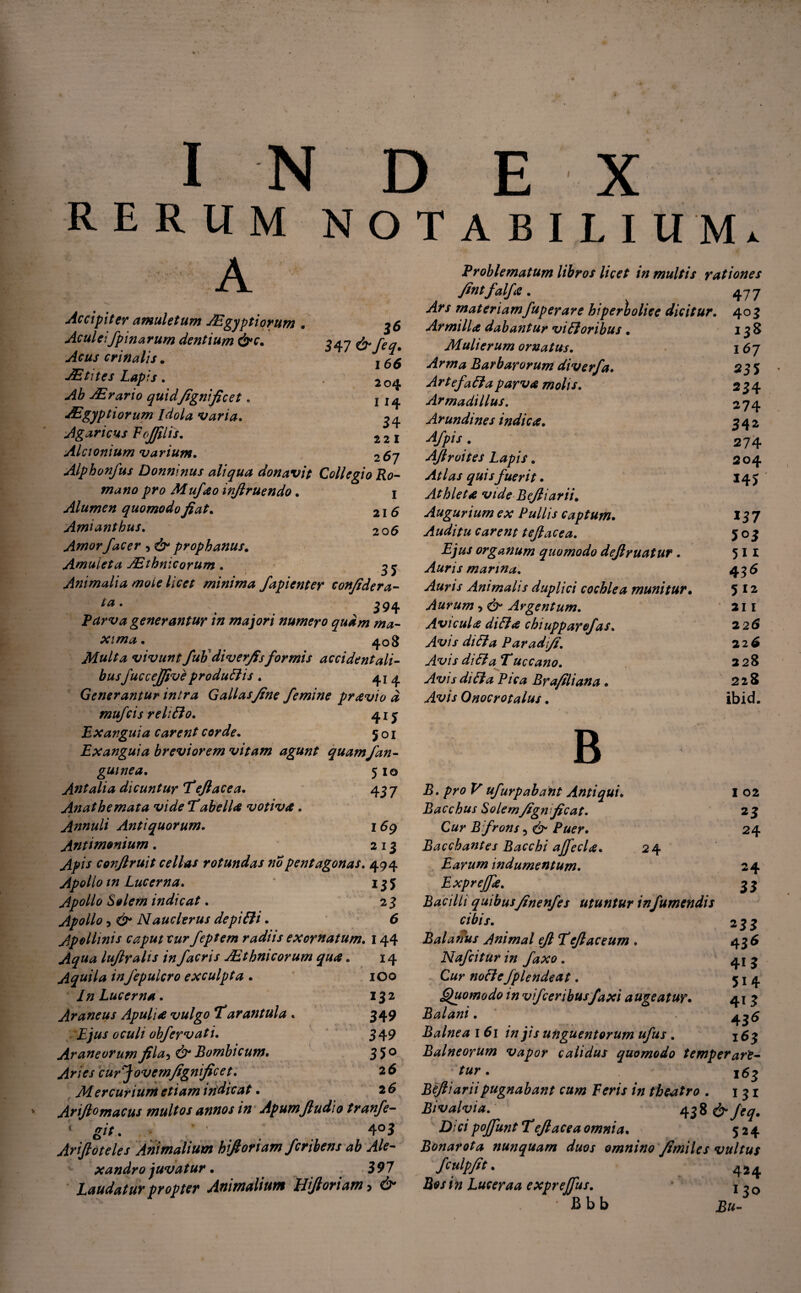 A RERUM NOTABILIUM. A 2 04 114 3 4 22 1 Accipiter amuletum JEgyptiorum . $$ Aculei/pinarum dentium &c. 347 e^feq. Acus crinalis. x $$ JEtitcs Lapis. Ab ASrario quid figntfice t. JEgyptiorum Idola varia, Agaricus Foffilis. Alcionium varium. 267 Alphonfus Donmnus aliqua donavit Collegio Ro¬ mano pro Mufao injlruendo. 1 Alumen quomodo fiat. 21 6 Amianthus. 2o 6 Amor /acer , prophanus. Amuleta JEthmcorum . ^ j Animalia mole licet minima fapicntey confidera- Parva generantur in majori numero quam ma¬ xima. 4.08 Multa vivunt fub diverfisformis accidentali¬ busfucceffiveprodutlis . 414 Generantur intra Gallas fine femine prcevio d muf cis relitlo. 413 Exanguia carent corde. 501 Exanguia breviorem vitam agunt quam/an¬ guinea. 510 Antalia dicuntur Tefiacea. 43 7 Anathemata videTabelU votiva. Annuli Antiquorum. 169 Antimonium. 213 Apis confiruit cellas rotundas nopentagonas. 494 Apollo in Lucerna. 135 Apollo Solem indicat. 23 Apollo 5 & Nauclerus depitli. 6 Apollinis caput cur feptem radiis exornatum. 144 Aqua luftralis in facris JEthnicorum qua. 14 Aquila in/epuler0 exculpta . 100 In Lucerna. 132 Araneus Apulia vulgo Tarantula . 349 Ejus oculi ob/ervati. 349 Araneorum fila3 & Bombicum. 350 Aries cur Jovemfignificet. 2 6 Mercurium etiam indicat . 2 6 Arifiomacus multos annos in Apumfiudio tran/e- 1 git. ' 4° 3 Arifioteles Animalium hifioriam /cribens ab Ale¬ xandro juvatur • 39 7 Laudatur propter Animalium Hifioriam* & Problematum libros licet in multis rationes fintfal/e. 4 77 materiam/uperare hiperboliee dicitur. 403 Armilla dabantur vilioribus . 138 Mulierum ornatus. 167 Barbarorum diver/a. 23$ Artefaftaparva molis. 234 Armadillus. 274 Arundines indica. 342 A/pis. 274 Aflroites Lapis. 2 04 quis fuerit. 143 Athleta vide Befiiarii. Augurium ex Pullis Captum. 13 7 Auditu carent te/lacea. 503 Ejus organum quomodo defiruatur . 51 x Auris manna. 436 Animalis duplici cochlea munitur. 512 Aurum, Argentum. 211 Avicula diffa chiupparofas. 226 Avis ditia Par ad fi. 226 Avis ditia Tuccano. 228 Pica Brafiliana. 228 Onocrotalus. ibid. B 24 I 02 24 B. pro V u/urpahant Antiqui. Bacchus Solemfignficat. Cur B frons 5 & Puer. Bacchantes Bacchi affecla. Earum indumentum. 24 Exprejfa. 3 3 Bacilli quibusfinenfes utuntur infumendis cibis. 233 Balanus Animal ejl Tefiaceum . 436 Nafciturin faxo. 413 O/r fplendeat. 5x4 Quomodo m vifceribus/axi augeatur. 41 3 Balani. 4 36 Balnea 1 61 in jis unguentorum ufus . 163 Balneorum vapor calidus quomodo temperare¬ tur. 163 Befiiarii pugnabant cum Peris in theatro . 1 31 Bivalvia. 438^ Jeq. Dici pojfunt T efiacea omnia, 524 Bonarota nunquam duos omnino fimiles vultus fculpfit. 424. Bos i n Luceraa exprejfus. * j 3 0 Bbb Eu-
