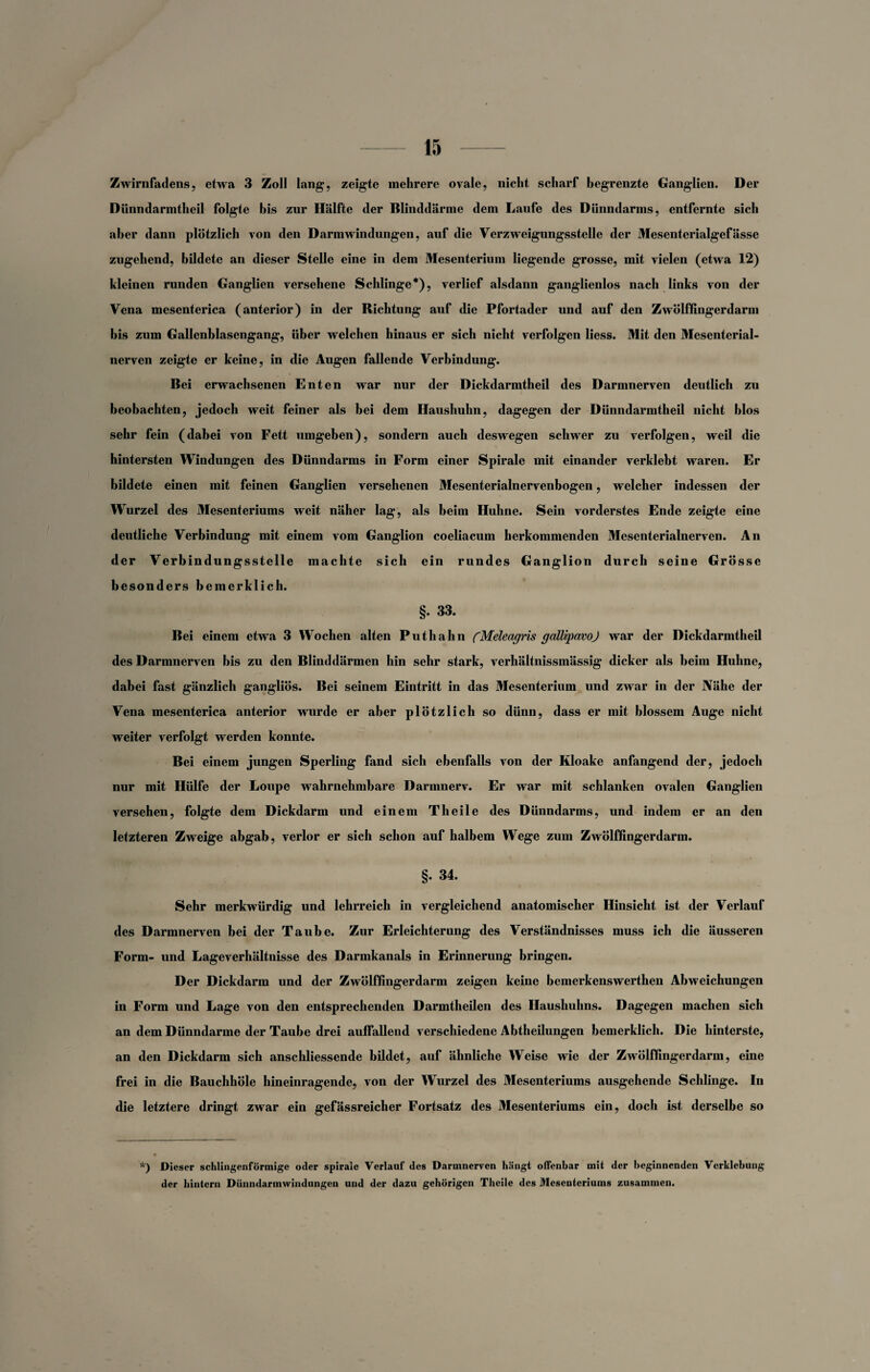 Zwirnfadens, etwa 3 Zoll lang, zeigte mehrere ovale, nicht scharf begrenzte Ganglien. Der Dünndarmtheil folgte bis zur Hälfte der Blinddärme dem Laufe des Dünndarms, entfernte sich aber dann plötzlich von den Darmwindungen, auf die Verzweigungsstelle der Mesenterialgefässe zugehend, bildete an dieser Stelle eine in dem Mesenterium liegende grosse, mit vielen (etwa 12) kleinen runden Ganglien versehene Schlinge*), verlief alsdann ganglienlos nach links von der Vena mesenterica (anterior) in der Richtung auf die Pfortader und auf den Zwölffingerdarm bis zum Gallenblasengang, über welchen hinaus er sich nicht verfolgen liess. Mit den Mesenterial¬ nerven zeigte er keine, in die Augen fallende Verbindung. Bei erwachsenen Enten war nur der Dickdarmtheil des Darmnerven deutlich zu beobachten, jedoch weit feiner als bei dem Haushuhn, dagegen der Dünndarmtheil nicht blos sehr fein (dabei von Fett umgeben), sondern auch deswegen schwer zu verfolgen, weil die hintersten Windungen des Dünndarms in Form einer Spirale mit einander verklebt waren. Er bildete einen mit feinen Ganglien versehenen Mesenterialnervenbogen, welcher indessen der Wurzel des Mesenteriums weit näher lag, als beim Huhne. Sein vorderstes Ende zeigte eine deutliche Verbindung mit einem vom Ganglion coeliacum herkommenden Mesenterialnerven. An der Verbindungsstelle machte sich ein rundes Ganglion durch seine Grösse besonders bemerklich. §. 33. Bei einem etwa 3 Wochen alten Puthahn fMeleagris gallipavoj war der Dickdarmtheil des Darmnerven bis zu den Blinddärmen hin sehr stark, verhältnissmässig dicker als beim Huhne, dabei fast gänzlich gangliös. Bei seinem Eintritt in das Mesenterium und zwar in der Nähe der Vena mesenterica anterior wurde er aber plötzlich so dünn, dass er mit blossem Auge nicht weiter verfolgt werden konnte. Bei einem jungen Sperling fand sich ebenfalls von der Kloake anfangend der, jedoch nur mit Hülfe der Loupe wahrnehmbare Darmnerv. Er war mit schlanken ovalen Ganglien versehen, folgte dem Dickdarm und einem Th eile des Dünndarms, und indem er an den letzteren Zweige abgab, verlor er sich schon auf halbem Wege zum Zwölffingerdarm. §. 34. Sehr merkwürdig und lehrreich in vergleichend anatomischer Hinsicht ist der Verlauf des Darmnerven bei der Taube. Zur Erleichterung des Verständnisses muss ich die äusseren Form- und Lageverhältnisse des Darmkanals in Erinnerung bringen. Der Dickdarm und der Zwölffingerdarm zeigen keine bcmerkenswerthen Abweichungen in Form und Lage von den entsprechenden Darmtheilen des Haushuhns. Dagegen machen sich an dem Dünndarme der Taube drei auffallend verschiedene Abtheilungen bemerklich. Die hinterste, an den Dickdarm sich anschliessende bildet, auf ähnliche Weise wie der Zwölffingerdarm, eine frei in die Bauchhöle hineinragende, von der Wurzel des Mesenteriums ausgehende Schlinge. In die letztere dringt zwar ein gefässreicher Fortsatz des Mesenteriums ein, doch ist derselbe so *) Dieser schlingenförmige oder spirale Verlauf des Darmnerven hängt offenbar mit der beginnenden Verklebung der hintern Dünndarmwindungen und der dazu gehörigen Theile des Mesenteriums zusammen.