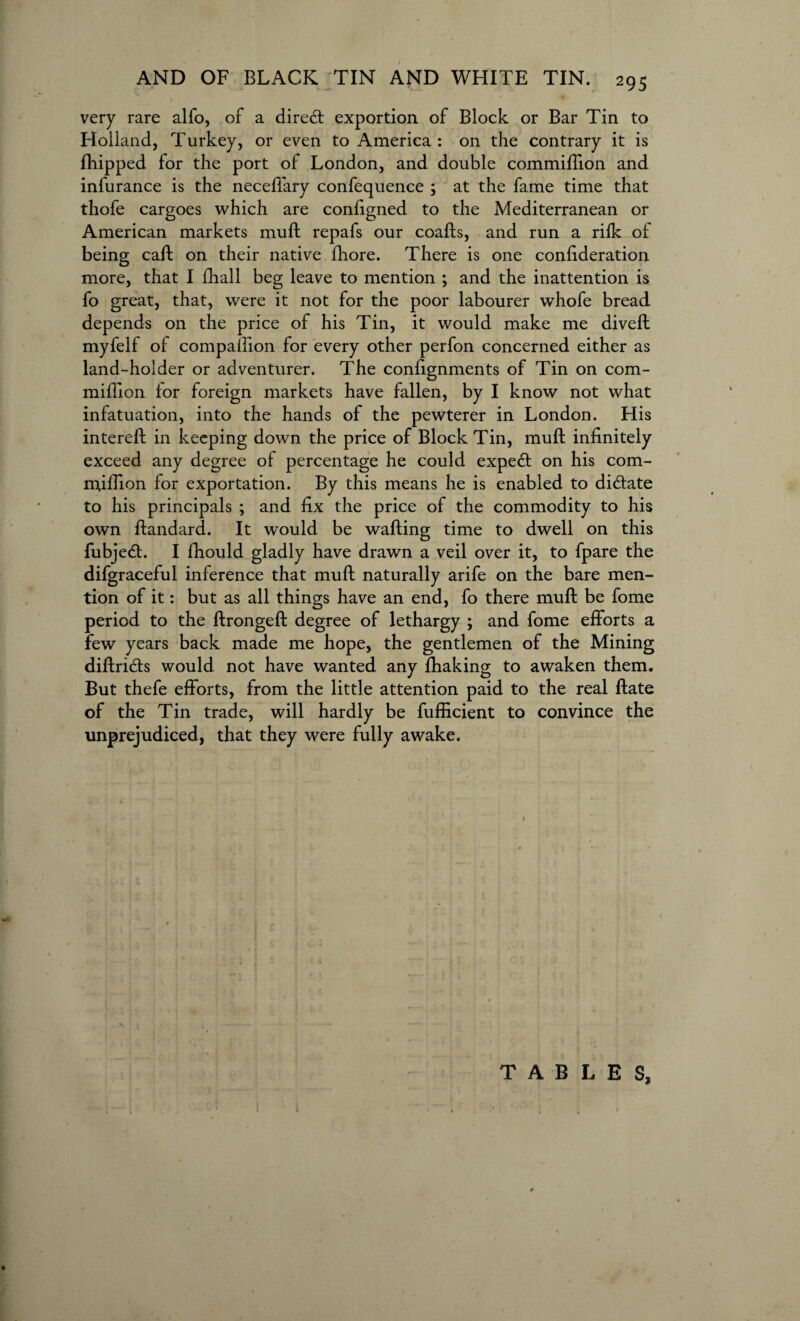 very rare alfo, of a dired: exportion of Block or Bar Tin to Holland, Turkey, or even to America : on the contrary it is fhipped for the port of London, and double commiffion and infurance is the neceftary confequence ; at the fame time that thofe cargoes which are configned to the Mediterranean or American markets muft repafs our coafts, and run a rilk of being call on their native fhore. There is one confideration more, that I fhall beg leave to mention ; and the inattention is fo great, that, were it not for the poor labourer whofe bread depends on the price of his Tin, it would make me diveft myfelf of companion for every other perfon concerned either as land-holder or adventurer. The confignments of Tin on com- miftion for foreign markets have fallen, by I know not what infatuation, into the hands of the pewterer in London. His intereft in keeping down the price of Block Tin, muft infinitely exceed any degree of percentage he could exped: on his com- m,iftion for exportation. By this means he is enabled to didate to his principals ; and fix the price of the commodity to his own ftandard. It would be wafting time to dwell on this fubjed:. I fhould gladly have drawn a veil over it, to fpare the difgraceful inference that muft naturally arife on the bare men¬ tion of it: but as all things have an end, fo there muft be fome period to the ftrongeft degree of lethargy ; and fome efforts a few years back made me hope, the gentlemen of the Mining diftrids would not have wanted any fhaking to awaken them. But thefe efforts, from the little attention paid to the real ftate of the Tin trade, will hardly be fufiicient to convince the unprejudiced, that they were fully awake. TABLES,