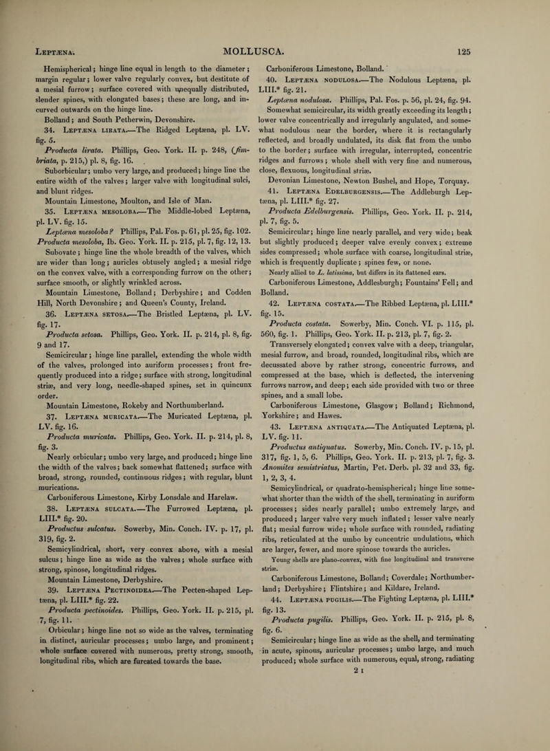 Hemispherical; hinge line equal in length to the diameter ; margin regular; lower valve regularly convex, but destitute of a mesial furrow; surface covered with unequally distributed, slender spines, with elongated bases; these are long, and in¬ curved outwards on the hinge line. Bolland; and South Petherwin, Devonshire. 34. Leptena lirata.—The Ridged Leptaena, pi. LV. fig. 5. Producta lirata. Phillips, Geo. York. II. p. 248, (fim- briata, p. 215,) pi. 8, fig. 16. Suborbicular; umbo very large, and produced; hinge line the entire width of the valves; larger valve with longitudinal sulci, and blunt ridges. Mountain Limestone, Moulton, and Isle of Man. 35. Leptena mesoloba.—The Middle-lobed Leptaena, pi. LV. fig. 15. Leptaena mesoloba? Phillips, Pal. Fos. p. 61, pi. 25, fig. 102. Producta mesoloba, lb. Geo. York. II. p. 215, pi. 7, fig- 12, 13. Subovate; hinge line the whole breadth of the valves, which are wider than long; auricles obtusely angled; a mesial ridge on the convex valve, with a corresponding furrow on the other; surface smooth, or slightly wrinkled across. Mountain Limestone, Bolland; Derbyshire; and Codden Hill, North Devonshire; and Queen’s County, Ireland. 36. Leptena setosa.—The Bristled Leptaena, pi. LV. fig- 17- Producta setosa. Phillips, Geo. York. II. p. 214, pi. 8, fig. 9 and 17. Semicircular; hinge line parallel, extending the whole width of the valves, prolonged into auriform processes; front fre¬ quently produced into a ridge; surface with strong, longitudinal striae, and very long, needle-shaped spines, set in quincunx order. Mountain Limestone, Rokeby and Northumberland. 37- Leptena muricata.—The Muricated Leptaena, pi. LV. fig. 16. Producta muricata. Phillips, Geo. York. II. p. 214, pi. 8, fig. 3. Nearly orbicular; umbo very large, and produced; hinge line the width of the valves; back somewhat flattened; surface with broad, strong, rounded, continuous ridges; with regular, blunt murications. Carboniferous Limestone, Kirby Lonsdale and Harelaw. 38. Leptena sulcata.—The Furrowed Leptaena, pi. LIII.* fig. 20. Prodnctus sulcatus. Sowerby, Min. Conch. IV. p. 17, pi. 319, fig- 2. Semicylindrical, short, very convex above, with a mesial sulcus; hinge line as wide as the valves; whole surface with strong, spinose, longitudinal ridges. Mountain Limestone, Derbyshire. 39- Leptena Pectinoidea.—The Pecten-shaped Lep¬ taena, pi. LIII.* fig. 22. Producta pectinoides. Phillips, Geo. York. II. p. 215, pi. 7, fig-11. • Orbicular; hinge line not so wide as the valves, terminating in distinct, auricular processes; umbo large, and prominent; whole surface covered with numerous, pretty strong, smooth, longitudinal ribs, which are furcated towards the base. Carboniferous Limestone, Bolland. 40. Leptena nodulosa.—The Nodulous Leptaena, pi. LIII.* fig. 21. Leptaena nodulosa. Phillips, Pal. Fos. p. 56, pi. 24, fig. 94. Somewhat semicircular, its width greatly exceeding its length; lower valve concentrically and irregularly angulated, and some¬ what nodulous near the border, where it is rectangularly reflected, and broadly undulated, its disk flat from the umbo to the border; surface with irregular, interrupted, concentric ridges and furrows; whole shell with very fine and numerous, close, flexuous, longitudinal striae. Devonian Limestone, Newton Bushel, and Hope, Torquay. 41. Leptena Edelburgensis.—The Addleburgh Lep¬ taena, pi. LIII.* fig. 27- Producta Edelburgensis. Phillips, Geo. York. II. p. 214, pi. 7, fig. 5. Semicircular; hinge line nearly parallel, and very wide; beak but slightly produced; deeper valve evenly convex; extreme sides compressed; whole surface with coarse, longitudinal striae, which is frequently duplicate; spines few, or none. Nearly allied to L. latissima, but differs in its flattened ears. Carboniferous Limestone, Addlesburgh; Fountains’ Fell; and Bolland. 42. Leptena costata.—The Ribbed Leptaena, pi. LIII.* fig. 15. Producta costata. Sowerby, Min. Conch. VI. p. 115, pi. 560, fig. 1. Phillips, Geo. York. II. p. 213, pi. 7, fig. 2. Transversely elongated; convex valve with a deep, triangular, mesial furrow, and broad, rounded, longitudinal ribs, which are decussated above by rather strong, concentric furrows, and compressed at the base, which is deflected, the intervening furrows narrow, and deep; each side provided with two or three spines, and a small lobe. Carboniferous Limestone, Glasgow; Bolland; Richmond, Yorkshire; and Hawes. 43. Leptena antiquata.—The Antiquated Leptaena, pi. LV. fig. 11. Productus antiquatus. Sowerby, Min. Conch. IV. p. 15, pi. 317, fig- 1, 5, 6. Phillips, Geo. York. II. p. 213, pi. 7, fig- 3. Anomites semistriatus, Martin, Pet. Derb. pi. 32 and 33, fig. 1, 2, 3, 4. Semicylindrical, or quadrato-hemispherical; hinge line some¬ what shorter than the width of the shell, terminating in auriform processes; sides nearly parallel; umbo extremely large, and produced; larger valve very much inflated ; lesser valve nearly flat; mesial furrow wide; whole surface with rounded, radiating ribs, reticulated at the umbo by concentric undulations, which are larger, fewer, and more spinose towards the auricles. Young shells are plano-convex, with fine longitudinal and transverse striae. Carboniferous Limestone, Bolland; Coverdale; Northumber¬ land ; Derbyshire ; Flintshire ; and Kildare, Ireland. 44. Leptena pugilis.—The Fighting Leptaena, pi. LIII.* fig. 13. Producta pugilis. Phillips, Geo. York. II. p. 215, pi. 8, fig. 6. Semicircular; hinge line as wide as the shell, and terminating in acute, spinous, auricular processes; umbo large, and much produced; whole surface with numerous, equal, strong, radiating 2 i
