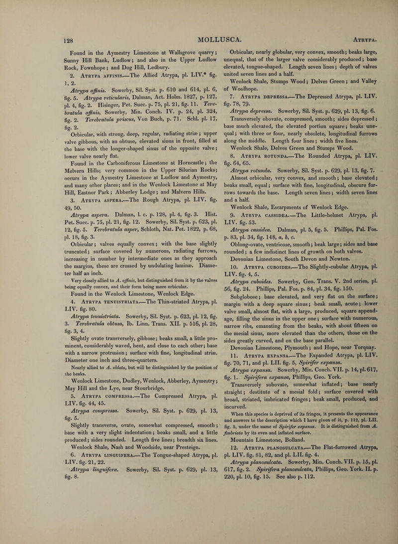 Found in the Aymestry Limestone at Wallsgrove quarry; Sunny Hill Bank, Ludlow; and also in the Upper Ludlow Rock, Fownhope; and Dog Hill, Ledbury. 2. Atrypa affinis.—The Allied Atrypa, pi. LIV.* fig. 1, 2. Atrypa affinis. Sowerby, Sil. Syst. p. 610 and 614, pi. 6, fig. 5. Atrypa reticularis, Dalman, Act. Holm. 1827, p. 127, pi. 4, fig. 2. Hisinger, Pet. Suec. p. 75, pi. 21, fig. 11. Tere- bratula affinis, Sowerby, Min. Conch. IV. p. 24, pi. 324, fig. 2. Terebratula prisons, Von Buch, p. 71. Schl. pi. 17, fig. 2. Orbicular, with strong, deep, regular, radiating strise ; upper valve gibbous, with an obtuse, elevated sinus in front, filled at the base with the longer-shaped sinus of the opposite valve; lower valve nearly flat. Found in the Carboniferous Limestone at Horncastle; the Melvern Hills; very common in the Upper Silurian Rocks; occurs in the Aymestry Limestone at Ludlow and Aymestry, and many other places; and in the Wenlock Limestone at May Hill, Eastnor Park; Abberley Lodge; and Malvern Hills. 3. Atrypa aspera_The Rough Atrypa, pi. LIV. fig. 49, 50. Atrypa aspera. Dalman, 1. c. p. 128, pi. 4, fig. 3. Hist. Pet. Suec. p. 75, pi. 21, fig. 12. Sowerby, Sil. Syst. p. 623, pi. 12, fig. 5. Terebratula asper, Schloth, Nat. Pet. 1822, p. 68, pi. 18, fig. 3. Orbicular; valves equally convex; with the base slightly truncated; surface covered by numerous, radiating furrows, increasing in number by intermediate ones as they approach the margins, these are crossed by undulating laminse. Diame¬ ter half an inch. Very closely allied to A. affinis, but distinguished from it by the valves being equally convex, and their form being more orbicular. Found in the Wenlock Limestone, Wenlock Edge. 4. Atrypa tenuistriata.—The Thin-striated Atrypa, pi. LIV. fig. 80. Atrypa tenuistriata. Sowerby, Sil. Syst. p. 623, pi. 12, fig. 3. Terebratula obtusa, lb. Linn. Trans. XII. p. 516, pi. 28, fig. 3, 4. Slightly ovate transversely, gibbose; beaks small, a little pro¬ minent, considerably waved, bent, and close to each other; base with a narrow protrusion; surface with fine, longitudinal strise. Diameter one inch and three-quarters. Nearly allied to A. oblata, but will be distinguished by the position of the beaks. Wenlock Limestone, Dudley, Wenlock, Abberley, Aymestry; May Hill and the Lye, near Stourbridge. 5. Atrypa compressa.—The Compressed Atrypa, pi. LIV. fig. 44, 45. Atrypa compressa. Sowerby, Sil. Syst. p. 629, pi. 13, fig. 5. Slightly transverse, ovate, somewhat compressed, smooth ; base with a very slight indentation; beaks small, and a little produced; sides rounded. Length five lines; breadth six lines. Wenlock Shale, Nash and Woodside, near Presteign. 6. Atrypa linguifera_The Tongue-shaped Atrypa, pi. LIV. fig. 21, 22. Atrypa linguifera. Sowerby, Sil. Syst. p. 629, pi. 13, fig. 8. Orbicular, nearly globular, very convex, smooth; beaks large, unequal, that of the larger valve considerably produced; base elevated, tongue-shaped. Length seven lines; depth of valves united seven lines and a half. Wenlock Shale, Stumps Wood; Delves Green; and Valley of Woolhope. 7. Atrypa depressa.—The Depressed Atrypa, pi. LIV. fig. 78, 79. Atrypa depressa. Sowerby, Sil. Syst. p. 629, pi. 13, fig. 6. Transversely obovate, compressed, smooth; sides depressed; base much elevated, the elevated portion square ; beaks une¬ qual; with three or four, nearly obsolete, longitudinal furrows along the middle. Length four lines ; width five lines. Wenlock Shale, Delves Green and Stumps Wood. 8. Atrypa rotunda.—The Rounded Atrypa, pi. LIV. fig. 64, 65. Atrypa rotunda. Sowerby, Sil. Syst. p. 629, pi. 13, fig. 7* Almost orbicular, very convex, and smooth; base elevated; beaks small, equal; surface with fine, longitudinal, obscure fur¬ rows towards the base. Length seven lines; width seven lines and a half. Wenlock Shale, Escarpments of Wenlock Edge. 9. Atrypa cassidea.—The Little-helmet Atrypa, pi. LIV. fig. 53. Atrypa cassidea. Dalman, pi. 5, fig. 5. Phillips, Pal. Fos. p. 83, pi. 34, fig. 148, a, b, c. Oblong-ovate, ventricose, smooth; beak large; sides and base rounded; a few indistinct lines of growth on both valves. Devonian Limestone, South Devon and Newton. 10. Atrypa cuboides_The Slightly-cubular Atrypa, pi. LIV. fig. 4, 5. Atrypa cuboides. Sowerby, Geo. Trans. V. 2nd series, pi. 56, fig. 24. Phillips, Pal. Fos. p. 84, pi. 34, fig. 150. Subglobose; base elevated, and very flat on the surface; margin with a deep square sinus; beak small, acute; lower valve small, almost flat, with a large, produced, square append¬ age, filling the sinus in the upper one; surface with numerous, narrow ribs, emanating from the beaks, with about fifteen on the mesial sinus, more elevated than the others, those on the sides greatly curved, and on the base parallel. Devonian Limestone, Plymouth; and Hope, near Torquay. 11. Atrypa expansa.—The Expanded Atrypa, pi. LIV. fig. 70, 71, and pi. LII. fig. 5, Spirifer expansa. Atrypa expansa. Sowerby, Min. Conch. VII. p. 14, pi. 617, fig. 1. Spirifera expansa, Phillips, Geo. York. Transversely subovate, somewhat inflated; base nearly straight; destitute of a mesial fold; surface covered with broad, striated, imbricated fringes; beak small, produced, and incurved. When this species is deprived of its fringes, it presents the appearance and answers to the description which I have given of it, p. 112, pi. LII. fig. 5, under the name of Spirifer expansa. It is distinguished from A. fimbriata by its even and inflated surface. Mountain Limestone, Bolland. 12. Atrypa planosulcata.—The Flat-furrowed Atrypa, pi. LIV. fig. 81, 82, and pi. LII. fig. 4. Atrypa planosulcata. Sowerby, Min. Conch. VII. p. 15, pi. 617, fig. 2. Spirifera planosulcata, Phillips, Geo. York. II. p. 220, pi. 10, fig. 15. See also p. 112.