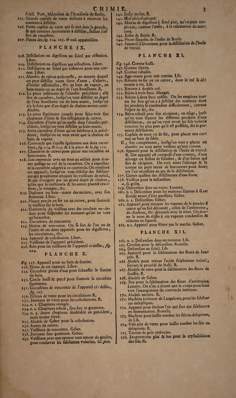 foleil. Pott, Mémoires de l’Académie de Berlin. ioj. Grande capfule de verre deftinée à recevoir les j matières à diftiller. îo6. Petite capfule de verre qui fè met dans la grande, & qui contient les matières à diftiller, faifànt l’of¬ fice de cucurbite. 107. Pièces desfig. 104. 10 j. & 106. appareillées; I PLANCHE IX. 108. Diftillâtion ou dîgeftion àu foleil par réflexion. Libav. 109. Diftillâtion ou digeftion par réfraction. Libav. i 10. Diftillâtion au foleil par réflexion pour une cor¬ nue. Libav. Si 1. Alambic de cuivre polycrefte, au moyen duquel on peut diftiller toute forte d’eaux , d’efprits, d’huiles eflentielles, &c. au bain de vapeur, au bain-marie oit au degré de l’eau bouillante. R. Iiz. La piece inférieure de l’alambic précédent 5 elle fert de cucurbite, lorfqu’on veut diftiller au degré de l’eau bouillante ou du bain-marie, lorfqu’on n’a befoin que d’un degré de chaleur moins confi- dérable. ï 13. La piece fiipérieure coupée polir faire voir (oïl chapiteau d’étain 8c fon réfrigèrent de cuivre. 114. Cucurbite d’étain qu’on ajufte dans l’alambic pré¬ cédent, lorfqu’on veut diftiller au bain-marie. H j. Autre cücurbite d’étain qu’on fubftitue à la précé¬ dente , lorfqu’on ne veut avoir que la chaleur du bain de vapeur., 116. Couvercle qui s’ajufte également aux deux cücur- bites ,Jîg. 114. & 11 j. 8c à la piece de la fig. 111. 117. Chaudron de cuivre pour placer une cucurbite aù bain-marie. R. 118. Son couvercle avec Un trou au milieu pour don¬ ner paflàge au col de la cucurbite. On a repréfen- té la cucurbite adaptée à ce couvercle. On employé cet appareil, lorfqu’on vêtit diftiller des fubftan¬ ces qui pourroient attaquer les vaifleaux de métal * 8c qui n’exigent pas un grand degré de chaleur * telles que le cochlearia 8c lés autres plantes cruci¬ fères , le vinaigre, &c. i 15?. Diploma ou bain-marie des anciens, avec fon fourneaü. Libav. , izo. Plaque percée en fer ou en cuivre* pour foutenir le vaifleau fur le bain. 1 i 1. Couvercle du vaiffeaü avec des crochets en-de¬ dans pour fufpendre les matières qu’on ne veut qu’humeéter. lii. Cucurbites de rencontre! 113. Matras de rencontre. On fe fert de l’un ou dé l’autre de ces deux appareils pour les digeftions * les circulations, &c. i 14. Appareil de cohobation. Libav. iz j. Vaifleaux de l’appareil précédent. 116. Bain pour les vaifleaux de l’appareil ci-deflus * fig» 124. PLANCHE Xk Fig. Ï17. Appareil pour un bain de fumier* 118. Dôme de cet appareil. Libav. lz çj. Cucurbite pleine d’eau poür échauffe!* lé fumier du bain. 130. Cercle brifé 8c percé pour foutenir la cucurbite fiipérieure. ? < 131. Cucurbites dé rencontre de l’appareil ci - deflus, fig. iz 7. 13 z. Pélican de verre pour les circulations Ri 133. Jumeaux de verre pour les cohobations. Ri 13 4. n. 1. Chapiteau aveugle. 134. n. z. Chapiteau tubulé, fans bec ni gouttière. 134.11* 3. Autre chapiteau femblable au précédent * mais moins élevé* ijf. Aludels de Geber pour là cohobation» 136. Autres du même. 137. Vaifleaux de rencontre. Geber. 138. Jumeaux fans gouttière. Geber* X3<?. Vaifleaux avec une rainure tout autour du goulot, pour confei'Ycr les fubftances volatiles* Gl.fum* 140. Enfer ancien. R. 141. (Euf philofophiqilé.' 14Z. Matras de digeftion à fond plat, qu’on peut em¬ ployer, comme l’enfer, à la calcination du mer¬ cure. 143. Enfer de Boyle. R. , 144. Pièces feparées de l’enfer de Boyle. ^ _ 14 j. Appareil d’Evonimus pour la diftillâtion de 1 huilé de vitriol. PLANCHE X h Fig. 146. Cornue bafle. 147. Cornue élevée. 148. Cornue tubulée. 149. Bain-marie pour une cornue. Lib.’ 1 jo. Retorte en fer ou en cuivre * dont le col fe dé-1 monte à vis. Lib. 1 ji. Retorte à double col; 1 jz. Balon à trois becs. Manget. 1 j3. Balons à deux becs enfilés. On les employé tou¬ tes les fois qu’on a à diftiller des matières dont les produits fe condenfènt difficilement, comme l’efprit de fel* &c. ÏJ4. Bâlon tubulé avec fon récipient j enufage, lors¬ qu’on veut feparer les différens produits d une diftillâtion , ou qu’on veut avoir les fels volatils concrets les plus purs qu’il eft poflible, des la pre¬ mière diftillâtion* i j j. Capfule de terre ou de fer* pour placer Une cor-, nue au bain de fable. C * fon complément, lorfqu’on veut y placer un alambic ou tout autre vaifleau qu’une cornue. ij 6. Appareil poür la diftillâtion de l’huile de vitrioh R. Cet appareil eft compofé d’une cornue* d’une allonge ou fufeau de Glauber , 8c d’un balon qui fert de récipient. On voit entre l’allonge 8c là cornue lin petit tuyau de baromètre pour four-} hir l’air néceflàire ait jeu de la diftillâtion*. I j7. Cuines ajuftées des diftillateurs d’eau-forte. 1 j 8. Vaifleau pour le defcenfum. a, là grille. I J5>. Defcenfum dans un verre. Lerrtety. 160. n. 1. Defcenfum poür les matières fujettes à fère* froidir avant d’être purifiées. Geber. 160. n. z. Defcenfum. Geber. i 161. Appareil ,pour attraper les Vapeurs de là poudre a canon qu’on fait détonner , celles de 1 antimoine *> du charbon, &c. détonnés avec le nîtré. On don¬ ne le nom de diffus à cés vapeurs condenfées 8c réduites en liqueur. 162. n.i. Appareil pour filtrer par la mcche. Geber. PLANCHE XII. \Ci. n. z. Defcenfum dans un tonneau. Lib. 163. Creufets pour le defcenfum. Rouelle. 164. Defcenfum au foleil. Lib* i£j. Appareil pour là fublimation des fleurs de ben5 join. R. 166 Aludels pour retirer l’acide fiilphüreux volatil* I fuivant le procédé de Stahl. R. 167. Aludels de terre pour là fublimation des fleurs de fouflre. R. 168. Aludels de Geber. 169. Pot pour la fublimation des fleurs d’antimoine® Lemery. On n’en a donné que la coupe pour faire voir l’arrangement du couvercle intérieur. 170* Aludels anciens. R. 171. Machine à triturer de Langelotte, pour lés fubftan* ces métalliques. 172. Appareil pour évaluer l’air qui fort des fubftances en fermentation. RoUelle. 173. Machine pour laifler tomber les fels endeliqulum, de Lib. r 174. Vafe plat de verre poür laifler tomber les tels en deliquium. R. 17 j. Terrine de grès ordinaire. _ 176. Evaporatoire plat 8c bas pour la cryftallifation des fels* R»