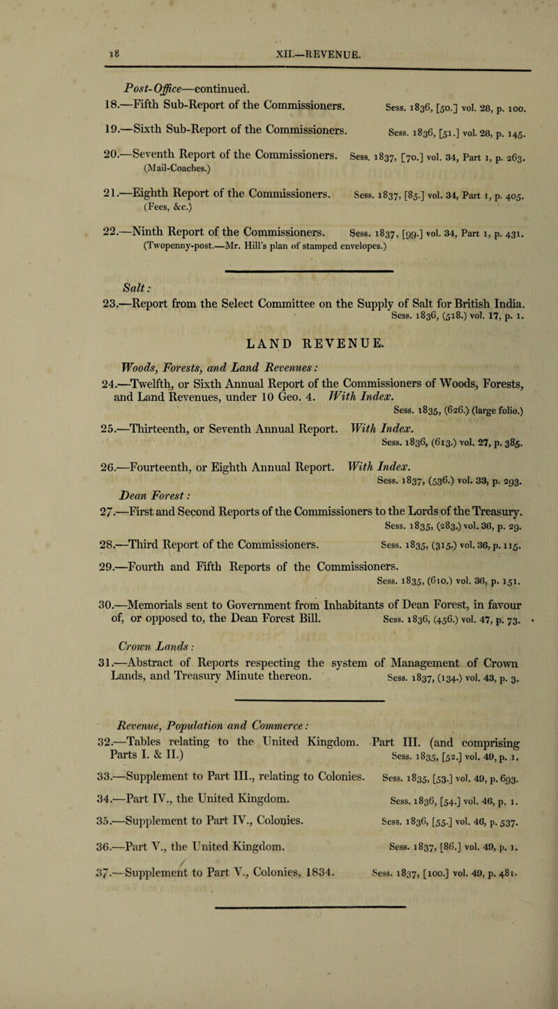 Post- Office—continued. 18. —Fifth Sub-Report of the Commissioners. Sess. 1836, [50.] vol. 28, p. 100. 19. —Sixth Sub-Report of the Commissioners. Sess. 1836, [51.] vol. 28, P. 145. 20. —Seventh Report of the Commissioners. Sess. 1837, [70.] vol. 34, Part 1, P. 263. (Mail-Coaches.) 21. —Eighth Report of the Commissioners. Sess. 1837, [85.] vol. 34, Part i, P. 405. (Fees, &c.) 22. —Ninth Report of the Commissioners. Sess. 1837, [99-] vol. 34, Part 1, P. 431. (Twopenny-post.—Mr. Hill’s plan of stamped envelopes.) Salt: 23.—Report from the Select Committee on the Supply of Salt for British India. Sess. 1836, (518.) vol. 17, p. 1. LAND REVENUE. Woods, Forests, and Land Revenues: 24. —Twelfth, or Sixth Annual Report of the Commissioners of Woods, Forests, and Land Revenues, under 10 Geo. 4. With Index. Sess. 1835, (626.) (large folio.) 25. —Thirteenth, or Seventh Annual Report. With Index. Sess. 1836, (613.) vol. 27, p. 385. 26. -—Fourteenth, or Eighth Annual Report. With Index. Sess. 1837, (536.) vol. 33, p. 293. Dean Forest: 27. —First and Second Reports of the Commissioners to the Lords of the Treasury. Sess. 1835, (283.) vol. 36, p. 29. 28. —Third Report of the Commissioners. Sess. 1835, (315.) vol. 36, p. 115. 29. —Fourth and Fifth Reports of the Commissioners. Sess. 1835, (610.) vol. 36, p. 151. 30. —Memorials sent to Government from Inhabitants of Dean Forest, in favour of, or opposed to, the Dean Forest Bill. Sess. 1836, (456.) vol. 47, p. 73. * Crown Lands: 31. —Abstract of Reports respecting the system of Management of Crown Lands, and Treasury Minute thereon. Sess. 1837, (134.) vol. 43, p. 3. Revenue, Population and Commerce: 32.—Tables relating to the United Kingdom. Part III. (and comprising Parts I. & II.) Sess. 1835, [52.] vol. 49, p. 1. 33. —Supplement to Part III., relating to Colonies. Sess. 1835, [53.] vol. 49, P. 693. 34. —Part IV., the United Kingdom. Sess. 1836, [54.] vol. 46, P. 1. 35.—Supplement to Part IV., Colonies. Sess. 1836, [55.] vol. 46, p. 537. 36.—Part V., the United Kingdom. Sess. 1837, [86.] vol. 49, P. 1. 3/.—Supplement to Part V., Colonies, 1834. Sess. 1837, [100.] vol. 49, p. 481.