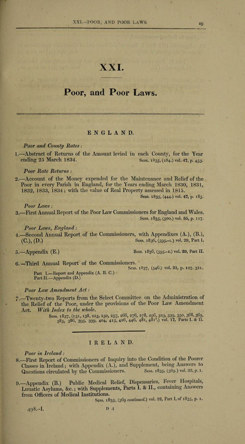 a9 XXI. Poor, and Poor Laws. ENGLAND. Poor and County Rates: 1. —Abstract of Returns of the Amount levied in each County, for the Year ending 25 March 1834. Sess. 1835, (284.) vol. 47, p. 453. Poor Rate Returns: 2. —Account of the Money expended for the Maintenance and Relief of the Poor in every Parish in England, for the Years ending March 1830, 1831, 1832, 1833, 1834 ; with the value of Real Property assessed in 1815. Sess. 1835, (444.) vol. 47, p. 185. Poor Laics: 3. —First Annual Report of the Poor Law Commissioners for England and Wales. Sess. 1835, (500.) vol. 35, p. 117. Poor Laws, England: 4. —Second Annual Report of the Commissioners, with Appendixes (A.), (B.), (C.), (D.) Sess, 1836, (595.-1.) vol. 29, Part I. 5. —Appendix (E.) Sess. 1836, (595.-1.) vol. 29, Part II. 6. —Third Annual Report of the Commissioners. Sess. 1837, (546.) vol. 31, p. 127. 321. Part I.—Report and Appendix (A. B. C.) Part II.—Appendix (D.) Poor Law Amendment Act: 7. —Twenty-two Reports from the Select Committee on the Administration of the Relief of the Poor, under the provisions of the Poor Law Amendment Act. With Index to the whole. Sess. 1837, (131,138, 225, 250, 257, 266, 276, 278, 29C, 329, 339, 350, 368, 369, 385, 386, 395, 399, 404* 415, 426, 446, 481,481V) vol. 17, Parts I. & II. IRELAND. Poor in Ireland: 8. —First Report of Commissioners of Inquiry into the Condition of the Poorer Classes in Ireland; with Appendix (A.), and Supplement, being Answers to Questions circulated by the Commissioners. Sess. 1835, (369.) vol. 32, p. 1. 9. —Appendix (B.) Public Medical Relief, Dispensaries, Fever Hospitals, Lunatic Asylums, &c.; with Supplements, Parts I. & II., containing Answeis from Officers of Medical Institutions. Sess. 1835, (369 continued.) vol. 32, Part I, of 1835, p. 1.