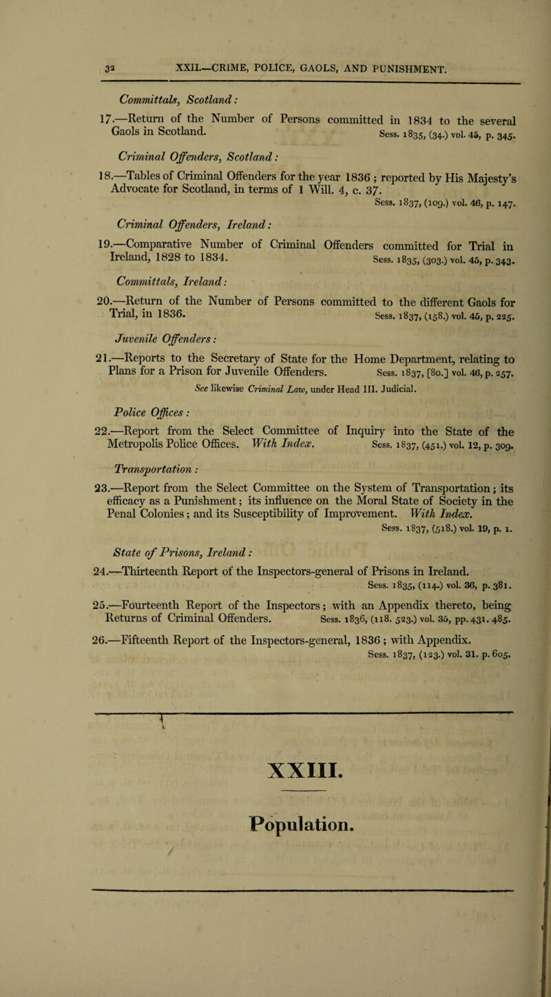 Committals, Scotland: 17.—Return of the Number of Persons committed in 1834 to the several Gaols in Scotland. Sess. 1835, (34.) vol. 45, p. 345. Criminal Offenders, Scotland: 18—Tables of Criminal Offenders for the year 1836 ; reported by His Majesty’s Advocate for Scotland, in terms of 1 Will. 4, c. 37. Sess. 1837, (109.) vol. 46, p. 147. Criminal Offenders, Ireland: 19. —Comparative Number of Criminal Offenders committed for Trial in Ireland, 1828 to 1834. Sess. 1835, (303.) vol. 45, p. 343. • Committals, Ireland: 20. —-Return of the Number of Persons committed to the different Gaols for Trial, in 1836. Sess. 1837, (158.) vol. 45, p. 225. Juvenile Offenders: 21. —Reports to the Secretary of State for the Home Department, relating to Plans for a Prison for Juvenile Offenders. Sess. 1837, [80.] vol. 46, p. 257. See likewise Criminal Law, under Head III. Judicial. Police Offices: 22. —Report from the Select Committee of Inquiry into the State of the Metropolis Police Offices. With Index. Sess. 1837, (451.) vol. 12, p. 309. Transportation: 23. —Report from the Select Committee on the System of Transportation; its efficacy as a Punishment; its influence on the Moral State of Society in the Penal Colonies; and its Susceptibility of Improvement. With Index. Sess. 1837, (518.) vol. 19, p. 1. State of Prisons, Ireland: 24. ——1Thirteenth Report of the Inspectors-general of Prisons in Ireland. Sess. 1835, (Uf) vol. 36, p. 381. 25. —Fourteenth Report of the Inspectors; with an Appendix thereto, being Returns of Criminal Offenders. Sess. 1836, (118. 523.) vol. 35, pp. 431.485. 26. —Fifteenth Report of the Inspectors-general, 1836 ; with Appendix. Sess. 1837, (123.) vol. 31. p. 605. XXIII / Population.