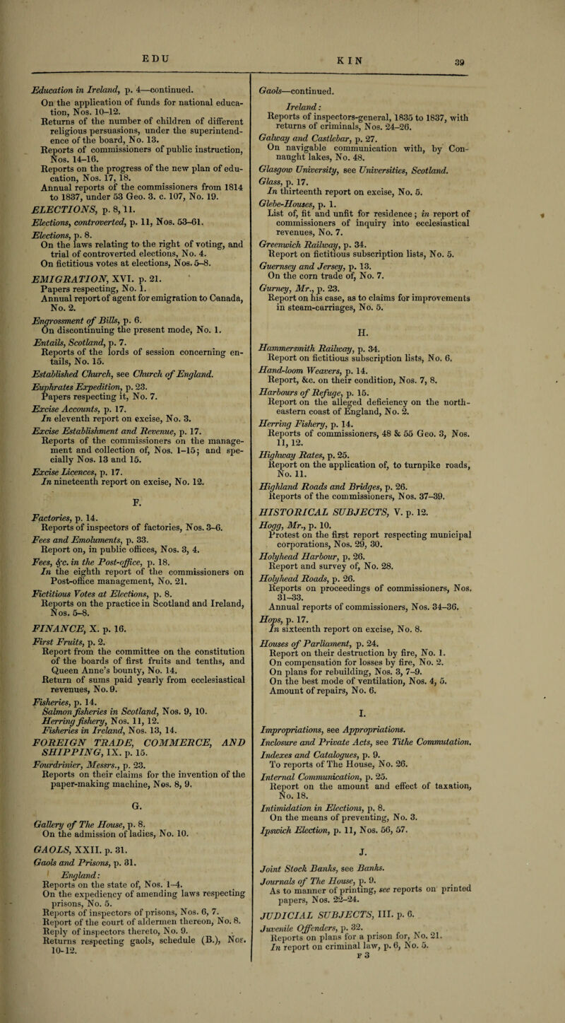 39 Education in Ireland, p. 4—continued. On the application of funds for national educa¬ tion, Nos. 10-12. Returns of the number of children of different religious persuasions, under the superintend¬ ence of the board, No. 13. Reports of commissioners of public instruction, Nos. 14-16. Reports on the progress of the new plan of edu¬ cation, Nos. 17, 18. Annual reports of the commissioners from 1814 to 1837, under 53 Geo. 3. c. 107, No. 19. ELECTIONS, p. 8,11. Elections, controverted, p. 11, Nos. 53-61. Elections, p. 8. On the laws relating to the right of voting, and trial of controverted elections, No. 4. On fictitious votes at elections, Nos, 5-8. EMIGRATION, XVI. p. 21. Papers respecting, No. 1. Annual report of agent for emigration to Canada, No. 2. Engi'ossment of Bills, p. 6. On discontinuing the present mode, No. 1. Entails, Scotland, p. 7. Reports of the lords of session concerning en¬ tails, No. 15. Established Church, see Church of England. Euphrates Expedition, p. 23. Papers respecting it, No. 7. Excise Accounts, p. 17. In eleventh report on excise. No. 3. Excise Establishment and Revenue, p. 17. Reports of the commissioners on the manage¬ ment and collection of, Nos. 1-15; and spe¬ cially Nos. 13 and 15. Excise Licences, p. 17. In nineteenth report on excise, No. 12. P. Factories, p. 14. Reports of inspectors of factories, Nos. 3-6. Fees and Emoluments, p. 33. Report on, in public offices, Nos. 3, 4. Fees, Sfc. in the Post-office, p. 18. In the eighth report of the commissioners on Post-office management, No. 21. Fictitious Votes at Elections, p. 8. Reports on the practice in Scotland and Ireland, Nos. 5-8. FINANCE, X. p. 16. First Fruits, p. 2. Report from the committee on the constitution of the boards of first fruits and tenths, and Queen Anne’s bounty, No. 14. Return of sums paid yearly from ecclesiastical revenues, No. 9. Fisheries, p. 14. Salmon fisheries in Scotland, Nos. 9, 10. Herring fishery, Nos. 11, 12. Fisheries in Ireland, Nos. 13, 14. FOREIGN TRADE, COMMERCE, AND SHIPPING, IX. p. 15. Fourdrinier, Messrs., p. 23. Reports on their claims for the invention of the paper-making machine, Nos. 8, 9, G. Gallery of The House, p. 8. On the admission of ladies, No. 10. GAOLS, XXII. p. 31. Gaols and Prisons, p. 31. England: Reports on the state of, Nos. 1-4. On the expediency of amending laws respecting prisons, No. 5. Reports of inspectors of prisons, Nos. 6, 7. Report of the court of aldermen thereon, No. 8. Reply of inspectors thereto, No. 9. Returns respecting gaols, schedule (B.), Nos. 10-12. Gaols—continued. Ireland: Reports of inspectors-general, 1835 to 1837, with returns of criminals, Nos. 24-26. Galway and Castlebar, p. 27. On navigable communication with, by Con¬ naught lakes, No. 48. Glasgow University, see Universities, Scotland. Glass, p. 17. In thirteenth report on excise, No. 5. Glebe-Houses, p. 1. List of, fit and unfit for residence; in report of commissioners of inquiry into ecclesiastical revenues, No. 7. Greenwich Railway, p. 34. Report on fictitious subscription lists, No. 5. Guernsey and Jersey, p. 13. On the corn trade of, No. 7. Gurney, Mr., p. 23. Report on his case, as to claims for improvements in steam-carriages, No. 5. H. Hammersmith Railway, p. 34. Report on fictitious subscription lists, No. 6. Hand-loom Weavers, p. 14. Report, &c. on their condition, Nos. 7, 8. Harbours of Refuge, p. 15. Report on the alleged deficiency on the north¬ eastern coast of England, No. 2. Herring Fishery, p. 14. Reports of commissioners, 48 & 55 Geo. 3, Nos. 11, 12. Highway Rates, p. 25. Report on the application of, to turnpike roads, No. 11. Highland Roads and Bridges, p. 26. Reports of the commissioners, Nos. 37-39. HISTORICAL SUBJECTS, V. p. 12. Hogg, Mr., p. 10. Protest on the first report respecting municipal corporations, Nos. 29, 30. Holyhead Harbour, p, 26. Report and survey of, No. 28. Holyhead Roads, p. 26. Reports on proceedings of commissioners, Nos. 31-33. Annual reports of commissioners, Nos. 34-36. Hops, p. 17. In sixteenth report on excise, No. 8. Houses of Parliament, p. 24. Report on their destruction by fire, No. 1. On compensation for losses by fire, No. 2. On plans for rebuilding, Nos. 3, 7-9. On the best mode of ventilation, Nos. 4, 5. Amount of repairs, No. 6. I. Impropriations, see Appropriations. Inclosure and Private Acts, see Tithe Commutation. Indexes and Catalogues, p. 9. To reports of The House, No. 26. Internal Communication, p. 25. Report on the amount and efiect of taxation, No. 18. Intimidation in Elections, p. 8. On the means of preventing, No. 3. Ipswich Election, p. 11, Nos. 56, 57. J. Joint Stock Banks, see Banks. Journals of The House, p. 9. As to manner of printing, see reports on printed papers, Nos. 22-24. JUDICIAL SUBJECTS, III. p. 6. Juvenile Offenders, p. 32. Reports on plans for a prison for, No. 21. In report on criminal law, p. 6, No. 5. F 3