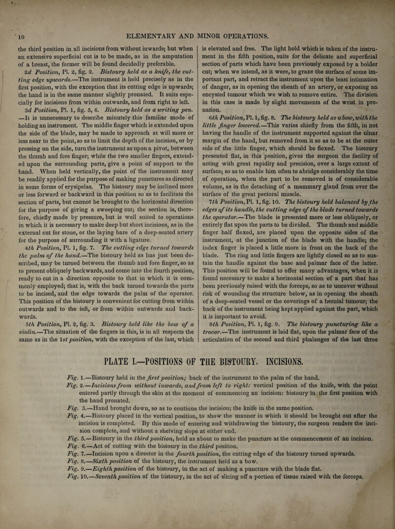 the third position in all incisions from without inwards; but when an extensive superficial cut is to be made, as in the amputation of a breast, the former will be found decidedly preferable. 2d Position, PI. 2, fig. 2. Bistoury held as a knife, the cut¬ ting edge upwards.—The instrument is held precisely as in the first position, with the exception that its cutting edge is upwards; the hand is in the same manner slightly pronated. It suits espe¬ cially for incisions from within outwards, and from right to left. 3d Position, PI. 1, fig. 5, 6. Bistoury held as a writing pen. —It is unnecessary to describe minutely this familiar mode of holding an instrument. The middle finger which is extended upon the side of the blade, may be made to approach at will more or less near to the point, so as to limit the depth of the incision, or by pressing on the side, turn the instrument as upon a pivot, between the thumb and fore finger; while the two smaller fingers, extend¬ ed upon the surrounding parts, give a point of support to the hand. When held vertically, the point of the instrument may be readily applied for the purpose of making punctures as directed in some forms of erysipelas. The bistoury may be inclined more or less forward or backward in this position so as to facilitate the section of parts, but cannot be brought to the horizontal direction for the purpose of giving a sweeping cut; the section is, there¬ fore, chiefly made by pressure, but is well suited to operations in which it is necessary to make deep but short incisions, as in the external cut for stone, or the laying bare of a deep-seated artery for the purpose of surrounding it with a ligature. 4th Position, PI. 1, fig. 7. The cutting edge turned towards the palm of the hand.—The bistoury held as has just been de¬ scribed, may be turned between the thumb and fore finger, so as to present obliquely backwards, and come into the fourth position, ready to cut in a direction opposite to that in which it is com¬ monly employed; that is, with the back turned towards the parts to be incised, and the edge towards the palm of the operator. This position of the bistoury is convenient for cutting from within outwards and to the left, or from within outwards and back¬ wards. 5th Position, PI. 2, fig. 3. Bistoury held like the bow of a violin.—The situation of the fingers in this, is in all respects the same as in the 1st position, with the exception of the last, which is elevated and free. The light hold which is taken of the instru¬ ment in the fifth position, suits for the delicate and superficial section of parts which have been previously exposed by a bolder cut; when we intend, as it were, to graze the surface of some im¬ portant part, and retract the instrument upon the least intimation of danger, as in opening the sheath of an artery, or exposing an encysted tumour which we wish to remove entire. The division in this case is made by slight movements of the wrist in pro¬ nation. 6th Position, PI. 1, fig. 8. The bistoury held as a bow, with the little finger lowered.—This varies chiefly from the fifth, in not having the handle of the instrument supported against the ulnar margin of the hand, but removed from it so as to be at the outer side of the little finger, which should be flexed. The bistoury presented flat, in this position, gives the surgeon the facility of acting with great rapidity and precision, over a large extent of surface; so as to enable him often to abridge considerably the time of operation, when the part to be removed is of considerable volume, as in the detaching of a mammary gland from over the surface of the great pectoral muscle. 1th Position, PI. 1, fig. 10. The bistoury held balanced by the edges of its handle, the cutting edge of the blade turned towards the operator.—The blade is presented more or less obliquely, or entirely flat upon the parts to be divided. The thumb and middle finger half flexed, are placed upon the opposite sides of the instrument, at the junction of the blade with the handle; the index finger is placed a little more in front on the back of the blade. The ring and little fingers are lightly closed so as to sus¬ tain the handle against the base and palmar face of the latter. This position will be found to offer many advantages, when it is found necessary to make a horizontal section of a part that has been previously raised with the forceps, so as to uncover without risk of wounding the structure below, as in opening the sheath of a deep-seated vessel or the coverings of a hernial tumour; the back of the instrument being kept applied against the part, which it is important to avoid. 8th Position, PI. 1, fig. 9. The bistoury puncturing like a trocar.—The instrument is laid flat, upon the palmar face of the articulation of the second and third phalanges of the last three PLATE I.—POSITIONS OF THE BISTOURY. INCISIONS. Fig. 1.—Bistoury held in the first position; back of the instrument to the palm of the hand. Fig. 2.—Incisions from without imvards, and from left to right: vertical position of the knife, with the point entered partly through the skin at the moment of commencing an incision: bistoury in the first position with the hand pronated. Fig. 3.—Hand brought down, so as to continue the incision; the knife in the same position. Fig. 4.—Bistoury placed in the vertical position, to show the manner in which it should be brought out after the incision is completed. By this mode of entering and withdrawing the bistoury, the surgeon renders the inci¬ sion complete, and without a shelving slope at either end. Fig. 5.—Bistoury in the third position, held as about to make the puncture at the commencement of an incision. Fig. 6.—Act of cutting with the bistoury in the third position. Fig. 7.—Incision upon a director in the fourth position, the cutting edge of the bistoury turned upwards. Fig. 8.—Sixth position of the bistoury, the instrument held as a bow. Fig. 9.—Eighth position of the bistoury, in the act of making a puncture with the blade flat. Fig. 10.—Seventh positio?i of the bistoury, in the act of slicing off a portion of tissue raised with the forceps.