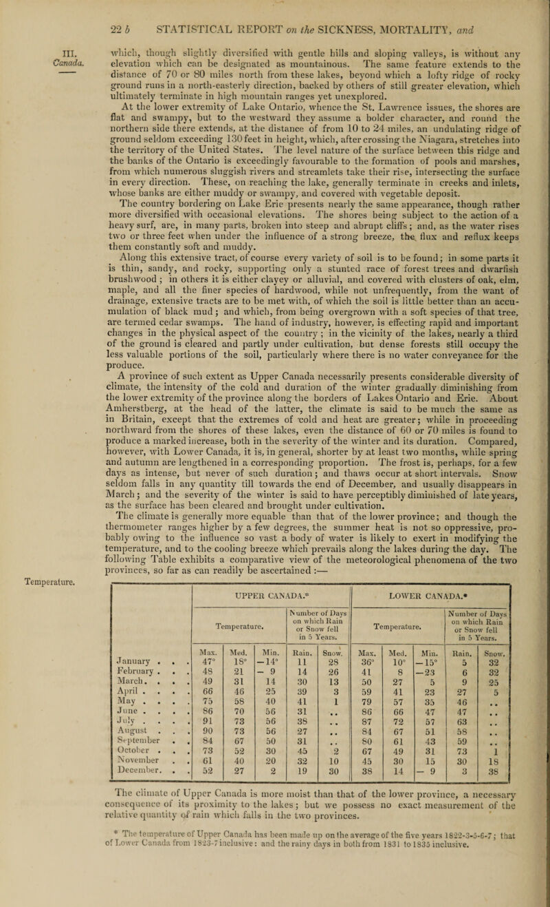 Canada. Temperature. 22 b STATISTICAL REPORT on the SICKNESS, MORTALITY, and elevation which can be designated as mountainous. The same feature extends to the distance of 70 or 80 miles north from these lakes, beyond which a lofty ridge of rocky ground runs in a north-easterly direction, backed by others of still greater elevation, which ultimately terminate in high mountain ranges yet unexplored. At the lower extremity of Lake Ontario, whence the St. Lawrence issues, the shores are flat and swampy, but to the westward they assume a bolder character, and round the northern side there extends, at the distance of from 10 to 24 miles, an undulating ridge of ground seldom exceeding 130 feet in height, which, after crossing the Niagara, stretches into the territory of the United States. The level nature of the surface between this ridge and the banks of the Ontario is exceedingly favourable to the formation of pools and marshes, from which numerous sluggish rivers and streamlets take their rise, intersecting the surface in every direction. These, on reaching the lake, generally terminate in creeks and inlets, whose banks are either muddy or swampy, and covered with vegetable deposit. The country bordering on Lake Erie presents nearly the same appearance, though rather more diversified with occasional elevations. The shores being subject to the action of a heavy surf, are, in many parts, broken into steep and abrupt cliffs; and, as the water rises two or three feet when under the influence of a strong breeze, the, flux and reflux keeps them constantly soft and muddy. Along this extensive tract, of course every variety of soil is to be found; in some parts it is thin, sandy, and rocky, supporting only a stunted race of forest trees and dwarfish brushwood ; in others it is either clayey or alluvial, and covered with clusters of oak, elm, maple, and all the finer species of hardwood, while not unfrequently, from the want of drainage, extensive tracts are to be met with, of which the soil is little better than an accu¬ mulation of black mud; and which, from being overgrown with a soft species of that tree, are termed cedar swamps. The hand of industry, however, is effecting rapid and important changes in the physical aspect of the country ; in the vicinity of the lakes, nearly a third of the ground is cleared and partly under cultivation, but dense forests still occupy the less valuable portions of the soil, particularly where there is no water conveyance for the produce. A province of such extent as Upper Canada necessarily presents considerable diversity of climate, the intensity of the cold and duration of the winter gradually diminishing from the lower extremity of the province along the borders of Lakes Ontario and Erie. About Amherstberg, at the head of the latter, the climate is said to be much the same as in Britain, except that the extremes of 'cold and heat are greater; while in proceeding northward from the shores of these lakes, even the distance of 60 or 70 miles is found to produce a marked increase, both in the severity of the winter and its duration. Compared, however, with Lower Canada, it is, in general, shorter by at least two months, while spring and autumn are lengthened in a corresponding proportion. The frost is, perhaps, for a few days as intense, but never of such duration; and thaws occur at short intervals. Snow seldom falls in any quantity till towards the end of December, and usually disappears in March; and the severity of the winter is said to have perceptibly diminished of late years, as the surface has been cleared and brought under cultivation. The climate is generally more equable than that of the lower province; and though the thermometer ranges higher by a few degrees, the summer heat is not so oppressive, pro¬ bably owing to the influence so vast a body of water is likely to exert in modifying the temperature, and to the cooling breeze which prevails along the lakes during the day. The following Table exhibits a comparative view of the meteorological phenomena of the two provinces, so far as can readily be ascertained :— UPPER CANADA.* LOWER CANADA * N umbel of Days Number of Days on which Rain on which Rain temperature. or Snow fell Temperature. or Snow fell in 5 Years. in 5 Years. Max. Med. Min. Rain. Snow. Max. Med. Min. Rain. Snow. January . 47° 18° -14° 11 28 36° 10° -15° 5 32 February . 48 21 - 9 14 26 41 8 — 23 6 32 March. . 49 31 14 30 13 50 27 5 9 25 April . 66 46 25 39 3 59 41 23 27 5 May . 75 58 40 41 1 79 57 35 46 June . 86 70 56 31 ’ • • 86 66 47 47 J uly . 91 73 56 38 • • 87 72 57 63 August 90 73 56 27 • • 84 67 51 58 September 84 67 50 31 • • 80 61 43 59 October . 73 52 30 45 2 67 49 31 73 1 November 61 40 20 32 10 45 30 15 30 18 December. 52 27 2 19 30 38 14 - 9 3 38 The climate of Upper Canada is more moist than that of the lower province, a necessary consequence of its proximity to the lakes; but we possess no exact measurement of the relative quantity of rain which falls in the two provinces. * The temperature of Upper Canada has been made up on the average of the five years 1822-3-5-6-7; that of Lower Canada from 1823-7 inclusive: and the rainy days in both from 1831 to 1835 inclusive.