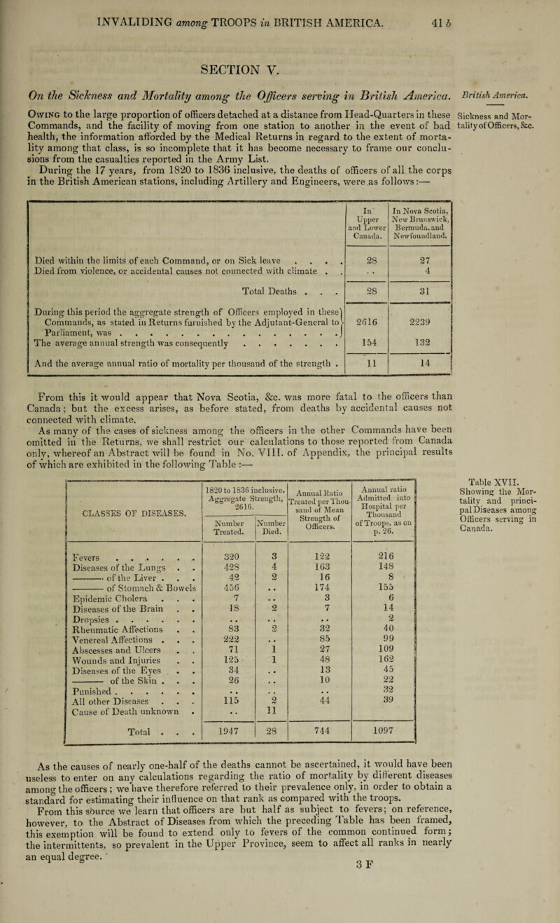 SECTION V. On the Sickness and Mortality among the Officers serving in British America. Owing to the large proportion of officers detached at a distance from Head-Quarters in these Commands, and the facility of moving from one station to another in the event of bad health, the information afforded by the Medical Returns in regard to the extent of morta¬ lity among that class, is so incomplete that it has become necessary to frame our conclu¬ sions from the casualties reported in the Army List. During the 17 years, from 1820 to 1836 inclusive, the deaths of officers of all the corps in the British American stations, including Artillery and Engineers, were (as follows:— In In Nova Scotia, New Brunswick. Upper and Lower Bermuda, and Canada. N ewfoundl and. Died within the limits of each Command, or on Sick leave . 28 27 Died from violence, or accidental causes not connected with climate . 4 Total Deaths . 28 31 j During this period the aggregate strength of Officers employed in these! 1 Commands, as stated in Returns furnished by the Adjutant-General to> 2616 2239 Parliament, was.J The average annual strength was consequently. 154 132 And the average annual ratio of mortality per thousand of the strength . 11 14 j From this it would appear that Nova Scotia, &e. was more fatal to the officers than Canada; but the excess arises, as before stated, from deaths by accidental causes not connected with climate. As many of the cases of sickness among the officers in the other Commands have been omitted in the Returns, we shall restrict our calculations to those reported from Canada only, whereof an Abstract will be found in No. VIII. of Appendix, the principal results of which are exhibited in the following Table :— CLASSES OF DISEASES. 1820 to 1836 inclusive. Aggregate Strength, 2616. Annual Ratio Treated per Thou¬ sand of Mean Strength of Officers. Annual ratio Admitted into Hospital per Thousand of Troops, as on p. 26. Number Treated. Number Died. Fevers. 320 3 122 216 Diseases of the Lungs 428 4 163 148 -of the Liver . 42 2 16 8 ■-of Stomach & Rowels 456 • • 174 155 Epidemic Cholera 7 • • 3 6 Diseases of the Brain 18 2 7 14 Dropsies. . . • • • • 2 Rheumatic Affections 83 2 32 40 Venereal Affections . 222 • • 85 99 Abscesses and Ulcers 71 1 27 109 Wounds and Injuries 125 1 48 162 Diseases of the Eyes 34 • • 13 45 - of the Skin . 26 • • 10 22 Punished. • • • . • • 32 All other Diseases 115 2 44 39 Cause of Death unknown • • 11 Total 1947 28 744 1097 As the causes of nearly one-half of the deaths cannot be ascertained, it would have been useless to enter on any calculations regarding the ratio of mortality by different diseases among the officers; we have therefore referred to their prevalence only, in order to obtain a standard for estimating their influence on that rank as compared with the troops. From this source we learn that officers are but half as subject to fevers; on reference, however, to the Abstract of Diseases from which the preceding Table has been framed, this exemption will be found to extend only to fevers of the common continued form; the intermittents, so prevalent in the Upper Province, seem to affect all ranks in nearly an equal degree. British America. Sickness and Mor¬ tality of Officers, &c. Table XVII. Showing the Mor¬ tality and princi¬ pal Diseases among Officers serving in Canada.