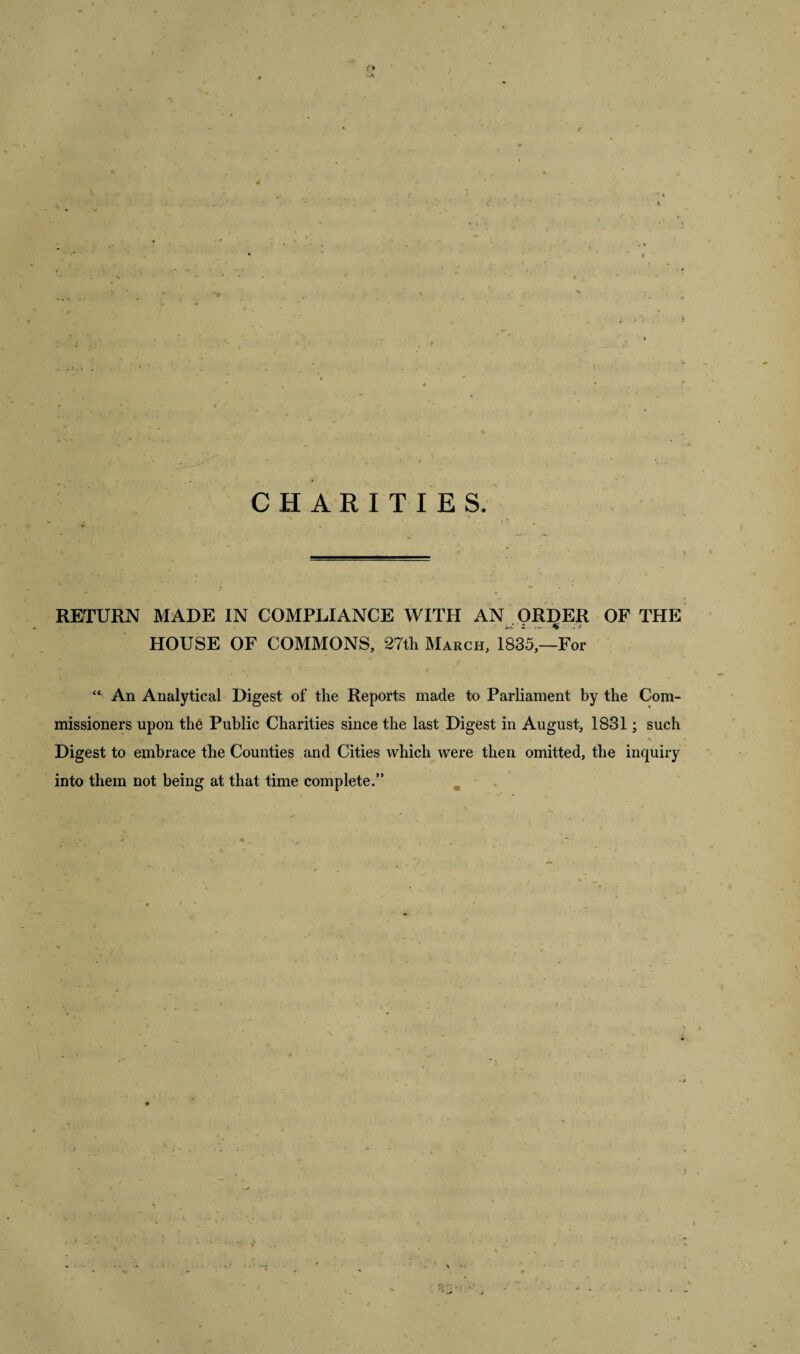 CHARITIES. RETURN MADE IN COMPLIANCE WITH AN ORDER OF THE HOUSE OF COMMONS, 27th March, 1835,—For “ An Analytical Digest of the Reports made to Parliament by the Com¬ missioners upon the Public Charities since the last Digest in August, 1831; such - Digest to embrace the Counties and Cities which were then omitted, the inquiry into them not being at that time complete.”