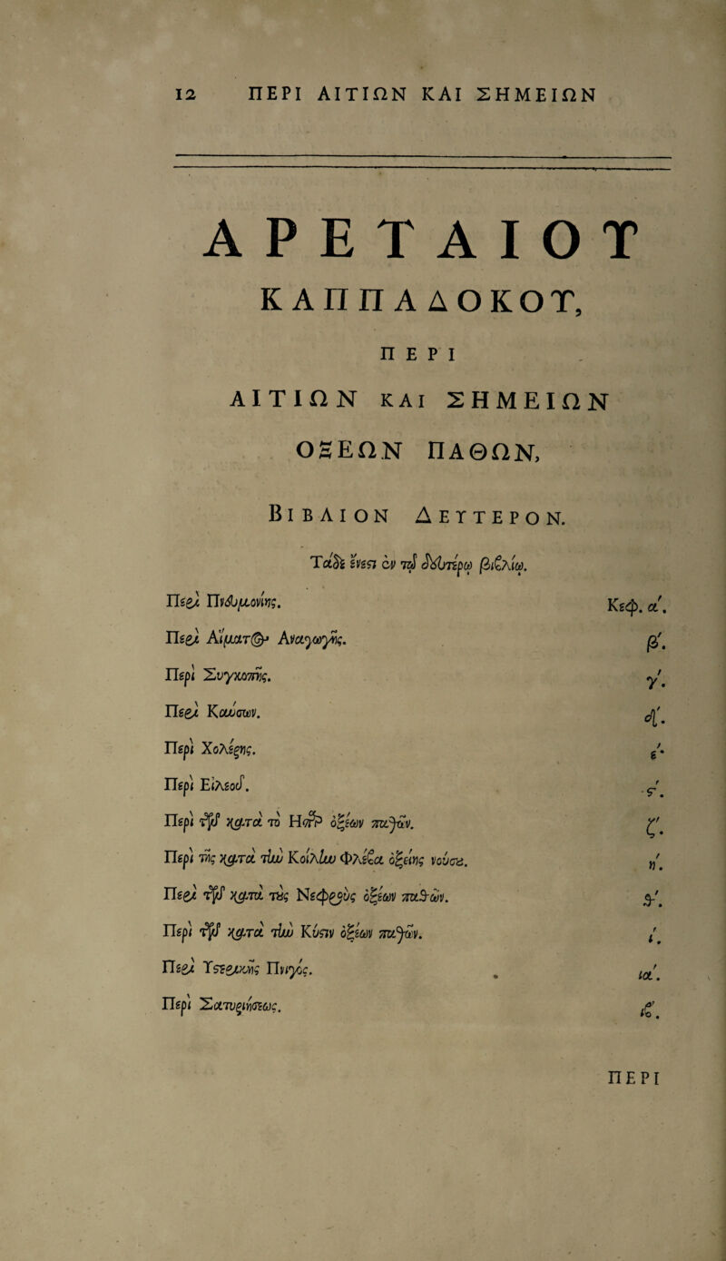 J ■' ...  1 .'ij ■ — A P E T A I O T KAnnA AOKOT, n E P I AITIftN KAI SHMEIftN OSEftN IIAQftN, Bibaion Aettepon. TctSi m<n b> toT Mmp m (iib 'm. . t Hee} nv&jy,om;. Hee} A}[mt& AvctyvyYig. Hepl iLvyxomg. Hee} Kouumv. Hep) XoAsgyg. Hep) EiAsocf. Uip) T^f 3[Cf^TOt to H<7r^ 61*26)1/ TTZlJxiV. Hep) TAq X^TCt TbuLi KoIALuJ <$>?^£cl O^m; lI0VGZ. Hee} t^J1 tig Neep^ug 'cfejem 7wl7w. Hep) t^J* .toc 7iw Kusiv ttlcJccv. HseJ Ysz&tyjyig Huysg. Hepi 'HEoLTvymcjg. Keep. cl. (X- 7- 4'. / g* r S'. C / «. HE PI