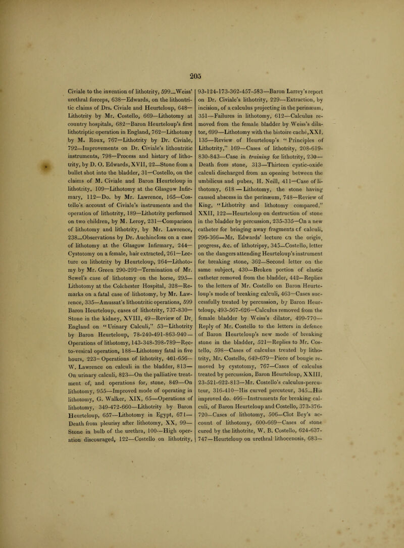 Civiale to the invention of lithotrity, 599_Weiss’ urethral forceps, 638—Edwards, on the lithontri- tic claims of Drs. Civiale and Heurteloup, 648— Lithotrity by Mr. Costello, 669—Lithotomy at country hospitals, 682—Baron Heurteloup’s first lithotriptic operation in England, 762—Lithotomy by M. Roux, 767—Lithotrity by Dr. Civiale, 792—Improvements on Dr. Civiale’s lithontritic instruments, 798—Process and history of litho¬ trity, by D. O. Edwards, XVII, 22—Stone from a bullet shot into the bladder, 31—Costello, on the claims of M. Civiale and Baron Heurteloup in lithotrity, 109—Lithotomy at the Glasgow Infir¬ mary, 112—Do. by Mr. Lawrence, 165—Cos¬ tello’s account of Civiale’s instruments and the operation of lithotrity, 189—Lithotrity performed on two children, by M. Leroy, 231—Comparison of lithotomy and lithotrity, by Mr. Lawrence, 238_Observations by Dr. Auchincloss on a case of lithotomy at the Glasgow Infirmary, 244— Cystotomy on a female, hair extracted, 261—Lec¬ ture on lithotrity by Heurteloup, 264—Lithoto¬ my by Mr. Green 290-292—Termination of Mr. Sewel’s case of lithotomy on the horse, 295— Lithotomy at the Colchester Hospital, 328—Re¬ marks on a fatal case of lithotomy, by Mr. Law¬ rence, 335—Amussat’s lithontritic operations, 599 Baron Heurteloup, cases of lithotrity, 737-830— Stone in the kidney, XVIII, 49—Review of Di\ England on “ Urinary Calculi,” 53—Lithotrity by Baron Heurteloup, 78-240-491-863-940 — Operations of lithotomy, 143-348-398-789—Rec¬ to-vesical operation, 188—Lithotomy fatal in five hours, 223-Operations of lithotrity, 401-656— W. Lawrence on calculi in the bladder, 813— On urinary calculi, 823—On the palliative treat¬ ment of, and operations for, stone, 849—On lithotomy, 955—Improved mode of operating in lithotomy, G. Walker, XIX, 65—Operations of lithotomy, 349-472-660—Lithotrity by Baron Heurteloup, 657—Lithotomy in Egypt, 671— Death from pleurisy after lithotomy, XX, 99— Stone in bulb of the urethra, 100—High oper¬ ation discouraged, 122—Costello on lithotrity, 93-124-173-362-457-583—Baron Larrey’s report on Dr. Civiale’s lithotrity, 229—Extraction, by incision, of a calculus projecting in the perinseum, 351—Failures in lithotomy, 612—Calculus re¬ moved from the female bladder by Weiss’s dila¬ tor, 699—Lithotomy with the bistoire cache,XXI, 135—Review of Heurteloup’s “ Principles of Lithotrity,” 169—Cases of lithotrity, 208-619- 830-843—Case in training for lithotrity, 230— Death from stone, 313—Thirteen cystic-oxide calculi discharged from an opening between the umbilicus and pubes, H. Neill, 411—Case of li¬ thotomy, 618—Lithotomy, the stone having caused abscess in the perinasum, 748—Review of King, “Lithotrity and lithotomy compared,” XXII, 122—Heurteloup on destruction of stone in the bladder by percussion, 235-335—On a new catheter for bringing away fragments cf calculi, 296-366—Mr. Edwards’ lecture cn the origin, progress, &c. of lithotripsy, 345—Costello, letter on the dangers attending Heurteloup’s instrument for breaking stone, 362—Second letter on the same subject, 430—Broken portion of elastic catheter removed from the bladder, 442—Replies to the letters of Mr. Costello on Baron Heurte¬ loup’s mode of breaking calculi, 463—Cases suc¬ cessfully treated by percussion, by Baron Heur¬ teloup, 493-567-626—Calculus removed from the female bladder by Weiss’s dilator, 499-770— Reply of Mr. Costello to the letters in defence of Baron Heurteloup’s new mode of breaking stone in the bladder, 521—Replies to Mr. Cos¬ tello, 598—Cases of calculus treated by litho¬ trity, Mr. Costello, 649-679—Piece of bougie re¬ moved by cystotomy, 767—Cases of calculus treated by percussion, Baron Heurteloup, XXIII, 23-521-622-813—Mr. Costello’s calculus-percu- teur, 316-410—His curved percuteur, 345_His improved do. 466—Instruments for breaking cal¬ culi, of Baron Heurteloup and Costello, 373-376- 720—Cases of lithotomy, 506—Clot Bey’s ac¬ count of lithotomy, 600-669—Cases of stone cured by the lithotrite, W. B. Costello, 624-637- 747—Heurteloup on urethral lithocenosis, 683—