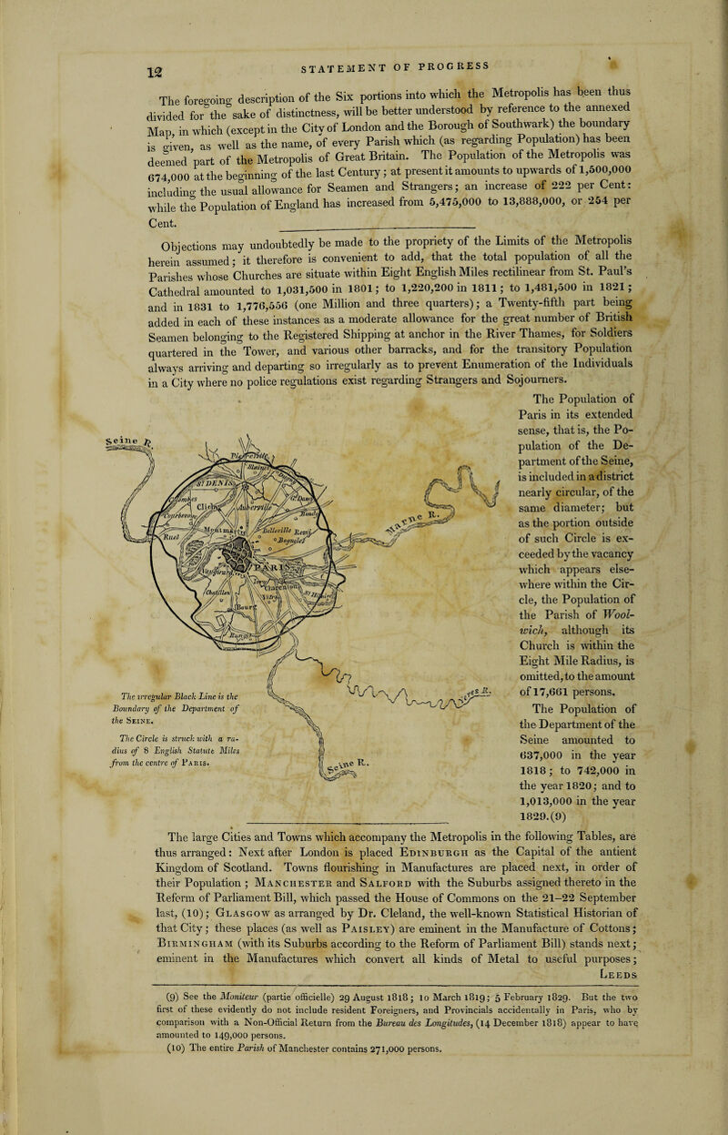 The foregoing description of the Six portions into which the Metropolis has b.een thus divided for the sake of distinctness, will be better understood by reference to the annexed Map in which (except in the City of London and the Borough of Southwark) the boundary is o-i'ven as well as the name, of every Parish which (as regarding Population) has been deemed ’part of the Metropolis of Great Britain. The Population of the Metropolis was 674 000 at the beginning of the last Century; at present it amounts to upwards of 1,500,000 including the usual allowance for Seamen and Strangers; an increase of 222 per Cent: while the Population of England has increased from 5,475,000 to 13,888,000, or 204 per Cent. ___ Objections may undoubtedly be made to the propriety of the Limits of the Metropolis herein assumed; it therefore is convenient to add, that the total population of all the Parishes whose Churches are situate within Eight English Miles rectilinear from St. Paul’s Cathedral amounted to 1,031,500 in 1801; to 1,220,200 in 1811; to 1,481,500 in 1821; and in 1831 to 1,776,556 (one Million and three quarters); a Twenty-fifth part being added in each of these instances as a moderate allowance for the great number of British Seamen belonging to the Registered Shipping at anchor in the River Thames, for Soldiers quartered in the Tower, and various other barracks, and for the transitory Population always arriving and departing so irregularly as to prevent Enumeration of the Individuals in a City where no police regulations exist regarding Strangers and Sojourners. The Population of Paris in its extended sense, that is, the Po¬ pulation of the De¬ partment of the Seine, is included in a district nearly circular, of the same diameter; but as the portion outside of such Circle is ex¬ ceeded by the vacancy which appears else¬ where within the Cir¬ cle, the Population of the Parish of Wool¬ wich, although its Church is within the Eight Mile Radius, is omitted, to the amount of 17,661 persons. The Population of the Department of the Seine amounted to 637,000 in the year 1818 ; to 742,000 in the year 1820; and to 1,013,000 in the year 1829.(9) The large Cities and Towns which accompany the Metropolis in the following Tables, are thus arranged: Next after London is placed Edinburgh as the Capital of the antient Kingdom of Scotland. Towns flourishing in Manufactures are placed next, in order of their Population ; Manchester and Salford with the Suburbs assigned thereto in the Reform of Parliament Bill, which passed the House of Commons on the 21—22 September last, (10); Glasgow as arranged by Dr. Cleland, the well-known Statistical Historian of that City; these places (as well as Paisley) are eminent in the Manufacture of Cottons; Birmingham (with its Suburbs according to the Reform of Parliament Bill) stands next; eminent in the Manufactures which convert all kinds of Metal to useful purposes; Leeds (9) See the Moniteur (partie officielle) 29 August 1818; lo March 1819; 5 February 1829. But the two first of these evidently do not include resident Foreigners, and Provincials accidentally in Paris, who by comparison with a Non-Official Return from the Bureau des Longitudes, (14 December 1318) appear to have amounted to 149,000 persons. (10) The entire Parish of Manchester contains 271,000 persons. The irregular Black Line is the Boundary of the Department of the Seine. The Circle is struck with a ra¬ dius (f S English Statute Miles from the centre of Paris.