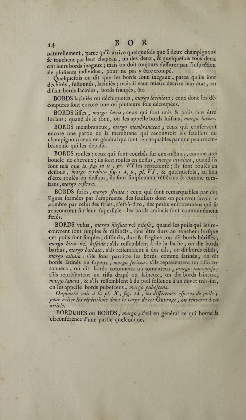 naturellement, parce qu’il arrive quelquefois que fi deux champignons fe touchent par leur chapeau , un des deux , & quelquefois tous deux ont leurs bords inégaux j mais on doit toujours s’affurer par l’infpeâion <le plufieurs individus, pour ne pas y être trompé. Quelquefois on dit que les bords font inégaux , parce qu’ils font déchirés , feflonnés, laciniés ; mais il vaut mieux décrire, leur état, en difant bords laciniés , bords frangés, &c. BORDS laciniés ou déchiquetés , margo laciniata ; ceux dont les dé¬ coupures font encore une ou plufieurs fois découpées. BORDS liffes , margo lævis ,* ceux qui font unis & polis fans être luifans ; quand ils le font, on les appelle bords luifans , margo lucens. BORDS membraneux, margo membranacea ; ceux qui confervent encore une partie de la membrane qui recouvroit les feuillets du champignon; ceux en général qui font remarquables par une peaumem- braneufe qui les dépaffe. BORDS roulés ; ceux qui font courbés fur eux-mêmes, comme une boucle de cheveux ; ils font roulés en deffus , margo involuta , quand ils font tels que la fig> iz h , pl. VI les repréfente ; ils font roulés en deffous , margo revoluta fig. i A, b , pl. VI ,• & quelquefois , au lieu d’être roulés en deffous, ils font ffmplement réfléchis ik comme tcm- bans, margo reflexa. BORDS ftriés, margo jlriata ; ceux qui font remarquables par des lignes formées par l’empreinte , des feuillets dont on pourroit favoir le nombre par celui des flries, c’eft-à-dire , des petits enfoncemens qui fe xencontrent fur leur fuperficie : les bords amincis font communément iïriés. BORDS velus, margo hirfutavel pilofa, quand les poils qui les re¬ couvrent font Amples & diffinéis , fans être durs au toucher: lorfque ces poils font Amples, diflin&s, durs 8t fragiles , on dit bords hériffés , margo hirta vel hifpida : s’ils reffemblent à de la barbe , on dit bords barbus , margo barbata : s’ils reffemblent à des cils, on dit bords ciliés , margo ciliata ; s’ils font paroître les bords comme fatinés, on dit bords fatinés ou foyeux , margo fericea : s’ils repréfentent un tiflu co¬ tonneux , on dit bords cotonneux ou tomenteux, margo tomentofa : s’ils repréfentent un tiffu drapé ou laineux, on dit bords laineux, margo Lanata& s’ils reffemblent à du poil follet ou à un duvet très-fin, on les appelle bords pubefcens , margo pubefcens. Onpourra voir à la pl. X, fig. iz , les différentes efpéces de poils ; pour éviter les répétitions dans le corps de cet Ouvrage, on renverra à cet article. BORDURES ou BORDS, margo ,• c’efl: en général ce qui borne h circonférence d’une partie quelconque.
