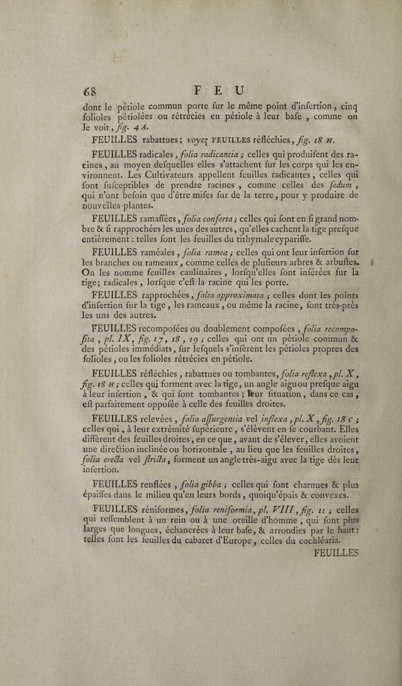 dont le pétiole commun porte fur le même point d’infertion, cinq folioles pétiolées ou rétrécies en pétiole à leur bafe , comme on le voit,fig. 4A. FEUILLES rabattues; voye^ feuilles réfléchies, fig. z8 h. FEUILLES radicales, folia radicantia ; celles qui produifent des ra¬ cines , au moyen defquelles elles s’attachent fur les corps qui les en¬ vironnent. Les Cultivateurs appellent feuilles radicantes, celles qui font fufceptibles de prendre racines , comme celles des fedum , qui n’ont befoin que d’être mifes fur de la terre, pour y produire de nouvelles plantes. FEUILLES ramaflees , folia conferta; celles qui font en fi grand nom¬ bre & fi rapprochées les unes des autres, qu’elles cachent la tige prefque entièrement : telles font les feuilles du tithymalecypariffe. FEUILLES raméales , folia ramea ; celles qui ont leur infertion fur les branches ou rameaux , comme celles de plufieurs arbres 8c arbufies. On les nomme feuilles caulinaires , lorfqu’elles font inférées fur la tige; radicales, lorfque c’ell la racine qui les porte. FEUILLES rapprochées , folia approximata ; celles dont les points d’infertion fur la tige , les rameaux , ou même la racine, font très-près les uns des autres. FEUILLES recompofées ou doublement compofées , folia rccompo- fita , pi. IX, fig. ly, 18 , zp ; celles qui ont un pétiole commun 8c des pétioles immédiats, fur lefquels s’infèrent les pétioles propres des folioles, ouïes folioles rétrécies en pétiole. FEUILLES réfléchies , rabattues ou tombantes, folia reflexa ,pl. X, fig. z 8 h ; celles qui forment avec la tige, un angle aigu ou prefque aigu à leur infertion , 8c qui font tombantes ; leur iituation , dans ce cas, efl: parfaitement oppofée à celle des feuilles droites. FEUILLES relevées, folia affurgentia vel inflexa ,pl.X ,fig. 18 c ; celles qui, à leur extrémité fupérieure, s’élèvent en fe courbant. Elles diffèrent des feuilles droites, en ce que, avant de s’élever, elles avoient une direétion inclinée ou horizontale , au lieu que les feuilles droites, folia erecla vel flricla, forment un angle très-aigu avec la tige dès leur infertion. FEUILLES renflées , folia gibba ; celles qui font charnues 8c plus épaiffes dans le milieu qu’en leurs bords, quoiqu’épais 8c convexes. FEUILLES réniformes, folia reniformia, pl. VIII, fig. zz ; celles qui reffemblent à un rein ou à une oreille d’homme , qui font plus larges que longues, échancrées à leur bafe, 8c arrondies par le haut: telles font les feuilles du cabaret d’Europe, celles du cochléaria. FEUILLES