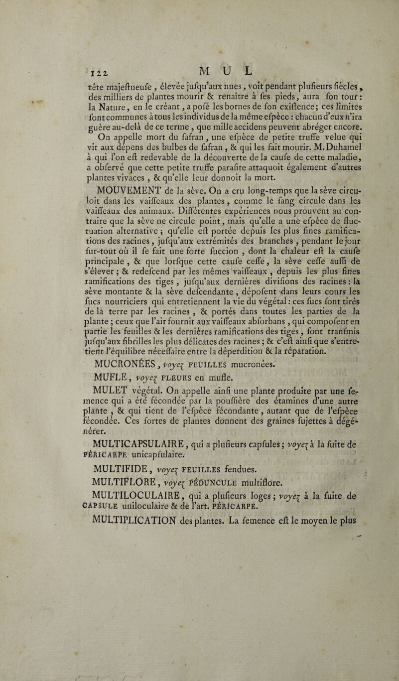 / j zi M U L tête majeftueufe , élevée jufqu’aux nues, volt pendant plufieurs fiècles » des milliers de plantes mourir 8c renaître à Tes pieds, aura fon tour: la Nature, en le créant, a pofé les bornes de fon exigence; ces limites font communes à tous les individus de la même efpèce : chacun d’eux n’ira guère au-delà de ce terme , que mille accidens peuvent abréger encore. On appelle mort du fafran, une efpèce de petite truffe velue qui vit aux dépens des bulbes de fafran , 8c qui les fait mourir. M. Duhamel à qui l’on eft redevable de la découverte de la caufe de cette maladie, a obfervé que cette petite truffe parafite attaquoit également d’autres plantes vivaces , 8c qu’elle leur donnoit la mort. MOUVEMENT de la sève. On a cru long-temps que la sève circu- loit dans les vaiffeaux des plantes, comme le fang circule dans les vaiffeaux des animaux. Différentes expériences nous prouvent au con¬ traire que la sève ne circule point, mais qu’elle a une efpèce de fluc¬ tuation alternative -, qu’elle efl portée depuis les plus Anes ramifica¬ tions des racines, jufqu’aux extrémités des branches , pendant le jour fur-tout ou il fe fait une forte fuccion , dont la chaleur efl la caufe principale , 8c que lorfque cette caufe celle, la sève ceffe aufli de s’élever ; 8c redefcend par les mêmes vaiffeaux , depuis les plus fines ramifications des tiges, jufqu’aux dernières divifions des racines : la sève montante 8c la sève defcendante , dépofent dans leurs cours les fucs nourriciers qui entretiennent la vie du végétal : ces fucs font tirés de la terre par les racines , 8c portés dans toutes les parties de la plante ; ceux que l’air fournit aux vaiffeaux abforbans , qui compofenten partie les feuilles 8c les dernières ramifications des tiges , font tranfmis jufqu’aux fibrilles les plus délicates des racines ; 8c c’efl ainfi que s’entre¬ tient l’équilibre néceffaire entre la déperdition 8c la réparation. MUCRONÉES , voye'i FEUILLES mucronées. MUFLE, voye£ FLEURS en mufle. MULET végétal. On appelle ainfi une plante produite par une fe- mence qui a été fécondée par la pouffière des étamines d’une autre plante , 8c qui tient de l’efpèce fécondante , autant que de l’efpèce fécondée. Ces fortes de plantes donnent des graines fujettes à dégé¬ nérer. MULTICAPSULAIRE, qui a plufieurs capfules; voye^ à la fuite de PÉRICARPE unicapfulaire. MULTIFIDE, voyei feuilles fendues. MULTIFLORE, voye^ péduncule multiflore. MULTILOCULAIRE, qui a plufieurs loges ; voye^ à la fuite de CAPSULE uniloculaire 8c de l’art. PÉRICARPE. MULTIPLICATION des plantes. La femence efl le moyen le plus i