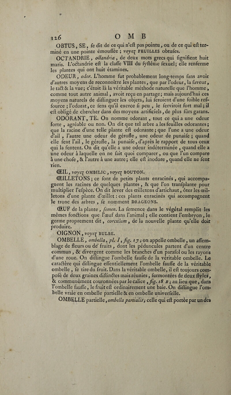 OBTUS , SE, le dit de ce qui n’eft pas pointu, ou de ce qui eft ter¬ miné en une pointe émouffée ; voye^ FEUILLES obtufes. OCTANDRIE, oclandria, de deux mots grecs qui lignifient huit maris. L’odandrie eft la claffe VIII du fyftême fexuel; elle renferme les plantes qui ont huit étamines. ODEUR; odor. L’homme fut probablement long-temps fans avoir d’autres moyens de reconnoître les plantes, que par l’odeur, la faveur, le ta&& la vue; c’étoit là la véritable méthode naturelle que l’homme, comme tout autre animal, avoit reçu en partage; mais aujourd’hui ces moyens naturels de diftinguer les objets, lui feroient d’une foible ref- fource ; l’odorat, ce fens qu’il exerce fi peu , le ferviroit fort mal ; il eft obligé de chercher dans des moyens artificiels, de plus fûrs garans. ODORANT, TE. On nomme odorant , tout ce quia une odeur forte , agréable ou non. On dit que tel arbre a les feuilles odorantes; que la racine d’une telle plante eft odorante ; que l’une a une odeur d’ail , l’autre une odeur de gérofle, une odeur de punaife ; quand elle fent l’ail, le gérofle, la punaife, d’après le rapport de tous ceux qui 1a. fentent. On dit qu’elle a une odeur indéterminée , quand elle a une odeur à laquelle on ne fait quoi comparer, ou que l’un compare à une chofe, & l’autre à une autre ; elle eft inodore , quand elle ne fent rien. ŒIL, voyei 0MBILIC * voy*\ bouton. OEILLETONS ; ce font de petits plants enracinés , qui accompa¬ gnent les racines de quelques plantes, 8c que l’on tranfplante pour multiplier l’efpèce. On dit lever des œilletons d’artichaut, ôter les œil¬ letons d’une plante d’œillet : ces plants enracinés qui accompagnent le tronc des arbres , fe nomment DRAGEONS. ŒUF de la plante, femen. La femence dans le végétal remplit les mêmes fondions que l’œuf dans l’animal ; elle contient l’embryon, le germe proprement dit, corculum , de la nouvelle plante qu’elle doit produire. OIGNON, voyei bulbe. OMBELLE, ombella, pi. 1, fig. ij ; on appelle ombelle, un affem- blage de fleurs ou de’ fruits, dont les péduncules partent d’un centre commun , & divergent comme les branches d’un parafol ou les rayons d’une roue. On diftingue l’ombelle fauffe de la véritable ombelle. Le caradère qui diflingue effentiellement l’ombelle fauffe de la véritable ombelle , fe tire du fruit. Dans la véritable ombelle, il eft toujours com- pofé de deux graines diffindes mais réunies, furmontées de deux ftyles, & communément couronnées par le calice ,jîg. iS b ; au lieu que, dans l’ombelle fauffe, le fruit eft ordinairement une baie. On diftingue l’om¬ belle vraie en ombelle partielle 8>t en ombelle univerfelle. OMBELLE partielle, ombella partialis'i celle qui eft portée par un des