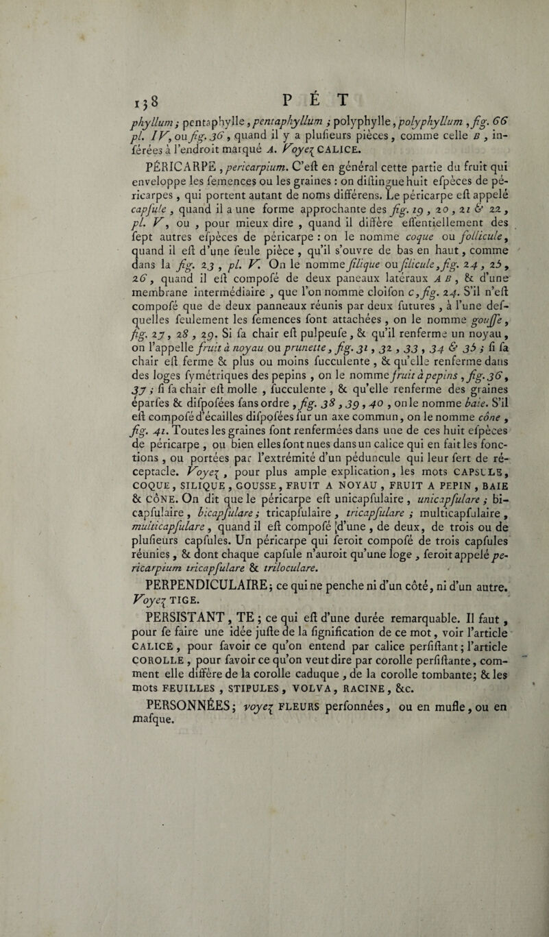 phyllum; pentaphyîle 9pentaphyllum ; polyphylle, polyphyllum ,fi'g. 66 pL IV, ou fig. 36, quand il y a plufieurs pièces , comme celle B , in¬ férées à l’endroit marqué A. Voye^ CALICE. PÉRICARPE , pericarpium. C’eft en général cette partie du fruit qui enveloppe les femences ou les graines : on diffinguehuit efpèces de pé¬ ricarpes , qui portent autant de noms différens. Le péricarpe eft appelé capfule , quand il a une forme approchante des fig. 19 , 20,21 & 22, pi. V, ou , pour mieux dire , quand il diffère effentjellement des fept autres efpèces de péricarpe : on le nomme coque ou follicule, quand il ell d’une feule pièce , qu’il s’ouvre de bas en haut, comme dans la fig. 2 3 , pi. K. O11 le nomme filique ou filleule, fig. 2 4, 2 5, 26“, quand il eff compofé de deux paneaux latéraux A b , 8c d’une membrane intermédiaire , que l’on nomme cloifon c,fig. 24. S’il n’eft compofé que de deux panneaux réunis par deux futures , à l’une def- quelles feulement les femences font attachées, on le nomme gouffe, fig. 2y, 28 , 29. Si fa chair eff pulpeufe, 8c qu’il renferme un noyau , on l’appelle fruit à noyau ou prunette, fig. 31,32,33,34 & j3 ; fi fa chair eff ferme 8c plus ou moins fucculente , & qu’elle renferme dans des loges fymétriques des pépins , on le nomme fruit à pépins , fig. 36, 3y ; fi fa chair eff molle , fucculente , 8c qu’elle renferme des graines éparfes 8c difpofées fans ordre ,fig. 38, 39,40 , on le nomme baie. S’il eff compofé d’écailles difpofées fur un axe commun, on le nomme cône , fig. 41. Toutes les graines font renfermées dans une de ces huit efpèces de péricarpe , ou bien elles font nues dans un calice qui en fait les fonc¬ tions , ou portées par l’extrémité d’un péduncule qui leur fert de ré¬ ceptacle. Voye{ , pour plus ample explication, les mots CAPSULE, COQUE, SILIQUE , GOUSSE, FRUIT A NOYAU , FRUIT A PEPIN , BAIE & CONE. On dit que le péricarpe eff unicapfulaire , unicapfulare ; bi- capfulaire , bicapfulare ; tricapfulaire , tricapfulare ; multicapfulaire , muiticapfiulare , quand il eff compofé [d’une , de deux, de trois ou de plufieurs capfules. Un péricarpe qui feroit compofé de trois capfules réunies , 8c dont chaque capfule n’auroit qu’une loge , feroit appelé pe~ ricarpium tricapfulare 8c triloculare. PERPENDICULAIRE; ce qui ne penche ni d’un côté, ni d’un autre. Voye| TIGE. PERSISTANT , TE ; ce qui eff d’une durée remarquable. Il faut , pour fe faire une idée juffe de la lignification de ce mot, voir l’article CALICE , pour favoir ce qu’on entend par calice perfiffant ; l’article COROLLE , pour favoir ce qu’on veut dire par corolle perfiffante, com¬ ment elle diffère de la corolle caduque , de la corolle tombante; 8c les mots FEUILLES , STIPULES, VOLVA , RACINE, 8tC. PERSONNÉES ; voyeç fleurs perfonnées, ou en mufle,ou en jmafque.