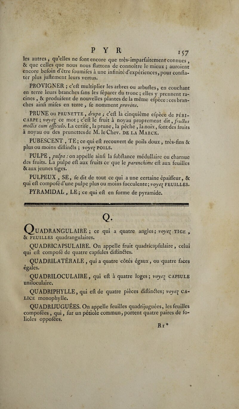 P Y R iS7 les autres , qu’elles ne font encore que très-imparfaitement connues, Sc que celles que nous nous flattons de connoître le mieux ; auroient encore befoin dêtre foumifes à une infinité d’expériences, pour confia- ter plus juftement leurs vertus. PROVIGNER ; c’efi multiplier les arbres ou arbuftes, en couchant en terre leurs branches fans les féparer du tronc ; elles y prennent ra¬ cines , & produifent de nouvelles plantes de la même efpèce : ces bran¬ ches ainfi mifes en terre , fe nomment provins. PRUNE ou PRUNETTE , drupa ; c’efi la cinquième efpèce de péri¬ carpe; voyez ce mot; c’efi le fruit à noyau proprement dit, fruclus mollis cum ojjiculo. La cerife, la prune, la pèche , la noix, font des fruits à noyau ou des prunettesde M. leChev. DE LA Marck. PUBESCENT , TE; ce qui efi recouvert de poils doux, très-fins 8c plus ou moins difiinéls ; voye^ POILS. PULPE , pulpa : on appelle ainfi la fubfiance médullaire ou charnue des fruits. La pulpe efi aux fruits ce que le parenchime efi aux feuilles &aux jeunes tiges. PULPEUX , SE, fe dit de tout ce qui a une certaine épaifieur, & qui efi compofé d’une pulpe plus ou moins fucculente; voye^ FEUILLES. PYRAMIDAL, LE ; ce qui efi en forme de pyramide. Q. (^UADRANGULAIRE ; ce qui a quatre angles; voye^ tige , & FEUILLES quadrangulaires. QUADRICAPSULAIRE. On appelle fruit quadricapfulaire, celui qui efi compofé de quatre capfules diftin&es. QUADRILATÉRALE, qui a quatre côtés égaux, ou quatre faces égales. QUADRILOCULAIRE, qui efi à quatre loges; voye^ capsule uniloculaire. QUADRIPHYLLE, qui efi de quatre pièces difiin&es; voye£ CA¬ LICE monophylle. QUADRIJUGUÉES. On appelle feuilles quadrijuguées, les feuilles compofées, qui, fur un pétiole commun, portent quatre paires de fo¬ lioles oppofées. Rr *